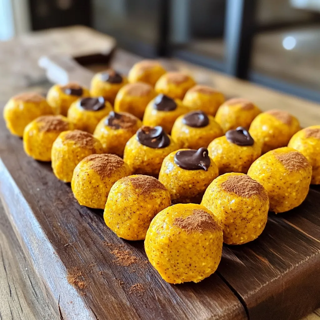 - 1 cup canned pumpkin puree - 1 cup rolled oats - 1/2 cup protein powder (vanilla or unflavored) These three main ingredients are the heart of the bites. Canned pumpkin puree gives a creamy texture and rich flavor. Rolled oats add fiber and help bind the mixture. Protein powder boosts the bites’ health benefits, giving you energy and strength. - 1/4 cup almond butter or peanut butter - 1/4 cup honey or maple syrup Nut butters add healthy fats and a creamy taste. I love almond butter for its nutty flavor, but peanut butter works well too. Honey or maple syrup sweetens the bites naturally. They give a touch of sweetness without being too sugary. - 1 teaspoon vanilla extract - 1 teaspoon cinnamon - 1/4 teaspoon nutmeg - Optional: 1/4 cup chocolate chips or nuts Vanilla extract adds a warm flavor. Cinnamon and nutmeg bring in fall vibes and warmth. For extra crunch and fun, toss in some chocolate chips or nuts. They make each bite exciting and delicious. Start by grabbing a large mixing bowl. In it, combine 1 cup of canned pumpkin puree with 1/4 cup of almond or peanut butter. Mix them well until the blend is smooth. Next, add 1/4 cup of honey or maple syrup to the bowl. This gives the bites a sweet taste. Finally, pour in 1 teaspoon of vanilla extract. Stir everything together until it is fully combined. Now, take a separate bowl. In this bowl, combine 1 cup of rolled oats, 1/2 cup of protein powder, 1 teaspoon of cinnamon, 1/4 teaspoon of nutmeg, and a pinch of salt. Mix these dry ingredients thoroughly. This step ensures that the spices and protein powder spread evenly throughout the bites. Gradually add the dry mix to the wet ingredients. Stir carefully until the dough is well combined. If you want, you can fold in 1/4 cup of chocolate chips or nuts for extra texture. Once the dough is mixed, use your hands to shape small balls, about 1 inch in diameter. Place these on a parchment-lined baking sheet. Finally, freeze the pumpkin bites for about 30 minutes. This helps them firm up. After they are set, transfer the bites to an airtight container for storage. They can last in the fridge for up to a week or in the freezer for longer freshness. To make great pumpkin protein bites, aim for a dough that feels slightly sticky but holds together well. If your mixture is too dry, add a bit more almond butter or honey. If it’s too wet, mix in a bit more oats or protein powder. For ingredient swaps, consider using sunflower seed butter instead of almond butter. You can also try agave syrup instead of honey for a vegan option. One common mistake is overmixing the dough. This can make the bites tough. Mix just until everything is combined. Also, be careful when measuring ingredients. Use dry measuring cups for oats and protein powder. If you don’t measure correctly, the texture may suffer. These bites pair well with yogurt or fresh fruit for a quick snack. They are also great for meal prep. Store them in the fridge or freezer for easy access. Enjoy them as a healthy pick-me-up during the day or before a workout. {{image_2}} You can easily change the flavor of pumpkin protein bites. Adding spices like ginger or cloves can bring warmth. These spices work well with pumpkin. You can also use different nut butters. Almond butter gives a mild taste, while peanut butter adds a rich flavor. Experiment with your favorites! If you want to change the protein source, there are many options. You can substitute different protein powders, like chocolate or plant-based ones. This can add new flavors. You can also add seeds like chia or flaxseed for extra protein. These seeds boost the nutrition and add a nice crunch. To give your bites a fun twist, add extra ingredients for texture. Dried fruits like raisins or cranberries add sweetness and chewiness. You can also mix in seeds for a satisfying crunch. If you love chocolate, adding more chocolate chips can make them extra sweet. Adjust the sweetness to match your taste! To keep your pumpkin protein bites fresh, place them in an airtight container. This container should go in the fridge. If you want to save them longer, freezing is a great option. Just make sure to wrap them tightly to avoid freezer burn. In the fridge, these bites stay good for about a week. If you freeze them, they can last up to three months. Be sure to label your container with the date you made them. This way, you can enjoy them at their best! You can eat these bites cold straight from the fridge. If you freeze them, let them thaw in the fridge overnight. They taste great after defrosting, too. Enjoy them as a quick snack or post-workout boost! Pumpkin Protein Bites can last up to one week in the fridge. Store them in an airtight container. If you need them to last longer, freeze them. In the freezer, they stay fresh for up to three months. Just let them thaw before eating. Yes, you can easily make these bites vegan. Use maple syrup instead of honey. For the protein powder, choose a plant-based option. Almond butter or peanut butter is naturally vegan, so you can keep those. If you don’t have protein powder, try using ground nuts or seeds. These will still give you some protein and keep the texture nice. You can also use rolled oats as a base, but it may change the final texture a bit. These pumpkin protein bites are easy to make and tasty. We used canned pumpkin, oats, and protein powder as our base. We also added nut butter and sweeteners for flavor. Mixing the wet and dry ingredients was simple. Remember to avoid common mistakes, like overmixing. In the end, you can make these bites your own with different flavors. They store well in the fridge or freezer. Try pairing them with yogurt for a fun snack. Enjoy your healthy treats!