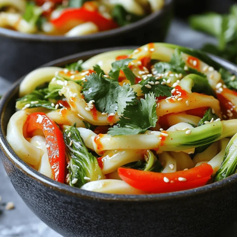 To make Spicy Chili Crisp Udon, you need these main ingredients: - 300g udon noodles - 2 tablespoons chili crisp oil - 1 tablespoon soy sauce - 1 teaspoon sesame oil - 1 teaspoon rice vinegar - 2 cloves garlic, minced - ½ inch ginger, grated - 1 red bell pepper, sliced - 1 cup bok choy, chopped - 2 spring onions, sliced (green and white parts separated) - 1 tablespoon toasted sesame seeds - Fresh cilantro for garnish - Salt and pepper to taste These ingredients create a tasty, spicy dish. Udon noodles give a chewy texture. Chili crisp oil adds heat and crunch. You can also add some extras to boost the flavor: - Sliced mushrooms for an umami kick - Cooked shrimp or chicken for protein - Bean sprouts for extra crunch - A squeeze of lime for brightness These add-ins can change the dish and make it your own. Mix and match to find your favorite combination. For the best results, I recommend these brands: - Chili Crisp Oil: - Lao Gan Ma Spicy Chili Crisp - Fly By Jing Sichuan Chili Crisp - Udon Noodles: - Nishin Udon Noodles - Myojo Chukazanmai Udon These brands are reliable and taste great. They make your Spicy Chili Crisp Udon even better. To cook udon noodles, first, boil a large pot of salted water. This helps flavor the noodles. Add the 300g udon noodles to the pot once it bubbles. Cook them for about 8 to 10 minutes, or follow the package instructions. When they are done, drain the noodles and rinse them under cold water. This stops the cooking. Set the noodles aside while you prepare the sauce and vegetables. Making the chili crisp sauce is simple. In a small bowl, mix together 2 tablespoons of chili crisp oil, 1 tablespoon of soy sauce, 1 teaspoon of sesame oil, and 1 teaspoon of rice vinegar. Stir the mixture well until it is fully blended. This sauce adds a spicy kick to the dish, so make sure to set it aside for later. Now, heat a large skillet or wok over medium heat. Add a splash of oil and wait until it gets hot. Next, add 2 cloves of minced garlic and ½ inch of grated ginger. Sauté these for about 30 seconds until they smell great. Then, toss in the sliced red bell pepper and 1 cup of chopped bok choy. Stir-fry these for about 3 to 4 minutes. You want them tender but still crisp. It's time to bring everything together! Add the cooked udon noodles to the skillet with the sautéed vegetables. Pour the chili crisp sauce over the noodles. Gently toss everything so the noodles are well-coated in sauce. If the noodles seem too dry, add a splash of water to loosen them up. Taste your dish and season it with salt and pepper if needed. Finally, serve the noodles in deep bowls, garnished with sliced spring onions, toasted sesame seeds, and fresh cilantro. Enjoy your delicious meal! To get the best flavor, use fresh ingredients. Fresh garlic and ginger make a huge difference. Mix the chili crisp oil with soy sauce, sesame oil, and rice vinegar. This mix adds depth to your dish. Taste as you go. Adjust the soy sauce for saltiness and the vinegar for tang. If the spice is too strong, add more noodles to balance it out. One common mistake is overcooking the udon noodles. Follow the package instructions closely. Rinse them under cold water to stop cooking. Another mistake is adding too much sauce. Start with a little and add more if needed. Don’t skip the garnishes. They add color and flavor. Finally, avoid cooking the vegetables too long. They should stay crisp and bright. Use a large pot for boiling noodles. A non-stick skillet or wok works best for sautéing. A wooden spoon helps to mix everything without sticking. A sharp knife makes slicing veggies easy. Finally, use measuring spoons for accurate sauce amounts. Having the right tools helps you cook like a pro. {{image_2}} You can make Spicy Chili Crisp Udon more filling by adding protein. Some great options include: - Chicken: Use cooked, shredded chicken for a tasty boost. - Shrimp: Add shrimp to the skillet when you sauté the garlic and ginger. - Tofu: Cube firm tofu and fry it until golden. It absorbs flavors well. Each protein choice will add flavor and keep you full. This dish is easy to adapt for vegetarians and vegans. Here are some ideas: - Tofu: As mentioned, use tofu for a vegan protein source. - Mushrooms: Sauté shiitake or cremini mushrooms for a meaty texture. - Tempeh: Crumble tempeh into the dish for a nutty flavor and nutrition. These options keep your meal plant-based and delicious. If you need a gluten-free version, swap out a few ingredients: - Noodles: Use rice noodles or gluten-free udon noodles. - Soy sauce: Choose tamari, which is gluten-free. - Chili crisp oil: Make sure your chili crisp oil is gluten-free. These swaps keep your dish safe and tasty without gluten. To keep your Spicy Chili Crisp Udon fresh, place leftovers in an airtight container. This prevents air from getting in and keeps the flavors intact. Make sure to cool the noodles before storing them. You can store them in the fridge for up to three days. If you want to keep them longer, consider freezing. When you’re ready to enjoy your leftovers, reheating is key. The best way to reheat udon is in a skillet. Heat a bit of oil over medium heat, then add the noodles. Stir them gently for a few minutes until warm. If they seem dry, add a splash of water or more chili crisp oil. This keeps the noodles soft and flavorful. For longer storage, you can freeze the udon. First, cool the dish completely. Then, place it in a freezer-safe bag or container. Be sure to remove as much air as possible to avoid freezer burn. Your udon can last up to three months in the freezer. When you’re ready to eat it, thaw it overnight in the fridge and reheat as mentioned above. Chili crisp oil is a blend of several ingredients. It mainly contains oil, dried chilies, garlic, and spices. Some recipes may add onion, sesame seeds, or even peanuts for crunch. The mix gives it a bold flavor and a nice texture. You can buy it or make your own at home. Yes, you can use other noodles! Soba, rice, or even spaghetti work well. Just cook them as per the package directions. Choose the noodle that you love most. Each type will add its own twist to the dish. To change the spice level, you have a few options. Add more chili crisp oil for extra heat. If you want less spice, use less oil or choose a milder brand. You can also add sugar or honey to balance heat with sweetness. Many side dishes complement Spicy Chili Crisp Udon. Try a simple cucumber salad for a refreshing crunch. Steamed dumplings or spring rolls also work nicely. A light miso soup can warm up the meal. Choose what you enjoy for a complete dining experience. This article covered how to make Spicy Chili Crisp Udon, from selecting the best ingredients to cooking steps. You learned about crucial flavors, tips for success, and fun variations. Remember, cooking is about experimenting. Don’t be afraid to add your own touch. Whether you like it spicy or mild, you can make a dish that suits your taste. Enjoy your cooking and the delicious meal you’ve created!