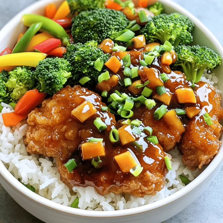 Chicken and Marinade Components - 1 pound boneless, skinless chicken thighs, cut into bite-sized pieces - 2 tablespoons cornstarch - 2 tablespoons vegetable oil The chicken thighs are key. They stay juicy and tender. The cornstarch helps the chicken crisp up nicely. The oil gives it a great sear. Vegetables Used - 1 cup broccoli florets - 1 bell pepper, diced (red or green) - 1 carrot, thinly sliced - 2 green onions, sliced (for garnish) Broccoli adds crunch and color. Bell peppers bring a sweet taste. Carrots add a nice texture. Green onions make a fresh garnish. Sauce Ingredients - 3 cloves garlic, minced - 1-inch piece of ginger, grated - 1/4 cup soy sauce - 2 tablespoons brown sugar - 1 tablespoon rice vinegar - 1 tablespoon sesame oil - 1 teaspoon red pepper flakes (adjust to taste) Garlic and ginger give the dish a bold flavor. Soy sauce adds saltiness. Brown sugar brings a hint of sweetness. Rice vinegar adds a little tang. Sesame oil adds richness, while red pepper flakes kick up the heat. Start by cutting 1 pound of boneless, skinless chicken thighs into bite-sized pieces. Place the chicken in a medium bowl. Add 2 tablespoons of cornstarch to the chicken. Toss the chicken until it is well-coated with the cornstarch. This step helps the chicken to crisp up nicely when cooked. Heat 2 tablespoons of vegetable oil in a large skillet over medium-high heat. Once the oil is hot, add the chicken pieces. Cook the chicken for about 5 to 7 minutes. You want it to turn golden brown and crispy. Once done, remove the chicken from the skillet and set it aside. In the same skillet, add 3 cloves of minced garlic and 1-inch of grated ginger. Sauté these for about 30 seconds until they smell amazing. In a small bowl, mix together 1/4 cup of soy sauce, 2 tablespoons of brown sugar, 1 tablespoon of rice vinegar, 1 tablespoon of sesame oil, and 1 teaspoon of red pepper flakes. Pour this sauce into the skillet and let it simmer for 2 to 3 minutes. Add 1 cup of broccoli florets, 1 diced bell pepper, and 1 thinly sliced carrot. Stir to coat the veggies with the sauce. Cook for another 3 to 4 minutes until the vegetables are tender-crisp. Now, return the crispy chicken to the skillet. Stir everything together so the chicken is coated in that rich sauce. Let it cook for another 1 to 2 minutes. This step helps the flavors meld together. Serve your General Tso's chicken mixture over cooked jasmine rice. Don't forget to garnish each bowl with sliced green onions for that fresh touch! To get the best crispy chicken, use boneless, skinless chicken thighs. They stay juicy and tender. Coat the chicken pieces well with cornstarch. This will help create that perfect crunch. Heat your oil until it shimmers before adding the chicken. Cook the chicken in batches if needed. This keeps the temperature high, ensuring crispiness. Once golden brown, let the chicken rest on a paper towel. This helps absorb excess oil. For great vegetable texture, cut your veggies evenly. This ensures they cook at the same pace. I love using broccoli, bell peppers, and carrots. They add color and crunch. Add the vegetables to the skillet after cooking the garlic and ginger. This way, they soak in the flavors. Cook them just until tender-crisp, about 3-4 minutes. You want them bright and fresh, not mushy. To boost flavor, try adding a splash of lime juice before serving. This adds a nice zing. You can also sprinkle sesame seeds on top for crunch. If you enjoy heat, increase the red pepper flakes. Fresh herbs like cilantro or basil can add a fresh twist. For a bit of sweetness, drizzle a little honey in the sauce. Experiment with these ideas to make your General Tso's Chicken Bowls truly yours. {{image_2}} You can switch the protein in this dish for different options. If you want chicken, try chicken breasts for a leaner choice. Tofu is great for a plant-based meal. Just cut it into cubes and follow the same steps. Shrimp also works well. They cook quickly and add a nice flavor. Always adjust the cooking time based on the protein you choose. Mixing up the veggies can change the flavor and look of your dish. Try snap peas, mushrooms, or zucchini for a fun twist. You can also add baby corn or water chestnuts for extra crunch. Feel free to add any fresh veggies you like. Just make sure to keep them tender-crisp when cooking. For a gluten-free option, use tamari instead of soy sauce. This simple swap keeps the rich flavor without gluten. Check your cornstarch to ensure it is gluten-free. Most brands are, but it’s good to check. Serve the dish over rice or quinoa for a wholesome meal. Enjoy the same great taste without the gluten! To store leftovers, let the General Tso’s chicken cool completely. Place it in an airtight container. You can keep it in the fridge for up to three days. If you want to keep it longer, consider freezing it. To reheat, take the chicken out of the fridge. You can microwave it for about 1-2 minutes. Stir halfway to heat evenly. If you prefer, you can also reheat it on the stove. Just add a little oil to a pan and warm it over medium heat for about 5 minutes. This keeps the chicken crispy. For freezing, put the cooled chicken in a freezer-safe container. It will last up to three months in the freezer. When you want to eat it, thaw it in the fridge overnight. Reheat as mentioned before. This makes for a quick meal later! General Tso's chicken is a popular Chinese dish. It features crispy chicken coated in a sweet and spicy sauce. The dish often includes garlic, ginger, and vegetables like broccoli. It’s served over rice, making it a filling meal. You usually find this dish in Chinese restaurants around the world. Yes, you can use chicken breasts instead of thighs. Chicken breasts are leaner but can dry out faster. To keep them juicy, avoid overcooking. Thighs have more fat, which adds flavor and moisture. If you prefer breasts, cut them into bite-sized pieces just like thighs. You can serve General Tso's chicken bowls with various sides. Cooked jasmine rice is the classic choice. You can also add steamed vegetables for extra nutrition. Consider egg rolls or dumplings for a fun twist. A simple salad can brighten the meal too! To make this recipe healthier, try these tips: - Use skinless chicken breasts instead of thighs. - Reduce the amount of brown sugar in the sauce. - Add more colorful vegetables like bell peppers and carrots. - Serve it with brown rice instead of white rice. These changes keep the flavors while boosting nutrition. This blog post covered how to make General Tso's Chicken from start to finish. You learned about the key ingredients, step-by-step cooking methods, and tips for great texture. We discussed variations, storage, and common questions, making it easier for you to adapt this dish. Remember, cooking should be fun and creative. Enjoy experimenting with flavors and ingredients that suit your taste.