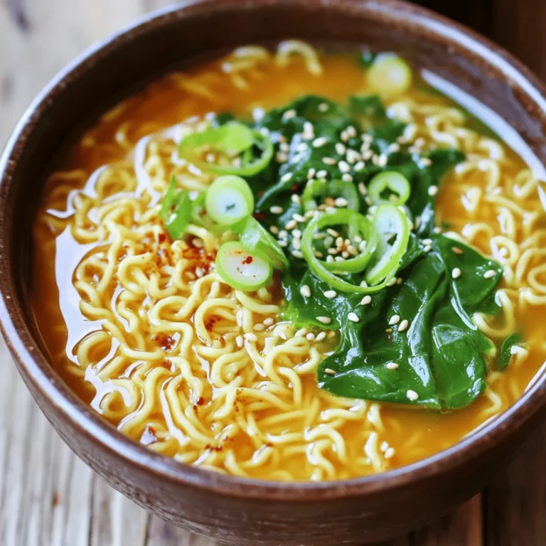 To make Minute Garlic Chili Ramen, you need a few key ingredients: - 2 packs of instant ramen noodles - 3 cloves of garlic, minced - 1 tablespoon of chili oil - 4 cups of vegetable broth - 1 tablespoon soy sauce - 1 teaspoon sesame oil - Salt and pepper to taste These ingredients create a rich and savory base for your ramen. The instant ramen noodles cook quickly, giving you a fast meal. The garlic adds a nice aroma, while the chili oil brings heat and depth. You can add some optional ingredients for extra flavor and nutrition: - 1 cup baby spinach - 1 tablespoon sesame seeds (for garnish) - 1 green onion, sliced (for garnish) Adding baby spinach boosts the nutrients without changing the flavor much. Sesame seeds and green onions make your dish look great. They also add a nice crunch and fresh taste. Feel free to mix and match these extras to suit your taste! 1. First, grab a medium saucepan. Heat the chili oil over medium heat. 2. Next, add the minced garlic. Sauté it for about 1-2 minutes. You want it fragrant but not brown. 3. Now, pour in the vegetable broth. Bring it to a boil. This adds depth to your dish. 4. Once the broth is boiling, add the instant ramen noodles. Cook them based on package instructions, usually around 3 minutes. 5. In the last minute of cooking, stir in soy sauce, sesame oil, and baby spinach if you want. This boosts flavor and nutrients. 6. Taste the broth. Adjust it with salt and pepper as you like. This step is key for balance. 7. After the noodles are cooked, remove the pot from heat. 8. Finally, ladle the ramen into bowls. Garnish with sliced green onion and sesame seeds for a pop of color and texture. To avoid overcooking ramen noodles, follow these steps: - Timing is key: Cook the noodles for just 3 minutes. - Taste test: Check the noodles a minute early. They should be tender but firm. - Cool quickly: If you overcook them, rinse under cold water for a few seconds. For flavor enhancement, do the following: - Sauté garlic: Cook minced garlic until fragrant. This adds strong flavor. - Use quality broth: Vegetable broth infuses rich taste. Always choose low-sodium options for control. - Add spices: Experiment with chili flakes or a dash of soy sauce for more depth. Pair your ramen with proteins or veggies for a balanced meal: - Add cooked chicken: Shredded chicken works well and adds protein. - Try tofu: Cubed, pan-fried tofu gives a nice texture and absorbs flavors. - Include veggies: Spinach, carrots, or bok choy add nutrients and color. For creative presentation ideas: - Use bowls: Serve in deep bowls for a cozy feel. - Garnish artfully: Place green onions and sesame seeds in a circle on top. - Add a pop of color: A slice of lime or a red chili pepper can brighten the dish. {{image_2}} You can change the taste of your Minute Garlic Chili Ramen by adding different spices or sauces. Here are some ideas: - Soy Sauce: Try using low-sodium soy sauce for less salt. - Sriracha: Add Sriracha for extra heat. - Miso Paste: Mix in miso paste for a rich, umami flavor. - Sesame Seeds: Toasted sesame seeds add a nutty taste and crunch. For veggies, you can toss in: - Broccoli Florets: These add a nice crunch and healthy nutrients. - Carrots: Shredded or sliced carrots bring sweetness and color. - Bell Peppers: Thinly sliced peppers add a fresh crunch and flavor. If you need gluten-free options, look for rice noodles or gluten-free ramen. Many brands offer these alternatives, making it easy to enjoy your ramen without gluten. For vegetarian or vegan adaptations, stick to vegetable broth, and leave out any animal products. You can also replace the soy sauce with tamari, which is gluten-free and often vegan. Adding baby spinach makes this dish even healthier. It cooks quickly and adds vitamins. You can also use kale or bok choy for more options. These simple changes keep your ramen exciting and tailored to your needs. Enjoy experimenting! To store leftover ramen, let it cool first. Place it in a container. Use airtight containers for best results. Glass or plastic containers work well. Keep it in the fridge. Use the leftovers within three days for the best taste. If you have broth and noodles, store them separately. This keeps the noodles from getting mushy. Reheat your ramen in a pot on the stove. Add a splash of water or broth. Heat on medium until warm. Stir gently to keep noodles intact. You can also use a microwave. Place ramen in a bowl with a lid. Heat in short bursts, stirring in between. This helps keep the texture and flavor. Enjoy your ramen hot and tasty! Can I use regular garlic instead of minced? Yes, you can use regular garlic. Just chop it finely. Minced garlic mixes better in the dish. It also gives a stronger flavor. If you want a smoother sauce, stick with minced. How spicy is this recipe, and can I reduce the spice level? This recipe has a nice kick. The chili oil adds heat. To tone it down, use less chili oil. You can also add more broth to balance the spice. Adjust it to your taste. Which brands offer garlic chili flavored ramen? Many brands make garlic chili ramen. Look for Samyang and Nissin. They have great flavors. Check your local store or online for options. Are instant ramen noodles healthy? Instant ramen can be quick but not always healthy. They often have high sodium. You can make them healthier by adding veggies. Use low-sodium broth for better nutrition. This blog post covered how to make a tasty bowl of Minute Garlic Chili Ramen. We looked at essential and optional ingredients, preparation steps, and cooking tips. I shared ways to customize flavors and accommodate dietary needs. Plus, we covered storage and reheating for leftovers. Cooking ramen can be fun and simple. With a few steps, you can enjoy a delicious meal. Try new flavors and make it your own. Happy cooking!