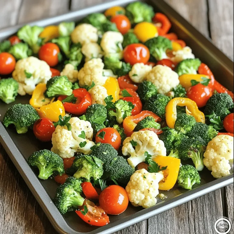 - 2 cups broccoli florets - 2 cups cauliflower florets - 1 cup bell peppers, diced - 1 cup cherry tomatoes, halved Fresh veggies add color and crunch. I love how broccoli and cauliflower mix well in the oven. They get tender yet stay a bit crisp. Bell peppers add sweetness, while cherry tomatoes burst with juicy flavor. Use any color of bell pepper you like. Each adds a unique taste. - 1/4 cup unsalted butter, melted - 2 tablespoons olive oil - 4 cloves garlic, minced - 1 teaspoon dried oregano - 1 teaspoon dried thyme Garlic butter is the star here. The butter gives a rich taste, and olive oil helps with cooking. Minced garlic brings a bold flavor. Dried oregano and thyme add earthy notes. This mix coats the veggies, making them delicious and aromatic. You can adjust the garlic to fit your taste. - Salt and pepper to taste - Fresh parsley, chopped Salt and pepper enhance every bite. Fresh parsley adds a pop of color and a hint of freshness. I like to sprinkle it on right before serving. It brightens the dish and makes it look great. Don't skip this step; it really ties everything together! To start, preheat your oven to 425°F (220°C). This step is key for crisp veggies. While the oven heats, grab a large mixing bowl. Add 2 cups of broccoli florets, 2 cups of cauliflower florets, 1 cup of diced bell peppers, and 1 cup of halved cherry tomatoes. Mix them well to ensure an even spread of colors and flavors. Next, make the garlic butter sauce. In a separate bowl, whisk together 1/4 cup of melted unsalted butter and 2 tablespoons of olive oil. This mixture adds richness to your veggies. Then, add 4 cloves of minced garlic, 1 teaspoon of dried oregano, and 1 teaspoon of dried thyme to the bowl. Don’t forget to add salt and pepper to taste. Whisk until everything is well combined. Now it’s time to roast. Pour the garlic butter mixture over your mixed veggies. Toss them until they are all evenly coated. Spread the veggies in a single layer on a large sheet pan. Make sure they are not crowded; this helps them roast nicely. Place the pan in the preheated oven. Roast for about 20 to 25 minutes. Halfway through, stir the veggies to ensure even cooking. When they are tender and lightly browned, take them out. Let them cool slightly, then garnish with fresh chopped parsley before serving. To get the best results, space out the vegetables on the pan. If they touch, they will steam instead of roast. This makes them less crisp. Stir the veggies halfway through cooking. This helps them brown evenly. Use a spatula to flip them gently. You can change up the herbs for more taste. Try adding rosemary or basil for a fresh twist. You can also use spices like paprika or cumin. They add a nice kick. For extra flavor, sprinkle parmesan cheese before serving. It melts nicely and adds richness. This veggie medley pairs well with proteins. Serve it with grilled chicken or fish for a complete meal. For a fun touch, use a colorful platter. Arrange the veggies in a circle and sprinkle fresh parsley on top. This makes the dish look inviting and fresh. {{image_2}} You can always add more veggies to this medley. Seasonal vegetables work great. Try zucchini, asparagus, or even carrots. Each one brings a new taste. You can also swap out your favorites. If you have green beans or snap peas, toss them in too. Just keep the cooking time in mind. Cheese can really boost the flavor. Try adding parmesan or feta before serving. The cheese melts and adds a nice creaminess. You can also use different herbs. Basil, rosemary, or dill bring fresh notes. Experiment with what you like most. If you want a vegan dish, replace the butter with olive oil. Use a plant-based alternative for cheese too. This keeps it tasty and plant-friendly. For gluten-free needs, check all labels. Most ingredients are gluten-free, but always verify. This way, everyone can enjoy it. After you enjoy your meal, let the leftovers cool down. Store them in the fridge. Use airtight containers to keep the veggies fresh. You can keep them for up to three days. Keep in mind that some veggies may lose their crispness over time. To reheat, the oven is my favorite method. Set it to 350°F (175°C). Place the veggies on a baking sheet. Heat for about 10-15 minutes. This keeps them tasty and helps regain some texture. You can also use the microwave. If you do, cover them to avoid drying out. Heat in short bursts and stir in between. You can freeze the cooked veggie medley. Let it cool completely first. Then, pack it in freezer-safe bags. Remove as much air as you can. They can last for up to three months in the freezer. When you’re ready to eat, thaw them in the fridge overnight. Reheat them in the oven or microwave as mentioned. Yes, you can use frozen vegetables. They save time and still taste good. Just make sure to thaw them first. This helps them cook evenly. Keep an eye on the cooking time. Frozen veggies may need a bit more time in the oven. This dish pairs well with many options. You can serve it with grilled chicken or fish. It also goes nicely with quinoa or rice. For a light meal, enjoy it with a fresh salad. The flavors blend well with a variety of foods. To add spice, consider using red pepper flakes. A teaspoon will give a nice kick. You might also try adding jalapeños or a splash of hot sauce. Mix these into the garlic butter for added heat throughout the dish. Absolutely, you can make the garlic butter ahead of time. Just mix it and store it in the fridge. It will keep well for up to three days. When ready, warm it slightly before mixing with the veggies. Cut the vegetables into similar sizes for even cooking. Aim for about one-inch pieces. This helps them cook at the same rate. For cherry tomatoes, simply halve them. Use a sharp knife for clean cuts and safety. This guide covered all you need to make a tasty Sheet Pan Garlic Butter Veggie Medley. We reviewed fresh veggies to use and crafted a simple garlic butter sauce. You learned how to roast the veggies for the best flavor and texture. Consider trying different vegetables and herbs for variety. This dish is versatile and can fit many diets. Store your leftovers well and enjoy them later. Cooking should be fun, so experiment and make this recipe your own!