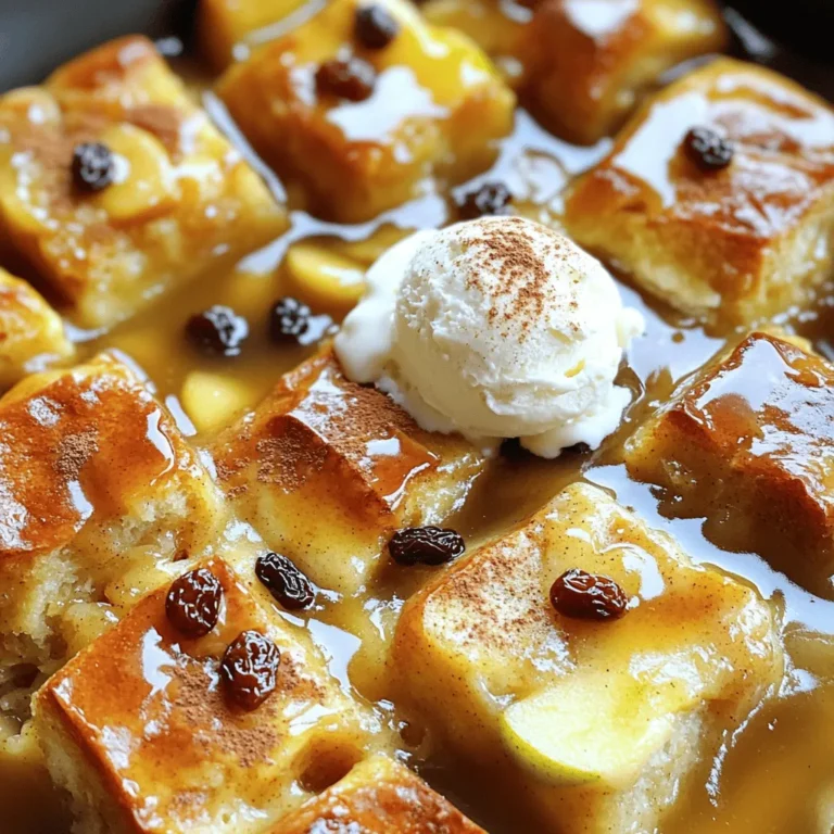 - Day-old bread options: You can use 6 cups of day-old bread. Challah or brioche works best. These breads soak up the mixture well and give a rich flavor. - Flavoring components: The magic lies in the mix of 2 cups of apple cider, 1 cup of milk, and 4 large eggs. Add in 3/4 cup of brown sugar and 1 teaspoon each of vanilla extract and ground cinnamon. A dash of nutmeg and a bit of salt complete the flavor base. - Optional mix-ins: You can add 1 cup of diced Granny Smith apples for a tart bite. If you want, toss in 1/2 cup of raisins and 1/4 cup of chopped pecans or walnuts. These add texture and taste, making every bite delightful. This combination of ingredients creates a warm, comforting dish. You can easily adjust the flavors based on what you have. Enjoy the process of making this delicious slow cooker apple cider bread pudding. Start by making the liquid mix. In a large bowl, whisk together: - 2 cups apple cider - 1 cup milk - 4 large eggs - 3/4 cup brown sugar - 1 teaspoon vanilla extract - 1 teaspoon ground cinnamon - 1/2 teaspoon ground nutmeg - 1/4 teaspoon salt Mix until you see no lumps. This blend gives the bread pudding its rich flavor. Next, prepare your bread. Use 6 cups of day-old bread, like challah or brioche. Cut it into cubes. Day-old bread absorbs the liquid well, making the pudding soft and tasty. Once your bread is ready, it’s time to soak it. Place the cubed bread in the slow cooker. Pour the liquid mix over the bread. Make sure every piece gets soaked. This step is key for the best texture. Now, add in some diced apples. I like using Granny Smith apples for their tartness. You can also mix in 1/2 cup of raisins or 1/4 cup of chopped nuts if you want some extra flavor and crunch. Just gently fold these in. Set your slow cooker to low. Cover it and cook for 6 to 8 hours. The pudding is done when it’s set and a knife comes out clean from the center. After cooking, turn off the slow cooker. Let the bread pudding sit for about 15 minutes. This helps it firm up and makes serving easier. Enjoy it warm, drizzled with a bit of apple cider or topped with whipped cream or ice cream if you like! Choosing the right bread is key. I love using day-old challah or brioche. These breads soak up the flavors well. They also stay soft and tasty. Make sure to cube the bread into even pieces. This helps them soak equally. Soaking time can change based on your bread. If you use softer bread, soak it for less time. About 30 minutes is enough. For sturdier bread, you can soak it longer. Just keep an eye on it. You want the bread to be moist but not mushy. Toppings can make your bread pudding shine. You can serve it with whipped cream or vanilla ice cream. A drizzle of extra apple cider adds a nice touch. For added crunch, sprinkle chopped pecans or walnuts on top. For sides, consider fresh fruit. A fruit salad or even apple slices works well. You can also serve it with a warm cup of apple cider. This makes a great pairing to highlight the apple flavors in the pudding. Enjoy your tasty creation! {{image_2}} You can change up the taste of your slow cooker apple cider bread pudding. Try using different fruits. Pears or peaches work well with apple cider. They add sweetness and different textures. You could also use dried fruits like cranberries or apricots. They bring a nice tartness and chewiness to each bite. Next, think about spices. Ground ginger or allspice can add a warm kick. If you love a hint of citrus, add some orange or lemon zest. These small changes can create a whole new flavor experience. If you need gluten-free options, use gluten-free bread. Many stores sell great gluten-free bread that works well. Just make sure to choose a bread that is dense, like a gluten-free challah or brioche. For vegan adaptations, replace the eggs with a flaxseed mixture. Mix 1 tablespoon of ground flaxseed with 2.5 tablespoons of water. Let it sit for a few minutes to thicken. Use almond or oat milk instead of regular milk. For sweetening, maple syrup can be a great choice instead of brown sugar. Store your apple cider bread pudding in an airtight container. This keeps it fresh and tasty. You can keep it in the fridge for up to five days. If you want to keep it longer, freezing is a great option. To reheat, use the microwave for quick warmth. Heat it in short bursts. You can also warm it in the oven at 350°F until hot. If you freeze it, wrap it well to avoid freezer burn. Thaw it in the fridge overnight before reheating. Enjoy your tasty treat again! Can I make this recipe ahead of time? Yes, you can prepare this dish ahead of time. Mix the bread and liquid the night before. Store it in the fridge overnight. In the morning, just place it in the slow cooker. This saves time and lets the flavors blend well. What bread works best for bread pudding? Day-old bread is key for this recipe. I like using challah or brioche. These breads soak up the apple cider and milk nicely. They add a rich flavor and soft texture. You can also use French bread or even whole wheat. Just make sure it's a bit stale. Can I replace apple cider with something else? Yes, you can swap apple cider for other liquids. Try using fruit juice like pear or white grape. You can also use a mix of milk and a splash of vanilla extract. This change will give you a different flavor but keeps the dish tasty. This article covered how to make delicious bread pudding. We explored the necessary ingredients, preparation steps, and cooking instructions. I shared tips for texture, serving suggestions, and variations for dietary needs. You learned how to store leftovers and reheat them properly. With these simple steps, you can create a tasty dessert that fits any occasion. Enjoy experimenting with flavors and making this dish your own!