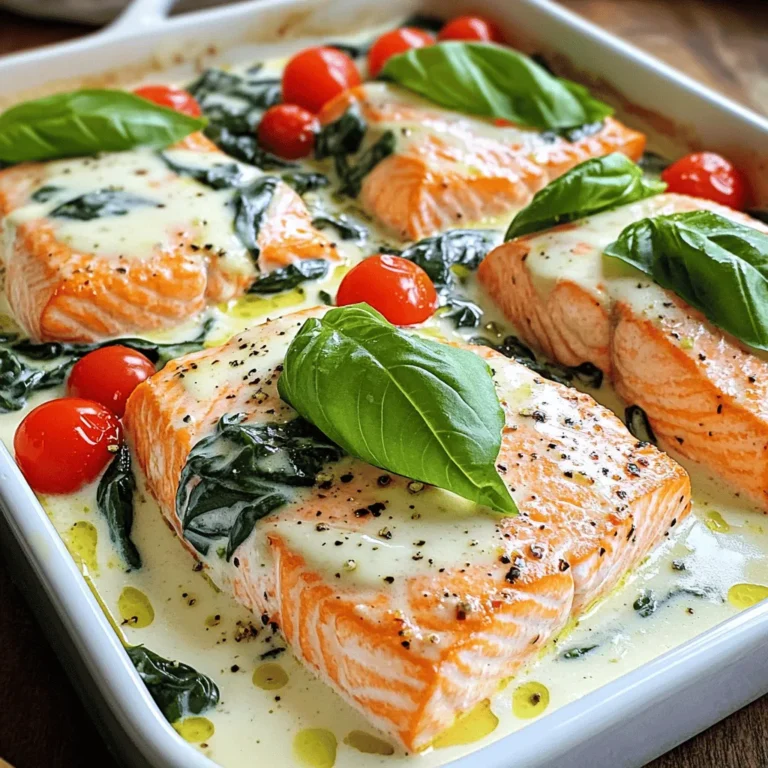 Here’s what you need for creamy Tuscan garlic salmon: - 4 salmon fillets - 2 tablespoons olive oil - 4 cloves garlic, minced - 1 cup cherry tomatoes, halved - 1 cup fresh spinach - 1 cup heavy cream - ½ cup grated parmesan cheese - 1 teaspoon Italian seasoning - Salt and pepper to taste - Fresh basil for garnish Each ingredient brings something special to the dish. The salmon provides rich flavor and healthy fats. Olive oil adds a nice base for cooking. Garlic gives it that warm, comforting aroma. Cherry tomatoes pop with sweetness and color, while spinach adds freshness. Heavy cream creates the sauce's creamy texture, and parmesan cheese gives it depth. Italian seasoning ties all the flavors together. Feel free to adjust seasonings to your taste. If you like a bit of heat, consider adding crushed red pepper. This recipe is versatile, so you can personalize it as you wish. Enjoy exploring the flavors while you cook! 1. Heating the olive oil: Start by heating 2 tablespoons of olive oil in a large skillet over medium-high heat. You want the oil hot but not smoking. This step is key for getting a nice sear on the salmon. 2. Seasoning the salmon fillets: Take 4 salmon fillets and season them with salt and pepper. This simple seasoning brings out the fish's natural flavor. 3. Cooking time and technique: Place the salmon skin-side down in the skillet. Cook for about 4-5 minutes on each side. Look for a golden brown color and ensure the fish is cooked through. Once done, remove the salmon and set it aside. 1. Sautéing garlic and tomatoes: In the same skillet, add 4 minced garlic cloves. Sauté for about 30 seconds until it smells great. Next, toss in 1 cup of halved cherry tomatoes. Cook these for another 2-3 minutes until they start to soften. 2. Adding cream and cheese: Lower the heat, then stir in 1 cup of heavy cream. Next, add ½ cup of grated parmesan cheese and 1 teaspoon of Italian seasoning. Mix well and let this simmer for 3-4 minutes. Stir often until the sauce thickens slightly. 3. Thickening the sauce: As you stir, keep an eye on the sauce. It should coat the back of a spoon. This is how you know it's thickened right. 1. Incorporating spinach: Add 1 cup of fresh spinach to the skillet. Cook for about 2 minutes until the spinach wilts and blends into the sauce. 2. Returning salmon to the skillet: Now, return the salmon fillets to the skillet. Spoon the creamy sauce over each fillet. Let everything cook together for 2 more minutes to heat through. 3. Serving presentation: Plate the salmon and drizzle extra sauce on top. You can add fresh basil for a nice touch. This will make your dish look even more inviting! - Checking for doneness: The best way to check if salmon is done is to use a fork. Gently flake the salmon at its thickest part. If it flakes easily and is opaque, it's ready. The internal temperature should be 145°F. This ensures the fish is safe to eat and still moist. - Skin-side cooking technique: Begin cooking the salmon skin-side down. This helps keep the fish moist and adds flavor. The skin also protects the fish from overcooking. After 4-5 minutes, flip it to get a nice, crispy finish. - Avoiding splitting cream: To prevent the cream from splitting, keep the heat low when you add it to the pan. Stir often and avoid boiling the sauce. This helps maintain a smooth and creamy texture. - Tips for flavor enhancement: You can enhance the sauce's flavor by adding a splash of white wine or a squeeze of lemon juice. Fresh herbs like thyme or parsley also add a nice touch. Mix these in just before serving for a fresh burst of taste. - Using fresh herbs: Fresh basil is a great garnish for this dish. It adds color and a fragrant aroma. Simply tear the leaves and sprinkle them over the salmon just before serving. - Additional toppings: You can add a sprinkle of grated parmesan on top for extra flavor. Chopped sun-dried tomatoes or pine nuts also make great toppings. These add texture and a pop of flavor to your creamy salmon dish. {{image_2}} You can switch up the fish in this recipe. If you want a lighter option, try using tilapia or cod. These fish cook quickly and soak up flavor well. For a richer taste, consider using trout. If you need a dairy-free option, swap out the heavy cream for coconut cream or a nut-based cream. These alternatives provide a similar texture without dairy. Just remember, coconut cream may add a hint of sweetness. Adding lemon juice can elevate your dish. It brightens the flavors and adds a nice zing. A squeeze of fresh lemon over the salmon just before serving works wonders. You can also add more vegetables to the sauce. Zucchini, bell peppers, or mushrooms blend well with the creamy sauce. Just sauté them with the garlic and tomatoes to enhance the dish's nutrition. This dish pairs great with pasta or rice. The creamy sauce clings to these sides, making every bite delicious. Serve it over a bed of fettuccine or alongside fluffy jasmine rice. For a lighter meal, turn this salmon into a salad. Flake the salmon and toss it with fresh greens, cherry tomatoes, and a light vinaigrette. This adds crunch and freshness, making it a perfect summer meal. To keep your creamy Tuscan garlic salmon fresh, place leftovers in an airtight container. Store them in the fridge for up to three days. When you're ready to eat, reheat gently on the stove or in the microwave. Use low heat to avoid drying out the salmon. Add a splash of cream to keep it moist. You can freeze the creamy sauce for later use. Pour it into a freezer-safe container. It lasts up to two months. Avoid freezing the salmon, as it can lose its texture. When you're ready to use the sauce, thaw it overnight in the fridge. Reheat on low heat, stirring gently to avoid lumps. In the fridge, creamy Tuscan garlic salmon lasts about three days. If it looks off, smells sour, or feels slimy, toss it out. Always trust your senses. Fresh, flavorful meals are the best! To check if salmon is cooked, use a meat thermometer. The safe internal temperature for salmon is 145°F. When the salmon flakes easily with a fork, it's ready. The flesh should look opaque and not raw. If you see any translucent areas, it needs more time. Cook it for an extra minute or two if needed. Yes, you can use frozen salmon. Just remember to thaw it first. The best way to thaw salmon is by placing it in the fridge overnight. If you're short on time, seal the salmon in a bag and submerge it in cold water for about an hour. When cooking, add a minute or two to the cooking time to ensure it cooks through evenly. This dish pairs well with many sides. Here are some quick ideas: - Steamed broccoli or green beans - Garlic bread for a tasty bite - Light salad with mixed greens and a vinaigrette - Rice or quinoa to soak up the creamy sauce - Roasted potatoes for a hearty touch These sides help create a balanced meal and enhance your dining experience. This blog post covered a delicious creamy Tuscan garlic salmon dish. We explored each step, from selecting fresh ingredients to cooking techniques. You learned tips for perfecting salmon and creating a rich sauce. We also discussed variations and storage methods for leftovers. I hope you feel inspired to try this recipe. It's simple yet packed with flavor. Enjoy making this meal and sharing it with friends and family!