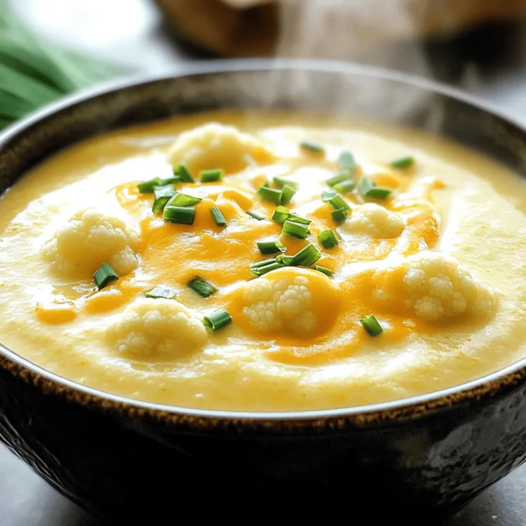 - 1 large head of cauliflower, chopped into florets - 1 medium onion, diced - 3 cloves of garlic, minced - 2 medium potatoes, diced - 4 cups vegetable broth The cauliflower forms the heart of this soup. It adds a creamy texture and a mild taste. Onions and garlic bring a lovely aroma and depth. Potatoes help thicken the soup and add heartiness. Vegetable broth ties it all together, giving the soup a warm base. - 2 cups shredded sharp cheddar cheese - 1 cup heavy cream The cheese gives that rich, cheesy flavor. I like to use sharp cheddar for a bold taste. Heavy cream adds creaminess and smoothness, making each bite feel luxurious. - 1 teaspoon dried thyme - 1 teaspoon smoked paprika - Salt and pepper to taste - Fresh chives, chopped (for garnish) Dried thyme and smoked paprika add layers of flavor. They make the soup taste cozy and inviting. Salt and pepper help balance everything out. Fresh chives on top not only look pretty but also add a fresh bite. Start by chopping the large head of cauliflower into small florets. Make sure they are bite-sized. This helps them cook evenly. Next, take the two medium potatoes and dice them into small pieces. This adds creaminess and heartiness to the soup. Now, grab one medium onion. Dice it finely so it blends well with the other veggies. Then, take three cloves of garlic and mince them. Garlic adds a wonderful flavor that makes the soup tasty. In your slow cooker, layer the chopped cauliflower, diced potatoes, and the diced onion. Add the minced garlic on top. This layering helps the flavors mix as they cook. Now, pour in four cups of vegetable broth. This is the base of your soup. Add one teaspoon of dried thyme and one teaspoon of smoked paprika for flavor. Don’t forget to season with salt and pepper to taste. These little touches make a big difference. Set your slow cooker to low for 6 to 8 hours. If you’re in a hurry, you can set it to high for 3 to 4 hours. Your goal is to make sure the veggies become tender. A good way to check for doneness is to poke a potato with a fork. If it goes in easily, the soup is ready. Once cooked, use an immersion blender to blend the soup until it’s smooth and creamy. This step is key for that rich texture. After blending, stir in two cups of shredded sharp cheddar cheese and one cup of heavy cream. Mix until the cheese melts completely. Taste and adjust the seasoning if needed. Your soup is now ready to serve. To make your soup nice and creamy, use an immersion blender. After cooking, blend the soup right in the slow cooker. This saves time and mess. Blend until smooth. You can also control the texture better this way. If the soup is too thick, add a bit more broth. You want it creamy, not a paste. Adding spices and herbs can really boost the flavor. I love using dried thyme and smoked paprika. They add warmth and depth. You can also try a pinch of nutmeg for a twist. For cheese, shredded sharp cheddar is great, but feel free to mix it up. Gruyère or pepper jack can add different tastes. Just remember, the cheese should melt well. Prep your ingredients in advance. Chop the cauliflower and potatoes the night before. Store them in airtight bags in the fridge. You can also dice the onions and mince the garlic early. This way, everything is ready when it's time to cook. For storage, keep prepped veggies in the fridge for up to two days. This makes cooking easier and quicker on busy days. {{image_2}} You can add protein to this soup for extra flavor and nutrition. Bacon or chicken works well. For bacon, cook it first, then crumble it into the soup before serving. It gives a nice smoky taste. If you want a vegetarian option, consider using beans or lentils. They add protein without meat. Chickpeas are another great choice. They blend well and enhance the soup's texture. If you need a dairy-free soup, there are easy swaps. Use non-dairy cheese made from nuts or soy. Coconut milk is a great substitute for heavy cream. It keeps the soup creamy without dairy. To keep the flavors rich, add more spices. Nutritional yeast can also boost the cheesy flavor. Mixing in flavors like garlic powder can enhance the dish, making it enjoyable for all. You can mix in more veggies for added health benefits. Spinach or kale are excellent choices. They bring color and nutrients to the soup. Just add them in the last hour of cooking. This keeps them bright and fresh. Carrots or bell peppers also work well. They add a slight sweetness. Adding more vegetables makes your soup hearty and nutritious. Plus, it helps you reach your daily veggie goals! To keep your leftover soup tasty, put it in the fridge. Use an airtight container. This will stop air from getting in and keep the soup fresh. You can store it for up to five days. If you want to save it for later, freezing is a great option. Let the soup cool first, then pour it into freezer-safe bags or containers. Make sure to leave some space at the top for expansion. The soup stays good in the freezer for about three months. When it's time to eat your soup again, you have a couple of good choices. The microwave is fast and easy. Just pour the soup into a bowl and heat it for a couple of minutes. Stir halfway through to keep it even. The stovetop method is my favorite. Pour the soup into a pot and warm it on low heat. Stir it often. This way, you can watch the soup heat up and adjust the flavor if needed. In the fridge, your soup lasts about five days. Check for signs that it has gone bad. If it has an off smell or strange color, it's best to toss it. Also, look for any mold on the surface. If you see any, do not eat it. Keeping your soup in good storage helps it taste great when you are ready to enjoy it again. Yes, you can make this soup ahead of time. I often prepare it a day or two before I plan to serve it. To do this, follow the recipe as usual. Let the soup cool completely before storing it in an airtight container. It will stay fresh in the fridge for about 3 to 4 days. You can also freeze it if you want to keep it longer. Just remember to leave some space in the container for expansion. When ready to eat, thaw it overnight in the fridge. Then warm it on the stove or in the microwave until hot. If you need a cheese swap, plenty of options exist! You could try gruyere or gouda for a rich flavor. For a lighter taste, mozzarella works well too. If you want a sharp taste, consider using a blue cheese. Each cheese will change the flavor profile a bit, so choose what you enjoy most. You can also mix different cheeses for a unique twist. Just make sure to use a cheese that melts well for the best texture. Sometimes, your soup may need a little thickening. You can use a few simple methods to do this. One way is to mash some of the potatoes with a fork. This adds creaminess without extra steps. Another option is to stir in a bit of cornstarch mixed with water. Just mix one tablespoon of cornstarch with two tablespoons of cold water. Add this to the soup and cook on high for about 10 minutes. Lastly, if you like, you can add more cheese to thicken it up while boosting flavor. Yes, this soup is gluten-free! The ingredients used, like cauliflower, potatoes, and vegetable broth, contain no gluten. Just ensure your broth is gluten-free as some brands add gluten-containing ingredients. If you use homemade broth, you can easily control the ingredients. This soup fits well into a gluten-free diet, making it a great option for everyone. Enjoy it without worry! This blog post showed how to make a tasty slow cooker cauliflower cheddar soup. We covered ingredients, prep steps, cooking methods, and useful tips for flavor and texture. You can make it your own by adding protein or choosing dairy-free options. Proper storage helps the soup last longer. Now, you can enjoy a creamy bowl of soup anytime! Try it out and share it with friends for a comforting meal.