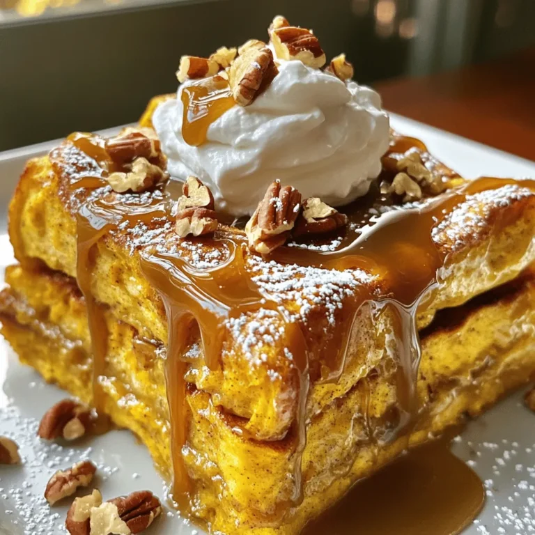 To make a delicious Caramel Pumpkin French Toast Bake, you need simple and fresh ingredients. Here’s a detailed list: - 1 loaf of challah bread, cut into cubes - 1 cup canned pumpkin puree - 6 large eggs - 2 cups milk - 1/2 cup brown sugar - 1 teaspoon vanilla extract - 1 teaspoon ground cinnamon - 1/2 teaspoon ground nutmeg - 1/4 teaspoon salt - 1 cup caramel sauce (store-bought or homemade) - Whipped cream for serving (optional) - Chopped pecans for garnish (optional) Each ingredient plays a key role in creating the rich flavor of this dish. The challah bread gives a nice texture and absorbs the pumpkin mixture well. Canned pumpkin puree adds warmth and earthiness to the bake. Eggs and milk create a creamy custard, while brown sugar adds sweetness. Spices like cinnamon and nutmeg bring out the fall flavors we love. The caramel sauce adds a sweet touch on top, while whipped cream and pecans make for great garnishes. Use these ingredients for a cozy, sweet breakfast that everyone will enjoy! - Preheat the oven to 350°F (175°C). - Grease a 9x13 inch baking dish with butter or non-stick spray. - Layer the cubed challah bread in the dish evenly. - In a large bowl, whisk together the pumpkin puree, eggs, milk, brown sugar, vanilla, cinnamon, nutmeg, and salt until smooth. - Pour the pumpkin mixture evenly over the bread cubes. Press down gently to soak the bread. - Drizzle half of the caramel sauce over the bread mixture. Swirl it slightly with a knife for ribbons of caramel. - Cover the dish with aluminum foil and bake for 30 minutes. - Remove the foil and bake for another 15-20 minutes. The top should be golden and the custard set. - Let it cool for a few minutes. Serve warm, drizzled with the remaining caramel sauce. Add whipped cream and chopped pecans if you like. Ensuring even soaking of bread To get the best flavor, soak the bread evenly. After you pour the pumpkin mixture over the bread cubes, use a spatula to press them down. This helps each piece soak up the mixture. Make sure no bread cubes are left dry. Adjusting caramel for desired sweetness Taste your caramel sauce before using it. If you like it sweeter, add a little more brown sugar to the pumpkin mix. If you find it too sweet, reduce the caramel. You can also add a pinch of salt to balance the flavors. Pairing with beverages like coffee or tea This dish pairs well with coffee or chai tea. The warm spices match perfectly with the pumpkin flavor. A hot cup of cocoa also works well for a cozy breakfast. Creative garnish ideas Top your French toast bake with a dollop of whipped cream. You can also sprinkle chopped pecans on top for a nice crunch. Drizzling extra caramel sauce adds a sweet touch, making each bite delightful. {{image_2}} You can change the flavor of your Caramel Pumpkin French Toast Bake easily. One way is to use different types of bread. Try brioche or sourdough for a unique twist. Each bread brings its own taste and texture. Another fun option is to add chocolate chips or nuts. Chocolate chips melt and add sweetness. Nuts, like pecans or walnuts, give a nice crunch. Mix in about one cup for a tasty surprise. If you need gluten-free options, choose gluten-free bread. Many brands offer great alternatives that taste good. You can still enjoy this dish without the gluten. For a dairy-free version, use almond or oat milk instead of regular milk. Also, look for dairy-free caramel sauce. This way, you can make this dish fit your dietary needs perfectly. To store leftovers in the fridge, let the dish cool down. Cover it with plastic wrap or foil. This keeps it fresh. It will last for up to three days in the fridge. For the best taste, reheat in the oven. Preheat your oven to 350°F (175°C). Place the dish in the oven for about 15 minutes. This warms it evenly and keeps the texture nice. You can also use a microwave, but it may not heat as evenly. To freeze, let the bake cool completely. Cut it into portions for easy use. Wrap each piece tightly in plastic wrap, then in foil. Label with the date, and it will stay fresh for up to three months. Thaw it overnight in the fridge before reheating. You can use brioche, French bread, or sourdough bread. These breads work well too. They are soft and soak up the pumpkin mixture nicely. Try using a bread that you enjoy for the best flavor. Just make sure it is not too dense. You can prepare the dish the night before. Just follow the steps and cover it with foil. Place it in the fridge after pouring the pumpkin mixture over the bread. In the morning, bake it straight from the fridge. Add a few extra minutes to the baking time to ensure it cooks through. Yes, homemade caramel sauce is a great choice. It adds a personal touch and tastes amazing. If you make it, let it cool before using. This way, it will drizzle easily over the dish. Plus, you can adjust the sweetness to your liking! This blog post covers a tasty pumpkin bread pudding recipe. We explored ingredients, step-by-step instructions, and tips for great baking. You learned about flavor and storage options too. Remember, this dish can be adjusted to fit your tastes. Use different breads or add your favorite treats. Cooking should be fun and rewarding. Enjoy crafting this delicious dessert, and don’t hesitate to share it with others!