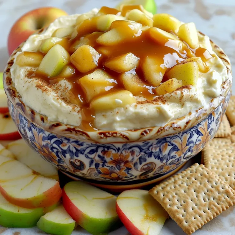 To make this tasty dip, you need some key items: - 8 oz cream cheese, softened - ½ cup brown sugar - ½ cup powdered sugar - 1 teaspoon vanilla extract - ½ cup caramel sauce (plus extra for drizzling) - 1 apple, cored and diced (I suggest Granny Smith for a tart taste) - ½ teaspoon cinnamon These ingredients work together to create a creamy and sweet base with a hint of spice. You can add some fun extras to make your dip even better: - ½ cup toffee bits (for a nice crunch) Toffee bits add a sweet, crunchy texture that really complements the dip. For dipping, I recommend a few tasty choices: - Sliced apples - Graham crackers Sliced apples bring freshness, while graham crackers add a nice crunch. You can mix and match to find your favorite! To make this dip, you need only 10 minutes. Gather all your ingredients first. This makes mixing easier and faster. Use a medium bowl for your mixing. A hand mixer or a whisk works best for blending. Start by adding the softened cream cheese to the bowl. Then, add the brown sugar and powdered sugar. Mix them together until smooth and creamy. Next, add the vanilla extract for flavor. Gently fold in the caramel sauce, but save some for later. Now, add the diced apples and sprinkle in the cinnamon. If you like crunch, toss in the toffee bits. Mix everything well until fully combined. Transfer your creamy dip to a serving bowl. Drizzle the reserved caramel sauce over the top. This makes it look extra tasty. Chill the dip in the fridge for about 30 minutes. This helps the flavors blend nicely. When ready to serve, place sliced apples and graham crackers around the bowl. For a lovely touch, sprinkle some cinnamon on top and add a few apple slices as decoration. Enjoy this treat with friends and family! To get the best texture, always use softened cream cheese. This helps it blend smoothly. Mix the cream cheese with both sugars and vanilla first. Use a hand mixer for a creamy base. Avoid lumps for a silky dip. After mixing in the caramel, fold gently. This keeps the dip light and airy. Chilling the dip for at least 30 minutes helps the flavors blend well. You can add more flavor with a few simple tweaks. Try adding a pinch of nutmeg for warmth. A splash of lemon juice brightens the taste. For a crunchy twist, mix in toffee bits. They add texture and sweetness. You can also use different types of apples. Honeycrisp or Fuji can add a sweet touch. If you like nuts, chopped pecans work great too. Store any leftover dip in an airtight container. It lasts in the fridge for up to four days. If you want to enjoy it later, cover it well. For a fun presentation, serve the dip in a decorative bowl. Arrange sliced apples and graham crackers around it. This makes it easy for guests to dip right in. Drizzling extra caramel on top adds a nice touch. {{image_2}} You can change this dip for any season or event. For fall, try adding pumpkin spice. It pairs well with the apples and caramel. During summer, use fresh berries instead of apples. They add a bright flavor and color. For spring, mix in some citrus zest for a fresh twist. You can make this dip fit many diets. For gluten-free, use gluten-free graham crackers and ensure your caramel sauce is gluten-free. To make it vegan, swap cream cheese for a vegan cream cheese. Use maple syrup instead of brown sugar for sweetness. Choose a vegan caramel sauce for that rich flavor. Get creative! You can add nuts for crunch; pecans or walnuts work well. Mix in some chocolate chips for a sweet surprise. For a spicier touch, try adding a pinch of cayenne pepper. This will give your dip a fun kick. Lastly, consider drizzling with dark chocolate for a rich finish. To store leftover dip, place it in an airtight container. Make sure to cover the top with plastic wrap or a lid. This keeps the dip fresh and prevents it from absorbing smells from the fridge. Store it for up to three days for the best taste. Always use a clean spoon when serving to avoid bacteria. You can freeze this dip but be cautious. The texture may change when thawed. To freeze, put it in a freezer-safe container. Leave some space at the top for expansion. Thaw it in the fridge overnight before serving. Mix it well after thawing to restore its creamy texture. The dip stays fresh in the fridge for about three days. If you see any discoloration or smell anything off, it’s best to discard it. For frozen dip, consume it within two months for the best flavor. Always check before serving. Fresh ingredients, like the apples, need to be added right before serving for the best crunch. Yes, you can use other apples. Apples like Fuji, Honeycrisp, or Gala work well. They add sweet flavors to the dip. However, I suggest sticking to tart apples like Granny Smith. They balance the sweet caramel and cream cheese nicely. To make this dip healthier, try using low-fat cream cheese. You can also reduce the sugar. Honey or maple syrup can replace some sugar. Adding more diced apples boosts the fiber content too. If you want a substitute for cream cheese, try Greek yogurt. It gives a creamy texture and adds protein. Silken tofu can also work well for a dairy-free option. Adjust the sweetness to match your taste. Yes, you can make this dip ahead of time. Prepare it up to two days in advance. Just store it in an airtight container in the fridge. Drizzle the caramel on top right before serving for the best look. The best caramel sauce is one you enjoy. You can use store-bought sauce or homemade sauce. Look for a sauce that is thick and rich. It should have a smooth texture that complements the dip. In this blog post, we covered how to make a tasty caramel apple cream cheese dip. You learned about the key ingredients, step-by-step prep, and tips for the best flavor. I shared fun ways to enjoy it and storage tips to keep it fresh. Remember, you can mix in your favorite flavors or dietary needs. This dip is great for any gathering. Enjoy being creative with it!