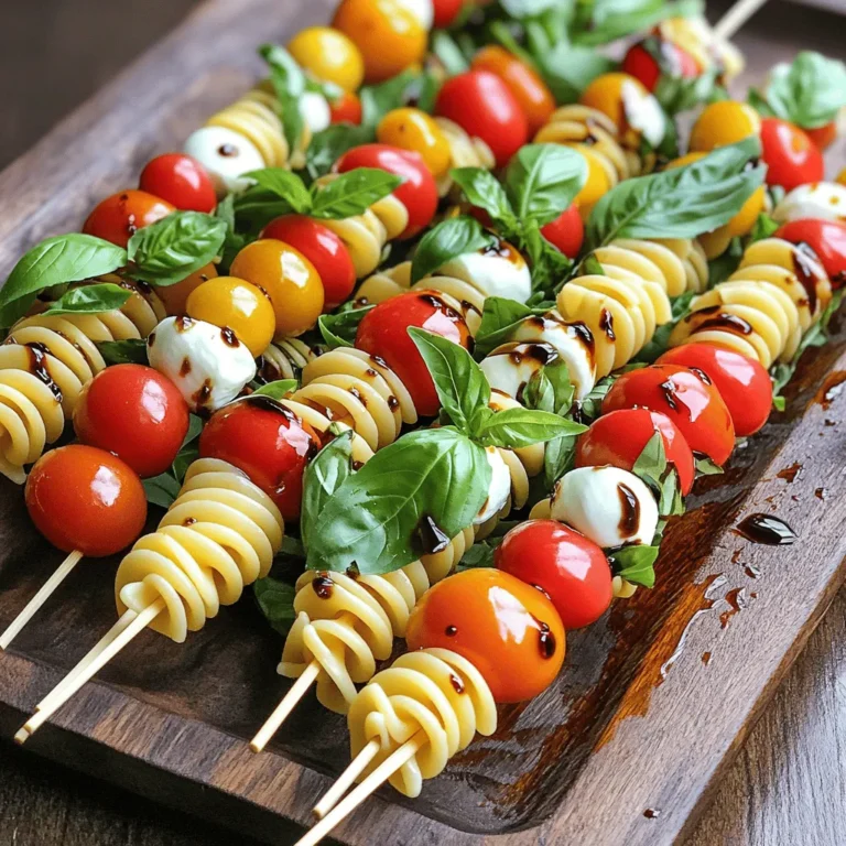 - 8 oz. pasta (preferably fusilli or rotini) - 1 cup cherry tomatoes, halved - 1 cup fresh mozzarella balls (bocconcini) - 1 cup fresh basil leaves - 1/4 cup balsamic glaze - 2 tablespoons olive oil - Salt and pepper to taste - 12 wooden skewers You can switch the pasta for any small type you like. Penne or bow tie pasta works well, too. Instead of cherry tomatoes, you can use grape tomatoes. If you can't find mozzarella balls, cut a larger ball into cubes. Fresh basil gives great taste, but dried basil can work in a pinch. Just use less, as dried herbs are stronger. To enhance your skewers, try adding sliced olives or artichokes. You might also add diced bell peppers for crunch. A sprinkle of crushed red pepper flakes can give a spicy kick. For extra creaminess, include a bit of ricotta or feta cheese. Start by boiling water in a large pot. Add a pinch of salt to the water. Once it reaches a boil, add 8 oz. of pasta. I prefer fusilli or rotini for this dish. Cook the pasta until it is al dente, which means it should have a slight bite. This usually takes about 8-10 minutes. After cooking, drain the pasta and let it cool. Cooling it helps prevent the pasta from sticking together. Grab your 12 wooden skewers. Now, let’s put together the skewers. In a large bowl, toss the cooled pasta with 2 tablespoons of olive oil, salt, and pepper to taste. Take a skewer and thread on a cherry tomato half first. Next, add a fresh mozzarella ball. Then, place a basil leaf on the skewer. Add a few pasta twists and repeat the process. Keep going until the skewer is filled, but leave some space on each end for easy handling. Once your skewers are ready, arrange them on a serving platter. Just before serving, drizzle with 1/4 cup of balsamic glaze. This adds a sweet and tangy finish that complements the flavors. Enjoy these delicious Caprese Pasta Salad Skewers! To make the best Caprese Pasta Salad Skewers, start with the right pasta. I love using fusilli or rotini. Their twists hold the flavors well. Cook the pasta until it's al dente. This keeps it firm and prevents it from getting mushy on the skewer. After cooking, cool the pasta completely. Toss it with olive oil, salt, and pepper for extra taste. When threading the skewers, alternate the colors and textures. Use cherry tomatoes, mozzarella, and basil in each skewer. This makes each bite a burst of flavor. How you present your skewers can make a big difference. Arrange them in a tall glass for a fun look. You can also lay them flat on a serving platter. Drizzle balsamic glaze on top just before serving. This adds a shiny finish and a sweet taste. Garnish with extra basil leaves around the platter. This adds a pop of color and freshness. Caprese Pasta Salad Skewers are great for parties or picnics. They are easy to grab and eat. You can serve them with a side of extra balsamic glaze for dipping. If you want to add a twist, pair them with grilled chicken or shrimp. They also work well with a light salad on the side. Enjoy them cold or at room temperature for the best taste. {{image_2}} You can use many pasta shapes for these skewers. Fusilli and rotini are great choices. They hold onto the sauce well. You might also try penne or farfalle. Each shape adds a fun twist. Just make sure to cook them al dente for the best bite. These skewers are easy to make vegetarian or vegan. Simply swap the mozzarella for vegan cheese. There are many tasty options on the market. You can also add roasted vegetables. Grilled zucchini or bell peppers work well. They boost flavor and add color. You can change the ingredients based on the season. In summer, use ripe heirloom tomatoes. In fall, try adding roasted butternut squash. Fresh herbs like dill or parsley can add a nice touch too. Adjust the flavors to match what is fresh and available. This keeps the dish exciting all year round. To store leftover Caprese pasta salad skewers, wrap them well in plastic wrap. You can also use an airtight container. This keeps the flavors fresh. Store them in the fridge for up to three days. Avoid stacking the skewers to keep them from getting squished. These skewers taste best cold, so reheating is not needed. If you prefer warm pasta, remove the pasta from the skewer. Heat it in a pan over low heat. Add a splash of olive oil to keep it moist. Once warm, you can reassemble the skewers for serving. Freezing these skewers is not recommended. The fresh ingredients, like tomatoes and basil, do not freeze well. They lose their taste and texture. If you want to prep ahead, make the pasta and store it separately. Assemble the skewers fresh for the best flavor. Yes, you can make these skewers ahead of time. Just follow the recipe steps and store them in the fridge. Keep the skewers covered with plastic wrap to keep them fresh. I suggest adding the balsamic glaze right before serving. This keeps the flavors bright and fresh. These skewers pair well with many dishes. You can serve them with grilled chicken or fish for protein. They also go great with a green salad or garlic bread. If you want a light meal, serve them with a refreshing drink like lemonade or iced tea. To add protein, you have a few tasty options. You can use grilled chicken pieces or diced ham. Shrimp is also a great choice. Just make sure to cook the protein first. Then, thread it onto the skewers with the pasta, cheese, and veggies. This adds flavor and makes the dish more filling. You learned about making delicious Caprese Pasta Salad Skewers. I shared the key ingredients, substitutions, and fun add-ons. You saw simple steps for cooking, assembling, and drizzling with balsamic glaze. I gave tips for perfecting your skewers and ideas for serving. You can try various pasta types and adjust for seasons. Don't forget storage and reheating tips for leftovers. Enjoy making these tasty skewers and impress your guests!