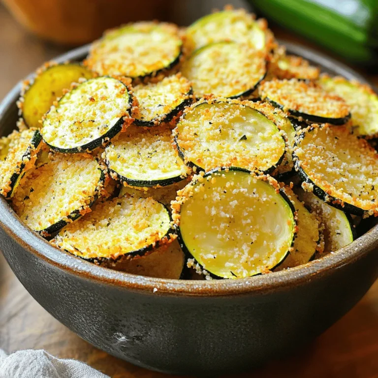 - 2 medium zucchinis, sliced thinly - 1/2 cup grated Parmesan cheese - 1/2 cup breadcrumbs (panko for extra crunch) - 1 teaspoon garlic powder - 1 teaspoon onion powder - 1 teaspoon Italian seasoning - Salt and pepper to taste - 1 large egg, beaten - Olive oil spray The heart of this recipe is the zucchini. I love using fresh zucchinis because they are crisp and light. When sliced thin, they turn into lovely chips. Next, we have Parmesan cheese. It adds a rich flavor and a nice crunch when baked. I often use panko bread crumbs for extra crispiness. They give a great texture to each chip. For flavor, I include garlic powder, onion powder, and Italian seasoning. These spices make the chips taste amazing. A pinch of salt and pepper brings out the other flavors. You will also need one large egg. This acts as a binder for the coatings. Finally, I use olive oil spray to help the chips crisp up in the air fryer. It’s a small step that makes a big difference. Set your air fryer to 400°F (200°C). This high heat gives the zucchini chips a crispy texture. Preheating ensures even cooking. It’s a key step for great results. In a large bowl, mix these dry ingredients: - 1/2 cup grated Parmesan cheese - 1/2 cup breadcrumbs (panko for extra crunch) - 1 teaspoon garlic powder - 1 teaspoon onion powder - 1 teaspoon Italian seasoning - Salt and pepper to taste This blend adds flavor and crunch to the zucchini. In a separate bowl, beat one large egg. This will help the coating stick. Take each zucchini slice and dip it into the beaten egg. Make sure it’s well coated. Next, press the egg-coated slice into the breadcrumb mixture. Cover both sides fully. Repeat this for all the slices. This step is key for flavor and crunch. Lightly spray the air fryer basket with olive oil. This helps prevent sticking. Place the coated zucchini chips in a single layer. Make sure they do not overlap. If needed, work in batches. Spray the tops of the zucchini chips lightly with olive oil. This adds extra crispiness. Air fry the chips for 12-15 minutes. Flip them halfway through cooking. Look for a golden and crispy texture. Once done, remove the chips and let them rest for a minute. Enjoy them warm! To make your Air Fryer Parmesan Zucchini Chips super crispy, follow these tips. First, avoid overlapping the zucchini slices in the air fryer. This allows hot air to reach every piece and cook them evenly. Second, use olive oil spray. A light mist helps create a golden, crunchy texture without adding too much fat. If your chips come out soggy, don't worry; it’s easy to fix. Check the oil spray. Too much oil can make them soft. Ensure you coat them lightly. Also, make sure your air fryer temperature is set correctly. If they are still soggy, try cooking them a little longer. A few extra minutes can make a big difference. Pair your chips with tasty dips for extra flavor. Try marinara sauce or ranch dressing. They also go well with guacamole for a fun twist. For a lighter option, serve them with a yogurt dip mixed with herbs. These pairings make your zucchini chips a fun snack or side dish! {{image_2}} You can easily boost the flavor of your zucchini chips. Try adding spices or herbs to the breadcrumb mix. A bit of paprika gives a smoky touch. For a spicy kick, add cayenne pepper. You can also mix in fresh herbs like thyme or rosemary. These will add a fresh taste. Experiment and find your favorite combination! While Parmesan is tasty, you can switch up the cheese. Try using cheddar for a sharp flavor. Mozzarella gives a nice melt and stretch. If you want a nutty taste, use Pecorino Romano. Each cheese brings a different vibe. This allows you to customize your chips to match your mood. If you don't have an air fryer, you can bake these chips in the oven. Preheat the oven to 425°F (220°C). Arrange the zucchini on a baking sheet in a single layer. Bake for about 20-25 minutes, flipping halfway through. This method still gives you crispy chips. Just make sure to watch them closely to avoid burning. To store your zucchini chips, let them cool first. Place them in an airtight container. This keeps them fresh for up to three days in the fridge. Make sure to layer them with parchment paper. This helps prevent them from getting soggy. When you're ready to enjoy your chips again, use the air fryer to reheat them. Set it to 350°F (175°C) for about 5 minutes. This restores their crispiness. You can also use a regular oven. Heat it to 350°F (175°C) and bake for 5-8 minutes. Avoid the microwave, as it makes them soft. To freeze zucchini chips, let them cool completely first. Place them in a single layer on a baking sheet. Freeze for about an hour. Once frozen, transfer them to a freezer-safe bag. They can last for up to two months. When you want to eat them, just reheat directly from frozen in the air fryer. Enjoy your crispy snack! For the best zucchini chips, slice them thin. Aim for about 1/8 inch thick. This thickness helps them cook evenly and get crispy. If they are too thick, they may turn out soft. If they are too thin, they may burn. Use a sharp knife for clean cuts. A mandoline slicer also works well for uniform pieces. Yes, you can easily make these zucchini chips gluten-free! Instead of regular breadcrumbs, use gluten-free panko or crushed gluten-free crackers. Both options give a nice crunch. Just check the labels to ensure they are truly gluten-free. You can also use ground oats for a different texture. These zucchini chips taste best fresh. However, if you have leftovers, store them in an airtight container. They can last up to 3 days in the fridge. Keep them away from moisture to avoid sogginess. For longer storage, consider freezing them. Just remember to reheat them in the air fryer for crispiness. In this blog post, we covered making delicious zucchini chips step-by-step. We discussed key ingredients like zucchini, parmesan, and spices. I shared tips for crispiness and ways to fix soggy chips. You learned about variations and how to store leftovers. Finally, enjoy experimenting with flavors and adapt this recipe to your taste. Homemade zucchini chips can be a fun snack for everyone. Stay creative and enjoy your time in the kitchen!