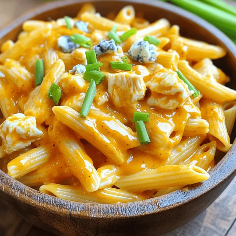 - 1 pound chicken breast, diced - 1 tablespoon olive oil - 1 cup buffalo sauce - 1 teaspoon garlic powder - 1 teaspoon onion powder - 1 cup chicken broth - 8 ounces penne pasta - 1 cup cream cheese - 1 cup shredded cheddar cheese - 1/2 cup crumbled blue cheese (optional) - Salt and pepper to taste - Green onions, sliced for garnish For this Instant Pot Buffalo Chicken Pasta, the right ingredients make all the difference. First, you need 1 pound of chicken breast. Dice it into small pieces. This helps it cook quickly and evenly. Next, add 1 tablespoon of olive oil. It gives flavor and helps brown the chicken. The star of this dish is 1 cup of buffalo sauce. You can use your favorite sauce, store-bought or homemade. Then, mix in 1 teaspoon each of garlic powder and onion powder. These spices add a nice depth of flavor. Now, for the extra liquid, grab 1 cup of chicken broth. This helps cook the pasta and keeps everything moist. You will also need 8 ounces of penne pasta. This pasta shape holds the sauce well and gives a great bite. For the creamy texture, use 1 cup of cream cheese. Make sure it is softened for easy mixing. Add 1 cup of shredded cheddar cheese for richness and flavor. If you like blue cheese, crumble 1/2 cup into the mix. It's optional but adds a nice zing. Finally, season with salt and pepper to your taste. When serving, sprinkle sliced green onions on top. This adds a fresh crunch and color to your dish. With these ingredients, you are ready to make a tasty meal that everyone will love! - Set the Instant Pot to sauté mode. - Add 1 tablespoon of olive oil and let it heat up. - Add 1 pound of diced chicken breast to the pot. - Season the chicken with salt, pepper, 1 teaspoon of garlic powder, and 1 teaspoon of onion powder. - Sauté the chicken for about 5 minutes until it is browned on all sides. - Pour in 1 cup of buffalo sauce and stir well to coat the chicken. - Add 1 cup of chicken broth to the pot. - Next, add 8 ounces of penne pasta, making sure it is fully submerged in the liquid. - Close the Instant Pot lid and ensure the valve is set to sealing. - Set the pot to cook on manual high pressure for 5 minutes. - When cooking is done, carefully perform a quick release of pressure. - Open the lid and stir in 1 cup of softened cream cheese until it melts and becomes creamy. - Then, add 1 cup of shredded cheddar cheese, stirring until it is fully mixed in. - If you like, fold in 1/2 cup of crumbled blue cheese for extra flavor. - Taste your dish and adjust seasoning if needed. - Serve hot, garnished with sliced green onions for a fresh touch. To get the best flavor in your Instant Pot Buffalo Chicken Pasta, use spices wisely. I like to mix garlic powder and onion powder with salt and pepper. This blend adds depth to the chicken. When browning the chicken, make sure to spread it out evenly in the pot. This helps each piece get good color. Don’t rush; let it brown for about five minutes. It creates a nice flavor base. Proper sealing is key to a great dish. Always check the valve on your Instant Pot. It should be set to sealing before cooking. This helps build up pressure for even cooking. When the time is up, you can choose between quick release or natural release. Quick release is faster but can be messy. Natural release takes longer, but it keeps flavors locked in. Choose what works best for you! {{image_2}} You can change up the cheese in this dish easily. Try using Greek yogurt instead of cream cheese. It will give you a nice tang and cut some fat. If you love cheese, you can also use mozzarella. Mozzarella adds a stretchy, gooey texture that many enjoy. Mixing cheeses can create a fun flavor twist. Buffalo chicken pasta pairs well with sides. I like to serve it with garlic bread. The bread soaks up the sauce nicely. A fresh side salad is also great. It adds crunch and balances the dish. You can boost nutrition too. Add veggies like spinach or bell peppers right into the pasta. This adds color and vitamins. Plus, it makes the meal more filling and healthy. To store leftover Buffalo Chicken Pasta, let it cool first. Place it in an airtight container. This keeps it fresh for up to three days. Label the container with the date. Use a clear container, so you can see what’s inside. I recommend using glass or BPA-free plastic. This makes reheating easy and safe. If you want to freeze Buffalo Chicken Pasta, divide it into portions. Use freezer-safe containers or bags. Remove as much air as possible to prevent freezer burn. Your pasta can last in the freezer for up to three months. When you’re ready to eat, transfer it to the fridge to thaw overnight. For reheating, use the microwave or stove. Add a splash of chicken broth to maintain moisture. This helps keep the texture and flavor just right. How long does it take to cook Instant Pot Buffalo Chicken Pasta? It takes about 30 minutes total. This includes 10 minutes for prep and 5 minutes for cooking. The rest is for pressure build-up and release. Can I make Buffalo Chicken Pasta ahead of time? Yes, you can make it ahead. Just store it in the fridge for up to three days. Reheat it gently on the stove or in the microwave. What can I substitute for buffalo sauce? You can use barbecue sauce for a milder flavor. Hot sauce mixed with butter also works well. Adjust to your taste! What sides go well with Buffalo Chicken Pasta? Serve it with garlic bread or a fresh salad. Steamed veggies also make a great side dish. Consider a crunchy coleslaw for extra texture. Can I make this dish spicier or milder? Absolutely! Add more buffalo sauce for heat. For a milder dish, use less sauce or a milder brand. You can also add cream cheese to tone it down. This article covers how to make tasty Buffalo Chicken Pasta using an Instant Pot. You learned about key ingredients like chicken, pasta, and cheese. I shared step-by-step instructions that make cooking easy. You also found helpful tips for flavor and storage. Remember, you can tweak the recipe with different cheeses or veggies. Enjoy making this dish, whether for dinner or meal prep. It's quick, simple, and packed with flavor. Dive in, and see how fun cooking can be!