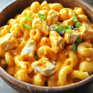 To make this tasty dish, gather these ingredients: - 1 lb boneless, skinless chicken breasts, cubed - 1 tablespoon olive oil - 1 cup buffalo sauce (mild or hot, based on preference) - 1 cup chicken broth - 1 cup whole milk - 8 oz elbow macaroni - 2 cups shredded sharp cheddar cheese - 1 cup shredded mozzarella cheese - 1 teaspoon garlic powder - 1 teaspoon onion powder - Salt and pepper to taste - Fresh scallions, chopped (for garnish) - Crumbled blue cheese (optional, for garnish) You can swap ingredients if needed. For chicken, use turkey or tofu. If you want less spice, a mild sauce works great. You can also use vegetable broth instead of chicken broth. If you lack elbow macaroni, try penne or fusilli. For a creamy touch, swap whole milk for heavy cream. For best taste, I recommend these brands: - Chicken: Bell & Evans or Perdue for quality chicken. - Buffalo Sauce: Frank's RedHot for a classic flavor. - Broth: Swanson or Pacific Foods for rich chicken broth. - Cheese: Cabot or Tillamook for sharp cheddar. - Pasta: Barilla or Ronzoni for reliable elbow macaroni. Using these brands enhances the overall flavor of your Instant Pot Buffalo Chicken Mac and Cheese. Start by gathering all your ingredients. You will need: - 1 lb boneless, skinless chicken breasts, cubed - 1 tablespoon olive oil - 1 cup buffalo sauce - 1 cup chicken broth - 1 cup whole milk - 8 oz elbow macaroni - 2 cups shredded sharp cheddar cheese - 1 cup shredded mozzarella cheese - 1 teaspoon garlic powder - 1 teaspoon onion powder - Salt and pepper to taste - Fresh scallions, chopped - Crumbled blue cheese (optional) Make sure your Instant Pot is clean and ready to use. 1. Sauté the Chicken: Turn on the Instant Pot and set it to sauté mode. Add the olive oil and let it heat up. Once hot, add the cubed chicken. Season it with salt, pepper, garlic powder, and onion powder. Cook for about 5 minutes or until the chicken turns brown. 2. Add the Sauce: Pour the buffalo sauce over the chicken. Stir well to coat the chicken evenly. 3. Layer the Pasta: Add the chicken broth next. Then, sprinkle the elbow macaroni on top. Do not stir it. This helps the pasta cook evenly and not stick together. 4. Pressure Cook: Close the lid of the Instant Pot. Make sure the valve is set to sealing. Set it to cook on high pressure for 4 minutes. 5. Release Pressure: After 4 minutes, turn the valve to venting to release the pressure quickly. Be careful as hot steam will come out. Remove the lid slowly. 6. Mix Cheeses and Milk: Stir in the whole milk along with the shredded cheddar and mozzarella cheeses. Mix until everything is melted and creamy. If the mac and cheese is too thick, add a bit more milk to reach your desired consistency. 7. Final Touches: Taste your dish. Adjust the seasonings if needed. 8. Serve: Dish out the mac and cheese hot. Garnish with chopped scallions and crumbled blue cheese if you like. - Cheese: Always use freshly shredded cheese. Pre-shredded cheese has fillers that can make it clump. - Milk: If the mix is too thick, add milk a little at a time until you get a creamy texture. - Pasta Cooking: Layering the pasta without stirring helps prevent it from sticking together during cooking. This method gives you a creamy, flavorful dish that everyone will love! To get the best texture for your Buffalo chicken mac and cheese, follow these steps: - Use freshly shredded cheese. It melts better than pre-shredded versions. - Stir in the cheese slowly. This helps it melt evenly. - If the mix feels too thick, add a splash of milk. This keeps it creamy. - Use the right pasta. Elbow macaroni holds the sauce well. Adjusting the spice level is easy: - For a milder dish, use mild buffalo sauce. - Add more milk for a creamier and less spicy mix. - To make it spicier, use hot buffalo sauce or add cayenne pepper. - You can also sprinkle red pepper flakes on top for extra heat. Want to save time? Here are some tips: - Prep the chicken the night before. This cuts down on cooking time. - Use frozen pre-cooked chicken. Just add it to your pot directly. - Measure your ingredients ahead of time. This speeds up the cooking process. - Clean as you go. It makes the kitchen less messy after cooking. These tips will help you create a delicious Buffalo chicken mac and cheese with ease! {{image_2}} You can add fun ingredients to make this dish your own. Here are some ideas: - Cooked bacon: Adds a nice crunch and smoky flavor. - Diced bell peppers: These give color and a sweet taste. - Spinach or kale: Great for adding greens and extra nutrients. - Ranch seasoning: Mix this in for a creamy twist. Feel free to mix and match these extras. They can all work well in the base recipe. While sharp cheddar and mozzarella are classic, you can change things up with other cheeses. Here are my favorites: - Pepper jack: This adds a spicy kick. - Cream cheese: Makes the dish super creamy and rich. - Gouda: Offers a smoky flavor that pairs well with buffalo sauce. Try using one or two of these cheeses to see what you like best. You can swap out elbow macaroni for other pasta shapes. Here are some great options: - Penne: Its tubes hold the cheese sauce well. - Shells: These can trap the sauce inside, making each bite tasty. - Fusilli: The spirals help catch the sauce and bits of chicken. Experiment with different pasta shapes to find your favorite! To store your Buffalo Chicken Mac and Cheese, let it cool first. Use airtight containers for best results. You can keep leftovers in the fridge for up to three days. Make sure to label the containers with the date. This helps you track freshness and avoid waste. When you're ready to enjoy leftovers, reheat them in the microwave. Place the mac and cheese in a microwave-safe dish. Add a splash of milk to keep it creamy. Heat in short bursts of one minute. Stir in between to ensure even heating. You can also reheat on the stove over low heat. Stir gently to avoid burning. Freezing is a great option for longer storage. Use freezer-safe containers to prevent freezer burn. Make sure to leave some space in the container for expansion. Buffalo Chicken Mac and Cheese can stay fresh in the freezer for up to three months. When you want to eat it, thaw it overnight in the fridge. Reheat as mentioned above for the best flavor and texture. You can use barbecue sauce for a different flavor. Ranch dressing also works well. You can mix hot sauce with plain yogurt for a creamy twist. If you want a milder dish, try sweet chili sauce. Each option gives a unique taste to your mac and cheese. Yes, you can make this dish ahead of time. Prepare it as usual and let it cool. Store it in an airtight container in the fridge. When you’re ready to eat, just reheat it on the stove or in the microwave. Add a splash of milk to keep it creamy. This mac and cheese stays fresh for about 3 to 5 days. Make sure it is in a sealed container to keep it from drying out. Always check for any off smells or changes before eating leftovers. Enjoy your tasty meal safely! This blog post covered the essential ingredients and steps for making Instant Pot Buffalo Chicken Mac and Cheese. We discussed ingredient swaps and recommended brands for great flavor. You learned about cooking techniques, tips for texture, variations, and how to store your dish. Remember, this dish is flexible, so feel free to customize it to your taste. Enjoy experimenting with flavors and textures, and I'm sure you'll create a meal you'll love!