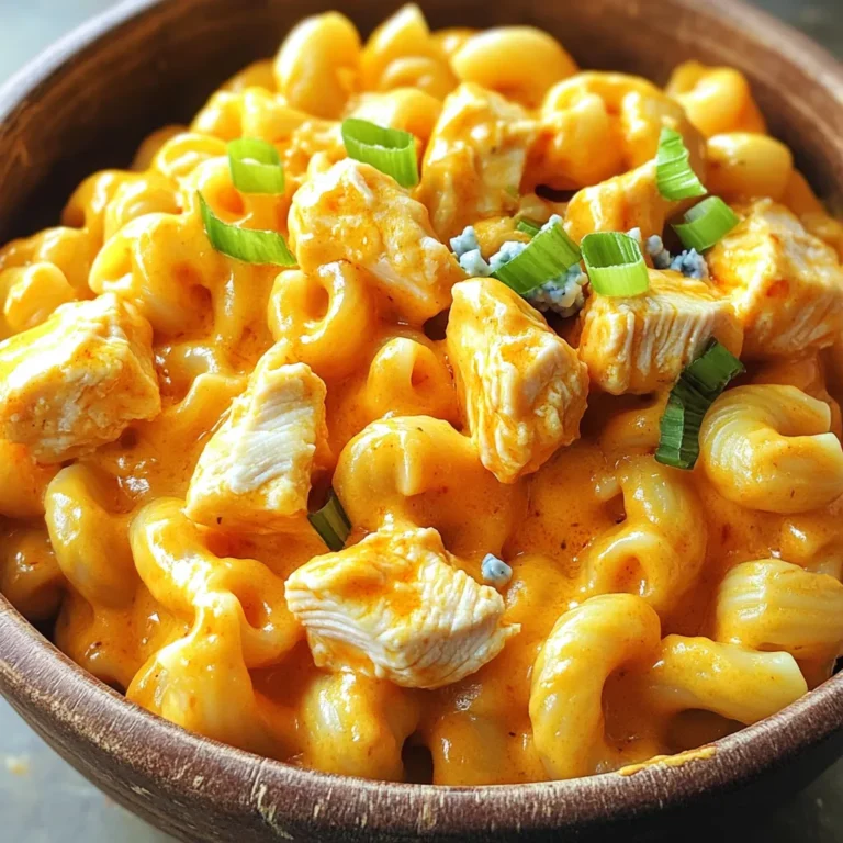 To make this tasty dish, gather these ingredients: - 1 lb boneless, skinless chicken breasts, cubed - 1 tablespoon olive oil - 1 cup buffalo sauce (mild or hot, based on preference) - 1 cup chicken broth - 1 cup whole milk - 8 oz elbow macaroni - 2 cups shredded sharp cheddar cheese - 1 cup shredded mozzarella cheese - 1 teaspoon garlic powder - 1 teaspoon onion powder - Salt and pepper to taste - Fresh scallions, chopped (for garnish) - Crumbled blue cheese (optional, for garnish) You can swap ingredients if needed. For chicken, use turkey or tofu. If you want less spice, a mild sauce works great. You can also use vegetable broth instead of chicken broth. If you lack elbow macaroni, try penne or fusilli. For a creamy touch, swap whole milk for heavy cream. For best taste, I recommend these brands: - Chicken: Bell & Evans or Perdue for quality chicken. - Buffalo Sauce: Frank's RedHot for a classic flavor. - Broth: Swanson or Pacific Foods for rich chicken broth. - Cheese: Cabot or Tillamook for sharp cheddar. - Pasta: Barilla or Ronzoni for reliable elbow macaroni. Using these brands enhances the overall flavor of your Instant Pot Buffalo Chicken Mac and Cheese. Start by gathering all your ingredients. You will need: - 1 lb boneless, skinless chicken breasts, cubed - 1 tablespoon olive oil - 1 cup buffalo sauce - 1 cup chicken broth - 1 cup whole milk - 8 oz elbow macaroni - 2 cups shredded sharp cheddar cheese - 1 cup shredded mozzarella cheese - 1 teaspoon garlic powder - 1 teaspoon onion powder - Salt and pepper to taste - Fresh scallions, chopped - Crumbled blue cheese (optional) Make sure your Instant Pot is clean and ready to use. 1. Sauté the Chicken: Turn on the Instant Pot and set it to sauté mode. Add the olive oil and let it heat up. Once hot, add the cubed chicken. Season it with salt, pepper, garlic powder, and onion powder. Cook for about 5 minutes or until the chicken turns brown. 2. Add the Sauce: Pour the buffalo sauce over the chicken. Stir well to coat the chicken evenly. 3. Layer the Pasta: Add the chicken broth next. Then, sprinkle the elbow macaroni on top. Do not stir it. This helps the pasta cook evenly and not stick together. 4. Pressure Cook: Close the lid of the Instant Pot. Make sure the valve is set to sealing. Set it to cook on high pressure for 4 minutes. 5. Release Pressure: After 4 minutes, turn the valve to venting to release the pressure quickly. Be careful as hot steam will come out. Remove the lid slowly. 6. Mix Cheeses and Milk: Stir in the whole milk along with the shredded cheddar and mozzarella cheeses. Mix until everything is melted and creamy. If the mac and cheese is too thick, add a bit more milk to reach your desired consistency. 7. Final Touches: Taste your dish. Adjust the seasonings if needed. 8. Serve: Dish out the mac and cheese hot. Garnish with chopped scallions and crumbled blue cheese if you like. - Cheese: Always use freshly shredded cheese. Pre-shredded cheese has fillers that can make it clump. - Milk: If the mix is too thick, add milk a little at a time until you get a creamy texture. - Pasta Cooking: Layering the pasta without stirring helps prevent it from sticking together during cooking. This method gives you a creamy, flavorful dish that everyone will love! To get the best texture for your Buffalo chicken mac and cheese, follow these steps: - Use freshly shredded cheese. It melts better than pre-shredded versions. - Stir in the cheese slowly. This helps it melt evenly. - If the mix feels too thick, add a splash of milk. This keeps it creamy. - Use the right pasta. Elbow macaroni holds the sauce well. Adjusting the spice level is easy: - For a milder dish, use mild buffalo sauce. - Add more milk for a creamier and less spicy mix. - To make it spicier, use hot buffalo sauce or add cayenne pepper. - You can also sprinkle red pepper flakes on top for extra heat. Want to save time? Here are some tips: - Prep the chicken the night before. This cuts down on cooking time. - Use frozen pre-cooked chicken. Just add it to your pot directly. - Measure your ingredients ahead of time. This speeds up the cooking process. - Clean as you go. It makes the kitchen less messy after cooking. These tips will help you create a delicious Buffalo chicken mac and cheese with ease! {{image_2}} You can add fun ingredients to make this dish your own. Here are some ideas: - Cooked bacon: Adds a nice crunch and smoky flavor. - Diced bell peppers: These give color and a sweet taste. - Spinach or kale: Great for adding greens and extra nutrients. - Ranch seasoning: Mix this in for a creamy twist. Feel free to mix and match these extras. They can all work well in the base recipe. While sharp cheddar and mozzarella are classic, you can change things up with other cheeses. Here are my favorites: - Pepper jack: This adds a spicy kick. - Cream cheese: Makes the dish super creamy and rich. - Gouda: Offers a smoky flavor that pairs well with buffalo sauce. Try using one or two of these cheeses to see what you like best. You can swap out elbow macaroni for other pasta shapes. Here are some great options: - Penne: Its tubes hold the cheese sauce well. - Shells: These can trap the sauce inside, making each bite tasty. - Fusilli: The spirals help catch the sauce and bits of chicken. Experiment with different pasta shapes to find your favorite! To store your Buffalo Chicken Mac and Cheese, let it cool first. Use airtight containers for best results. You can keep leftovers in the fridge for up to three days. Make sure to label the containers with the date. This helps you track freshness and avoid waste. When you're ready to enjoy leftovers, reheat them in the microwave. Place the mac and cheese in a microwave-safe dish. Add a splash of milk to keep it creamy. Heat in short bursts of one minute. Stir in between to ensure even heating. You can also reheat on the stove over low heat. Stir gently to avoid burning. Freezing is a great option for longer storage. Use freezer-safe containers to prevent freezer burn. Make sure to leave some space in the container for expansion. Buffalo Chicken Mac and Cheese can stay fresh in the freezer for up to three months. When you want to eat it, thaw it overnight in the fridge. Reheat as mentioned above for the best flavor and texture. You can use barbecue sauce for a different flavor. Ranch dressing also works well. You can mix hot sauce with plain yogurt for a creamy twist. If you want a milder dish, try sweet chili sauce. Each option gives a unique taste to your mac and cheese. Yes, you can make this dish ahead of time. Prepare it as usual and let it cool. Store it in an airtight container in the fridge. When you’re ready to eat, just reheat it on the stove or in the microwave. Add a splash of milk to keep it creamy. This mac and cheese stays fresh for about 3 to 5 days. Make sure it is in a sealed container to keep it from drying out. Always check for any off smells or changes before eating leftovers. Enjoy your tasty meal safely! This blog post covered the essential ingredients and steps for making Instant Pot Buffalo Chicken Mac and Cheese. We discussed ingredient swaps and recommended brands for great flavor. You learned about cooking techniques, tips for texture, variations, and how to store your dish. Remember, this dish is flexible, so feel free to customize it to your taste. Enjoy experimenting with flavors and textures, and I'm sure you'll create a meal you'll love!