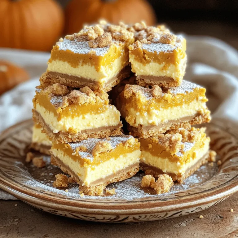 For the pumpkin cheesecake cookie bars, you will need the following: - 2 cups all-purpose flour - 1 teaspoon baking soda - 1/2 teaspoon baking powder - 1 teaspoon ground cinnamon - 1/2 teaspoon ground nutmeg - 1/4 teaspoon ground ginger - 1/4 teaspoon salt - 1 cup unsalted butter, softened - 1 cup brown sugar, packed - 1/2 cup granulated sugar - 1 large egg - 2 teaspoons vanilla extract - 1 cup pumpkin puree - 8 oz cream cheese, softened - 1/2 cup powdered sugar - 1/2 teaspoon vanilla extract (for cream cheese layer) When choosing your ingredients, freshness matters. Use fresh spices for the best flavor. If your pumpkin puree is too watery, it can make the bars soggy. Choose a high-quality cream cheese for a rich, creamy texture. I recommend using unsalted butter. This gives you control over the salt in your recipe. If you need alternatives, here are some great options: - Flour: You can use whole wheat flour for a heartier texture. - Butter: Coconut oil works well if you want a dairy-free option. - Egg: A flax egg (1 tablespoon ground flaxseed mixed with 2.5 tablespoons water) is a good egg substitute. - Pumpkin Puree: You may use sweet potato puree in a pinch. - Cream Cheese: For a lighter option, use Greek yogurt. These substitutes can maintain the taste and texture of your bars while accommodating dietary needs. Enjoy your baking adventure! First, you need to get your oven ready. Preheat it to 350°F (175°C). Next, take a 9x13 inch baking pan. You can grease it or line it with parchment paper. Lining helps with easy removal later. In a medium bowl, mix the dry ingredients. Combine 2 cups of all-purpose flour, 1 teaspoon of baking soda, and 1/2 teaspoon of baking powder. Add 1 teaspoon of ground cinnamon, 1/2 teaspoon of ground nutmeg, 1/4 teaspoon of ground ginger, and 1/4 teaspoon of salt. Set this mix aside. In a large bowl, cream together 1 cup of softened unsalted butter, 1 cup of packed brown sugar, and 1/2 cup of granulated sugar. Beat this until it’s light and fluffy, about 2 to 3 minutes. Then, add 1 large egg and 2 teaspoons of vanilla extract. Mix until everything is well combined. Now, slowly add your dry mix to the wet mix. Stir until just combined. Remember to save 1 cup of this cookie dough for later! Now, you’ll make the cream cheese layer. In a separate bowl, beat together 8 oz of softened cream cheese, 1/2 cup of powdered sugar, and 1/2 teaspoon of vanilla extract. Add 1 cup of pumpkin puree to this mix. Beat until it’s smooth and creamy. Spread the remaining cookie dough evenly in the bottom of your prepared pan. This will be the crust. Pour the pumpkin cheesecake mixture over this crust. Spread it out evenly. Now, crumble the reserved cookie dough on top. Bake your bars for 30 to 35 minutes. They are done when the edges are golden and the center is slightly jiggly. Let the bars cool completely in the pan. After that, refrigerate them for at least 2 hours before cutting into squares. To get the best texture in your pumpkin cheesecake cookie bars, follow these tips: - Use softened ingredients: Make sure the butter and cream cheese are soft. This helps them mix well, creating a smooth texture. - Don’t overmix: When you mix in the dry ingredients, stop as soon as you see no flour. Overmixing can make your bars tough. - Cool properly: Let the bars cool in the pan. Refrigerating them for a few hours helps firm up the cheesecake layer. Here are some frequent mistakes to watch out for: - Skipping the parchment paper: Lining your pan with parchment makes it easier to lift out the bars. - Not measuring flour correctly: Use the spoon-and-level method. This keeps your bars from becoming dry. - Ignoring the chilling time: Cutting into warm bars can make them fall apart. Chill them for the best results. I love to serve these bars in fun ways: - Dust with powdered sugar: A light sprinkle on top adds a nice touch. - Add whipped cream: A dollop of whipped cream makes each bite extra special. - Garnish with spices: A sprinkle of cinnamon or nutmeg on top enhances the fall flavor. These tips will help you create perfect pumpkin cheesecake cookie bars every time. Enjoy the delicious taste of fall! {{image_2}} You can change the taste of these cookie bars easily. Try adding chocolate chips for a sweet twist. You can also use white chocolate or butterscotch chips. If you love spices, add a little more cinnamon or a pinch of allspice. A splash of maple syrup can enhance the pumpkin flavor. Experimenting with these flavors makes each batch unique. Want to make a healthier version? Substitute gluten-free flour for the all-purpose flour. This change keeps the taste while making it safe for gluten-free diets. You can also use less sugar. Try using coconut sugar or a sugar substitute. If you're looking to lower calories, use low-fat cream cheese. These swaps keep the bars tasty while being kinder to your waistline. Get creative with seasonal themes! During the holidays, add cranberries or pecans for a festive touch. You can also swirl in some caramel sauce for a rich flavor. For Halloween, use orange and black sprinkles on top. In winter, try peppermint extract for a fresh twist. These seasonal changes make your pumpkin cheesecake cookie bars stand out at any gathering. To keep your pumpkin cheesecake cookie bars fresh, store them in the fridge. Place them in an airtight container. This method will help preserve their flavor and texture. Make sure they cool completely before storing. If they are still warm, condensation may form, making them soggy. You can freeze the cookie bars for later enjoyment. Cut them into squares and place them on a baking sheet. Make sure they are not touching. Freeze them for about two hours until solid. After that, transfer the squares into a freezer-safe bag or container. They can last up to three months in the freezer. For storing cookie bars, choose airtight containers. Glass containers work well because they seal tightly and are easy to clean. You can also use plastic containers, but make sure they are BPA-free. If you plan to freeze them, use freezer bags for easy stacking and space-saving. Yes, you can make these bars ahead of time. They taste even better after chilling in the fridge. Just bake them, cool, and store in an airtight container. They last up to five days. To check if the bars are done, look for golden edges. The center should still be a bit jiggly. A toothpick inserted in the middle should come out mostly clean, with a few moist crumbs. Absolutely! You can use fresh pumpkin. Just cook and puree it until smooth. Make sure to drain any excess water. This will give your bars a fresh, vibrant flavor. If you want a different topping, try crushed nuts or granola. You can also use chocolate chips for a sweet twist. Even a swirl of caramel sauce can add a fun flavor. Serve these bars on a pretty plate. Dust them with powdered sugar for a touch of elegance. You can add a dollop of whipped cream or a sprinkle of cinnamon. They are perfect for gatherings or cozy nights in! This blog post covered how to create delicious cookie bars. We explored key ingredients and special notes, along with easy substitutes. I shared step-by-step instructions, making it simple to follow. You learned tips for perfecting texture and mistakes to avoid. I also provided fun flavor and healthier variations. Plus, you got storage tips for keeping your treats fresh. In closing, these cookie bars are versatile and easy to make. Enjoy your baking journey!