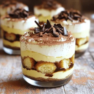 - 1 cup strong brewed coffee, cooled - 2 tablespoons cocoa powder - 8 ounces mascarpone cheese, softened - 1 cup heavy whipping cream - ½ cup powdered sugar - 1 teaspoon vanilla extract - 12 ladyfinger cookies - Dark chocolate shavings for garnish Strong brewed coffee gives the tiramisu its rich flavor. You want it strong but cool. Mascarpone cheese adds creaminess and a distinct taste. It makes the dessert special. Ladyfinger cookies are light and soak up the coffee well. They create a nice texture. Cocoa powder adds a bitter balance to the sweetness. It is key for that classic taste. Heavy whipping cream is essential for the fluffiness of the dessert. It makes everything light. If you don't have mascarpone, you can mix cream cheese with heavy cream. This works well. For a coffee-free option, use milk mixed with vanilla extract instead. It will still taste good. If you're out of ladyfingers, sponge cake or even graham crackers can work as a substitute. Cocoa powder can be swapped with chocolate syrup for a sweeter twist. Just adjust the sugar. Making no-bake tiramisu cups is simple and fun. You need just a few steps. We will layer coffee-soaked ladyfingers with a creamy mascarpone mix. This dessert looks fancy but takes only 20 minutes to prep. Let’s dive into the steps. 1. Start by brewing 1 cup of strong coffee. Let it cool completely. 2. In a shallow dish, mix the cooled coffee with 1 tablespoon of cocoa powder. Set this aside. 3. In a large bowl, whip 1 cup of heavy cream. Add ½ cup of powdered sugar and 1 teaspoon of vanilla extract. Beat until you see stiff peaks. 4. Gently fold in 8 ounces of softened mascarpone cheese. Be careful not to deflate the whipped cream. 5. Take 12 ladyfinger cookies. Dip each one quickly into the coffee mix. Soak them just enough, but don’t let them get soggy. 6. In serving cups or jars, place a layer of soaked ladyfingers at the bottom. 7. Add a big layer of the mascarpone mixture over the ladyfingers. 8. Repeat the layers, finishing with a layer of the mascarpone mix on top. 9. Sift the remaining cocoa powder over the top layer for a nice touch. 10. Chill the tiramisu cups in the fridge for at least 2 hours. This helps the flavors blend well. 11. Before serving, sprinkle dark chocolate shavings on top for a special finish. Use clear cups or jars to show off the layers. This makes the dessert look more appealing. When layering, keep the ladyfingers neat. Avoid over-soaking them to maintain texture. Sifting cocoa powder on top adds elegance. You can also use a piping bag for the mascarpone mix to create a fancy look. Enjoy making these delightful dessert cups! To make perfect whipped cream, start with cold tools. Chill your mixing bowl and beaters in the fridge. Use heavy cream for the best texture. Whip the cream until you see stiff peaks. This means it holds its shape well. Add powdered sugar and vanilla extract while whipping. This gives it a sweet flavor that pairs well with the tiramisu. To keep ladyfingers from getting soggy, dip them quickly. Just a second in the coffee mix is enough. You want them moist but not mushy. If they soak too long, they will fall apart. Layer them neatly in the cups to create nice layers. Remember, the goal is to have a good texture. You can enhance flavors by adding a pinch of salt to the mascarpone mix. This balances sweetness and brings out the coffee flavor. Try using different cocoa powders for varied taste. Dark cocoa adds richness, while lighter cocoa gives a milder taste. You can also experiment with flavored extracts, like almond or orange. Each choice adds its unique twist to the dessert. {{image_2}} You can have fun with flavors in your no-bake tiramisu cups. Try adding chocolate or fruit. For a chocolate twist, mix some melted chocolate into the mascarpone. You can also add cocoa powder to the ladyfinger soak for a richer taste. If you love fruit, consider using fresh berries. Layer in some mashed strawberries or raspberries between the mascarpone. This adds a fresh and tangy note to the dessert. You can make this dessert gluten-free with a few simple swaps. Use gluten-free ladyfingers or sponge cake. Many stores sell these options now. Just check the labels to ensure they fit your needs. You can also make your own ladyfingers using gluten-free flour. This way, everyone can enjoy this tasty treat without worry. For a vegan version, swap out the dairy ingredients. Use coconut cream instead of mascarpone cheese. Chill a can of coconut milk overnight, then scoop out the solid cream. For the whipped topping, try using a plant-based whipping cream. You can also replace ladyfingers with vegan cookies or sponge cake. With these changes, you can enjoy a delicious vegan tiramisu cup that everyone will love. To keep your no-bake tiramisu cups fresh, store them in the fridge. Use an airtight container or cover each cup with plastic wrap. This helps prevent drying and keeps the flavors intact. Make sure to chill them right after you finish making them. This dessert needs time to set and taste better cold. These tiramisu cups last about 2 to 3 days in the fridge. After that, the ladyfingers may become too soft. They will still taste good, but the texture will change. To enjoy them at their best, eat them within this time frame. You can freeze tiramisu cups if you need to save them for later. Wrap each cup tightly with plastic wrap or foil. Place them in a freezer-safe bag or container. They can last up to a month in the freezer. When you're ready to eat them, move the cups to the fridge overnight to thaw. Avoid refreezing once they have thawed, as this can ruin the texture. Yes, you can make No-Bake Tiramisu Cups ahead of time. This dessert tastes even better after resting. I suggest making them a day before. Just cover them with plastic wrap and chill. They will soak up all the flavors. The longer they sit, the better they taste! If you don’t have mascarpone cheese, there are good swaps. You can use cream cheese mixed with sour cream. This mix gives you a similar taste. Another option is a blend of ricotta cheese and heavy cream. This choice will keep it creamy and smooth. I recommend avoiding raw eggs in Tiramisu. Raw eggs can carry bacteria. Instead, this recipe uses mascarpone and whipped cream for creaminess. It is a safe and tasty choice. You still get that rich flavor without the risk. Enjoy your dessert worry-free! In this blog post, we explored key ingredients for Tiramisu cups, including unique alternatives. I shared clear step-by-step instructions for perfect preparation and tips for great results. We looked at flavor variations and options for gluten-free and vegan diets. Finally, I covered storage best practices to keep your Tiramisu fresh. Tiramisu is a fun and tasty dessert. With these tips, you can create your own delicious cups easily. Enjoy the process and share with friends!