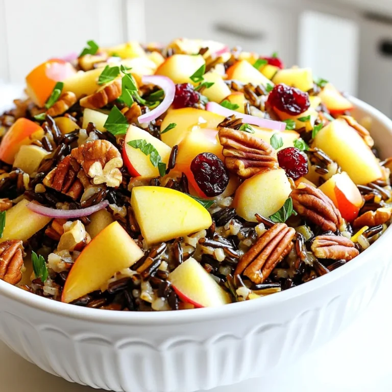 To make a delicious wild rice salad with apples and pecans, you need these simple ingredients: - 1 cup wild rice - 2 cups water or vegetable broth - 1 large apple, diced (preferably a tart variety like Granny Smith) - ½ cup pecans, toasted and roughly chopped - ½ cup dried cranberries - ¼ cup red onion, finely diced - ¼ cup fresh parsley, chopped - 2 tablespoons olive oil - 2 tablespoons apple cider vinegar - 1 tablespoon maple syrup - Salt and pepper to taste Each ingredient brings its own flavor. Wild rice gives a nutty taste and chewy texture. Apples add crispness and sweetness. Pecans give crunch and richness. Dried cranberries provide a burst of tartness. The red onion adds a sharp note, while parsley brightens the dish. Olive oil, apple cider vinegar, and maple syrup create a tasty dressing. Salt and pepper round out the flavors. Feel free to mix and match these ingredients based on your taste. Enjoy experimenting! First, grab a medium saucepan. Pour in 2 cups of water or vegetable broth. Turn the heat to high and bring it to a boil. This is key for cooking the wild rice. Once it's boiling, add 1 cup of wild rice. Lower the heat to low and cover the pan. Let it simmer for about 40-45 minutes. You'll know it's done when the rice is tender and splits open. After cooking, drain any extra liquid. Set the rice aside to cool. You will need a small bowl for this part. Gather the following items: - 2 tablespoons olive oil - 2 tablespoons apple cider vinegar - 1 tablespoon maple syrup - Salt and pepper to taste Now, add these ingredients to your bowl. Use a whisk to mix them well. This helps blend the flavors and makes a tasty dressing. In a large bowl, add the cooled wild rice first. Next, toss in the diced apple, toasted pecans, dried cranberries, diced red onion, and chopped parsley. This order helps to mix everything evenly. Once all ingredients are in the bowl, gently toss them together. Make sure everything gets coated with that delicious dressing. Now it’s time to chill the salad. Cover the bowl and place it in the fridge for at least 30 minutes. This lets the flavors mix well. When you’re ready to serve, you can enjoy it cold or at room temperature. This salad tastes great as a side dish or a light meal. When picking apples, choose a tart variety like Granny Smith. Tart apples add a nice zing. Sweet apples can be too soft and lose their crunch. A mix of both can be fun, but stick to tart for the best flavor balance. Toasting pecans brings out their rich flavor. Preheat your oven to 350°F (175°C). Spread the pecans on a baking sheet. Toast them for 8 to 10 minutes. Keep an eye on them so they don’t burn. You can also toast them in a skillet over medium heat. Stir often for about 5 minutes. Let the salad chill in the fridge for at least 30 minutes. This helps the flavors mix well. If you can, chill it for a few hours or overnight. For extra flavor, add a splash more vinegar or maple syrup just before serving. This simple trick brings the salad to life! {{image_2}} You can mix in other fruits to change the flavor. Try using pears, grapes, or oranges. These fruits add sweetness and freshness. Keep the same amount as the apple for balance. You can also use dried fruits like apricots or figs. They will give a nice chewiness and flavor. If you're allergic to nuts, don't worry! You can use seeds instead. Sunflower seeds or pumpkin seeds work well in this salad. They add crunch and healthy fats. You can also skip the nuts entirely for a lighter dish. This keeps the salad safe for everyone. If you don't have apple cider vinegar, try balsamic vinegar or lemon juice. Both will give a nice tang to the salad. For oils, you can substitute with avocado oil or even sesame oil. Each will change the flavor a bit but still taste great! To keep your wild rice salad fresh, store it in an air-tight container. This helps prevent any odors from your fridge from seeping in. Glass containers work great, as they do not stain and are easy to clean. Always let the salad cool before sealing it up. This keeps moisture from building up inside. You should refrigerate leftovers within two hours of serving. Place them in the air-tight container and cover it well. The salad stays tasty for up to four days in the fridge. If you want to freeze it, I suggest not freezing the apples. They may turn mushy when thawed. Instead, freeze the rice and pecan mix. To thaw, move it to the fridge for a few hours before serving. For the best quality, eat the salad within four days. After that, the flavors may fade, and the texture may change. If you see any unusual smells or colors, it’s best to toss it out. Fresh ingredients make this salad shine, so always aim to enjoy it soon after making! You can use brown rice, but it will change the taste and texture. Brown rice cooks softer than wild rice. Wild rice is firmer and has a nutty flavor. Adjust the cooking time if you switch to brown rice. This salad is already mostly vegan. To keep it vegan, use maple syrup for sweetness and ensure the broth is vegetable-based. All other ingredients are plant-based. You can add many ingredients! Here are some ideas: - Fresh spinach for more greens - Goat cheese for creaminess - Chopped celery for extra crunch - Sunflower seeds for added texture Yes, you can serve it warm! Just prepare the salad right after cooking the rice. The flavors will be different but still tasty. Yes, this recipe is gluten-free. Wild rice is naturally gluten-free. Ensure all other ingredients, like the broth, are gluten-free too. This blog post covered a delightful wild rice salad. We explored key ingredients, cooking steps, and tips for the best flavor. I shared how to choose apples, toast pecans, and enhance flavors. We also looked at variations and storage tips. Remember, this salad is not just a side dish; it's a tasty and healthy choice. You can make it your own with different fruits or nuts. Enjoy creating and sharing this simple yet satisfying recipe!