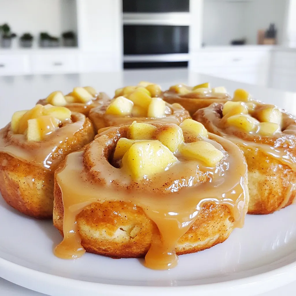 - 1 package (16.5 oz) refrigerated crescent roll dough - 2 medium apples, peeled and diced (such as Granny Smith) - 1/2 cup brown sugar - 1 tablespoon cinnamon - 1/4 cup walnuts, chopped (optional) - 1/4 cup caramel sauce (store-bought or homemade) - 4 oz cream cheese, softened - 1/2 cup powdered sugar - 1 tablespoon milk - 1/2 teaspoon vanilla extract - Pinch of salt - Walnuts add crunch and a nice flavor. If you like, add them to the rolls. - You may also sprinkle some extra cinnamon on top before baking for extra flavor. - Use other apple varieties like Honeycrisp or Fuji for a sweeter taste. - If you can’t find crescent roll dough, use puff pastry instead. - Coconut milk or almond milk can replace regular milk in the glaze. - You can swap cream cheese with Greek yogurt for a lighter option. These ingredients come together to create a delightful treat. When combined, they will fill your kitchen with a warm, sweet aroma. Keep these ingredients on hand for a cozy baking session! 1. Start by preheating your oven to 375°F (190°C). Line a baking dish with parchment paper. This helps with easy cleanup. 2. In a small bowl, mix together the brown sugar and cinnamon. This will be your sweet spice blend. Set this mixture aside for later. 3. Open the package of crescent roll dough and unroll it to form a rectangle. Pinch the seams to seal them. This will create a smooth surface for your filling. 4. Evenly sprinkle the cinnamon-sugar mixture over the dough, covering it completely. Make sure every bit of dough gets that sweet flavor. 5. Spread the diced apples and chopped walnuts (if using) evenly over the dough. The apples add a fresh taste, while walnuts provide crunch. 6. Drizzle half of the caramel sauce over the apples and nuts. This adds a rich, sticky sweetness that ties it all together. 7. Begin rolling the dough from one long side into a tight log shape. This will form the rolls you will bake. 8. After rolling, cut the log into 8 equal pieces. Place each piece cut side up in the prepared baking dish. This helps them rise nicely in the oven. 9. Bake in the preheated oven for 20-25 minutes. Look for golden brown rolls that smell amazing. They should be cooked through and puffy. 10. Once done, remove the rolls from the oven and let them cool for about 5 minutes. This helps them set and makes them easier to glaze. 11. While the rolls cool, prepare the cream cheese glaze. In a bowl, combine the softened cream cheese, powdered sugar, milk, vanilla extract, and a pinch of salt. 12. Whisk until the mixture is smooth and creamy. This glaze will add a sweet, tangy finish to your rolls. 13. After the rolls have cooled slightly, drizzle the remaining caramel sauce on top. Follow this by drizzling the cream cheese glaze over the warm cinnamon rolls. When you roll the dough, keep it tight. A tight roll helps hold the filling. Make sure to pinch the seams well. This keeps everything inside. If you leave gaps, the filling might ooze out. Use a light dusting of flour on your surface. This prevents sticking and makes it easier to roll. To make the glaze smooth, start with soft cream cheese. Whisk it well with powdered sugar, milk, and vanilla. If the glaze is too thick, add a little more milk. If it's too thin, add more powdered sugar. You want it creamy but pourable. Drizzle it over warm rolls for the best effect. For a beautiful presentation, serve the rolls on a nice platter. Drizzle extra caramel sauce around the edges. This adds a lovely touch and flavor. Garnish with a sprinkle of cinnamon or a few apple slices. This makes the dish look fresh and inviting. Warm rolls taste best, so serve them right away. {{image_2}} You can mix it up with various add-ins. Try adding raisins for a sweet twist. Nuts like pecans can add crunch. For a spice kick, mix in some nutmeg. You can also use different apples, like Honeycrisp or Fuji, for varied sweetness. Each change gives a new flavor to your rolls. To turn these rolls vegan, swap the crescent dough for a vegan brand. Use non-dairy cream cheese for the glaze. Choose maple syrup or agave instead of caramel sauce. You can also use a plant-based milk in the glaze. These swaps keep the taste rich and yummy without dairy. If you want a different glaze, try a chocolate glaze. Simply melt dark chocolate and drizzle it on top. You can also use a simple vanilla glaze made with powdered sugar and vanilla extract. For a fruity touch, consider a warm apple sauce drizzle. Each option lets you create your own unique treat. To store leftover caramel apple cinnamon rolls, let them cool first. Place them in an airtight container. You can keep them at room temperature for up to two days. For longer freshness, store them in the fridge for about a week. Make sure they are well-covered to avoid drying out. When you want to enjoy your leftover rolls, preheat your oven to 350°F (175°C). Place the rolls on a baking sheet. Heat them for about 10 minutes. This warms them up nicely and keeps them soft. You can also use the microwave. Heat one roll for about 15-20 seconds. Just be careful not to overheat, or they may get tough. You can freeze unbaked or baked cinnamon rolls. If freezing before baking, wrap them well in plastic wrap and foil. They can last up to two months in the freezer. When you are ready to bake, let them thaw in the fridge overnight. Then, bake as directed. If you freeze baked rolls, cool them completely first. Store them in an airtight container. They can last about three months. To enjoy, thaw and reheat as mentioned above. Yes, you can use homemade dough! If you want a fluffier roll, try a basic dough recipe. Just make sure to roll it out to the right size. This gives you more control over texture and flavor. I recommend letting the dough rise before rolling it out. This makes your rolls soft and airy. You can prepare the rolls a day ahead. Just follow the recipe until you cut the rolls. Place them in the baking dish and cover with plastic wrap. Store them in the fridge overnight. In the morning, let them sit at room temperature for 30 minutes. Then, bake as directed. This saves time and gives you fresh rolls in the morning! You have plenty of options for toppings! Try chopped pecans or almonds for crunch. You can also add raisins or dried cranberries for sweetness. For a twist, drizzle chocolate or maple syrup instead of caramel. Feel free to get creative and use what you love! In this post, we covered all the essential steps to make delicious cinnamon rolls. We discussed ingredients, baking steps, and even tips for the perfect glaze. Remember, you can customize your rolls with different flavors or make them vegan. Don't forget to store any leftovers for later. With these methods and ideas, you can create a treat everyone will love. Enjoy the baking process and let your creativity shine!