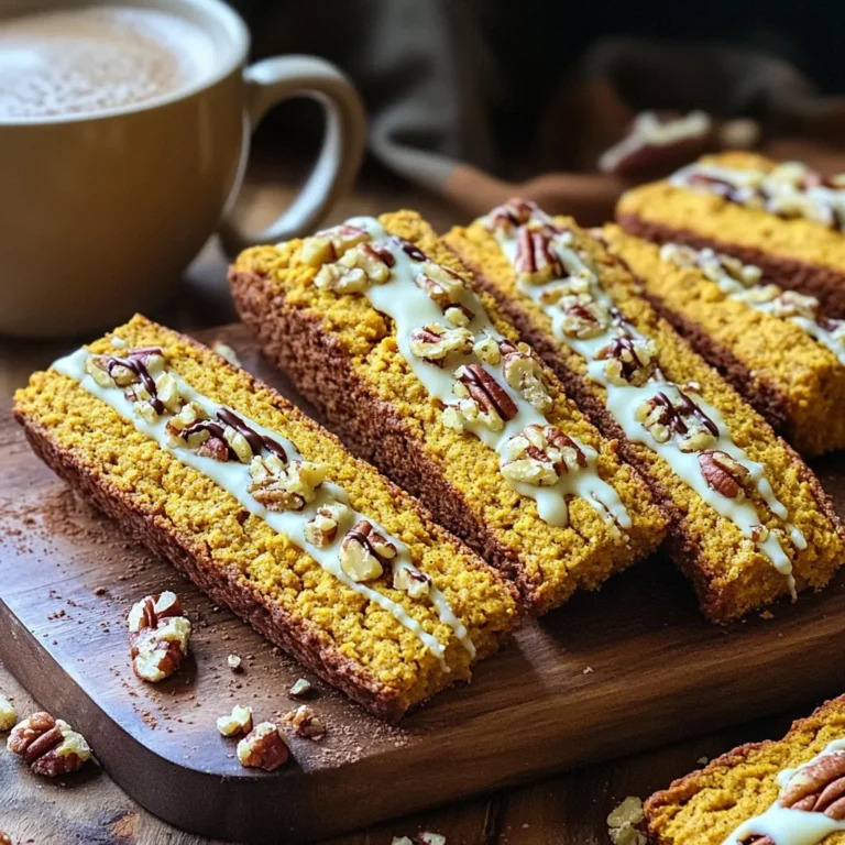 - 1 cup canned pumpkin puree - 1/2 cup granulated sugar - 1/4 cup brown sugar, packed - 2 large eggs - 1/2 cup vegetable oil The main ingredients form the heart of your pumpkin biscotti. Canned pumpkin puree gives it that lovely autumn flavor. The sugars add sweetness and a nice texture. Eggs help bind everything together, while vegetable oil keeps it moist. - 3 cups all-purpose flour - 1 teaspoon baking powder - 1/2 teaspoon baking soda - 1 teaspoon ground cinnamon - 1/2 teaspoon ground nutmeg - 1/4 teaspoon ground ginger - 1/4 teaspoon salt The dry ingredients are crucial for structure. Flour gives the biscotti its base. Baking powder and baking soda help it rise. The spices—cinnamon, nutmeg, and ginger—bring warmth and depth to each bite. Salt balances the sweetness. - 1/2 cup chopped pecans - 1/2 cup white chocolate chips Optional additions can elevate your biscotti. Chopped pecans add crunch and a nutty flavor. White chocolate chips offer a sweet contrast to the spices. Feel free to mix and match based on your taste! 1. Preheat your oven to 350°F (175°C). Line a baking sheet with parchment paper. 2. In a large bowl, mix the pumpkin puree, granulated sugar, brown sugar, eggs, vegetable oil, and vanilla extract. Whisk until it is smooth. 3. In another bowl, sift together the flour, baking powder, baking soda, cinnamon, nutmeg, ginger, and salt. 4. Gradually add the dry mix to the wet mix. Stir until just combined. If you want, fold in chopped pecans and white chocolate chips for extra flavor. 5. Divide the dough into two equal parts. Shape each part into a log, about 12 inches long and 2 inches wide. Place them on the lined baking sheet. 6. Bake in the oven for 25-30 minutes. The logs should be firm and lightly golden. 7. Let the logs cool for about 10 minutes. Carefully slice each log diagonally into 1-inch thick pieces. 8. Place the slices cut side down back on the baking sheet. Bake again for 10-12 minutes. Turn them halfway, so they get crispy and golden. 9. Once done, let the biscotti cool on a wire rack. Enjoy your pumpkin biscotti with coffee or tea! To make great pumpkin biscotti, focus on the dough. The right dough consistency is key. It should be soft but not sticky. If it’s too dry, add a touch more oil. If it’s too wet, sprinkle in a bit more flour. This balance ensures your biscotti will turn out just right. For even baking, shape the logs evenly. Use wet hands to shape them. This prevents the dough from sticking. Bake them until they are firm and lightly golden. This usually takes about 25-30 minutes. Serve your biscotti in a tall glass for a fun look. You can also use a rustic wooden board. This adds charm to your table. A sprinkle of cinnamon on top makes it look fancy. Pair your biscotti with a warm drink. Coffee or tea works well. The rich flavors of pumpkin mix nicely with spices in these drinks. If you need gluten-free biscotti, swap all-purpose flour for gluten-free flour. Be sure to check measurements, as they may differ. This keeps the texture light and crunchy. For a vegan version, replace eggs with flax eggs. Mix one tablespoon of flaxseed meal with three tablespoons of water. Let it sit for a few minutes until it thickens. Use a plant-based oil instead of vegetable oil for the best results. {{image_2}} You can add fun flavors to your pumpkin biscotti. Try using different spices for a unique taste. For example, cardamom gives a warm and sweet touch. You can also mix in dried fruits like cranberries for a tart flavor. This adds a pop of color and surprise in each bite. Biscotti can be crunchy or chewy, based on your preference. If you want a crunchy texture, bake them longer. Keep a close eye on them as they bake. For softer biscotti, reduce the second baking time. This way, you can enjoy the perfect texture. Make your biscotti fit the season! For Christmas, add peppermint or nutmeg. For Thanksgiving, use maple syrup or pecans. You can even create a fall theme with spices like cinnamon and ginger. These twists make each batch special and festive. To keep your pumpkin biscotti fresh, use an airtight container. Glass jars work well, as do plastic containers with tight lids. Avoid metal containers, as they can trap moisture. Store the biscotti in a cool, dry place, away from sunlight. This helps maintain their crunchy texture. Freezing biscotti is simple. First, slice the cooled biscotti into pieces. Then, lay them flat on a baking sheet. Freeze them for about an hour. After they freeze, transfer the biscotti to a freezer bag. Remove as much air as possible before sealing. To thaw, leave them at room temperature for about 30 minutes. Biscotti can last at room temperature for about two weeks. If you store them well, they can stay crisp and tasty. Keep an eye on them for any signs of moisture. If you notice any, it’s best to eat them soon. To make pumpkin biscotti, gather your ingredients. You need canned pumpkin puree, sugar, eggs, oil, and spices. First, mix the wet ingredients in a large bowl. In another bowl, sift the dry ingredients. Slowly mix the dry into the wet. Form the dough into logs and bake. Slice them after the first bake, then bake again until crisp. Yes, you can! Use a gluten-free flour blend instead of all-purpose flour. This swap keeps the texture nice. You may need to adjust baking times slightly. Always check for the right firmness before removing them from the oven. Pumpkin biscotti pairs well with warm drinks. Try serving it with coffee or tea. The spices in the biscotti match nicely with fall flavors. You can also add a sprinkle of cinnamon for extra flavor. Homemade biscotti can last up to two weeks. Store them in an airtight container at room temperature. For longer storage, you can freeze them. Just make sure they cool completely before freezing. Using fresh pumpkin is possible, but it requires extra steps. You must cook and puree the pumpkin first. This can change the moisture level in your dough. Adjust flour if needed to get the right dough consistency. No, it’s not necessary to add nuts or chocolate. They are optional additions for flavor and texture. If you prefer a simpler biscotti, skip them. However, they do add a nice crunch and richness. In this post, we explored how to make delicious pumpkin biscotti from scratch. We covered main and dry ingredients, optional mixes, and provided easy steps for baking. I shared tips for perfecting your biscotti, including storage methods and variations for different flavors and textures. Now, you have the tools to create your own treats. Enjoy experimenting with flavors and sharing them with friends!