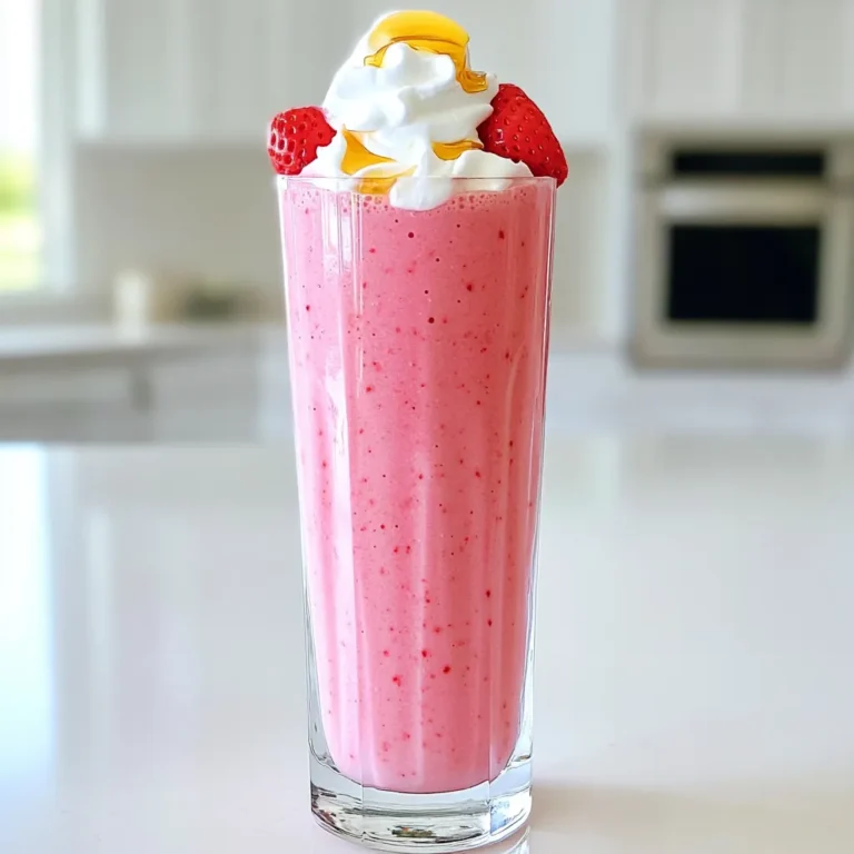 To make the Strawberry Cheesecake Smoothie, you need: - 1 cup fresh strawberries, hulled and chopped - 1/2 cup Greek yogurt (plain or vanilla) - 1/2 cup almond milk (or preferred milk) - 1 scoop vanilla protein powder - 2 tablespoons cream cheese, softened - 1 tablespoon honey or maple syrup (adjust to taste) - 1/2 teaspoon vanilla extract - 1/4 teaspoon ground cinnamon - Ice cubes (about a cup, optional, for a thicker texture) You can add some fun extras to your smoothie: - A tablespoon of chia seeds for fiber - A handful of spinach for a nutrient boost - A scoop of peanut butter for extra creaminess - A few cacao nibs for a chocolate twist This smoothie is packed with good stuff: - Strawberries are rich in vitamin C and antioxidants. - Greek yogurt provides protein and probiotics for gut health. - Almond milk is low in calories and dairy-free. - Protein powder helps with muscle repair and keeps you full. - Cream cheese adds a creamy texture and flavor. - Honey or maple syrup gives natural sweetness and energy. - Cinnamon may help control blood sugar levels. Each ingredient helps boost your health while making a tasty drink. Enjoy this smoothie as a snack or even a light meal. First, gather all your ingredients. You need: - 1 cup fresh strawberries, hulled and chopped - 1/2 cup Greek yogurt (plain or vanilla) - 1/2 cup almond milk (or your favorite milk) - 1 scoop vanilla protein powder - 2 tablespoons cream cheese, softened - 1 tablespoon honey or maple syrup (adjust to taste) - 1/2 teaspoon vanilla extract - 1/4 teaspoon ground cinnamon - Ice cubes (about a cup, optional) Start by adding the chopped strawberries, Greek yogurt, almond milk, and softened cream cheese into your blender. This mix gives a creamy base for your smoothie. Next, add the vanilla protein powder, honey or maple syrup, vanilla extract, and ground cinnamon. Blend these together until they are well combined. If you want a thicker smoothie, add ice cubes before blending. To achieve a smooth texture, blend on high speed. If you notice lumps, keep blending. A good tip is to stop and scrape down the sides of the blender to ensure everything mixes well. If your smoothie is too thick, just add a little more almond milk. Blend again until it reaches your desired consistency. After blending, taste your smoothie. If you want it sweeter, add more honey or syrup. Blend again for a few seconds. If it's too thin for your liking, add more ice or Greek yogurt. You can adjust the thickness easily by playing with the amounts. This makes your smoothie just right for you. Enjoy! When you pick strawberries, look for bright red color. The berries should feel firm and fresh. Avoid any that are dull or mushy. Always smell the strawberries; they should have a sweet scent. If you can, buy organic strawberries to avoid pesticides. Wash them gently under cool water before using. To make your smoothie even better, try adding some toppings. Fresh whipped cream can add a nice touch. You can also sprinkle cinnamon or crushed nuts on top. For a fruity twist, add more sliced strawberries or some blueberries. Drizzle a bit of honey for extra sweetness. These small changes can elevate your smoothie experience. For the best taste, enjoy your smoothie right after making it. If you need to wait, cover it tightly and store it in the fridge. Try to drink it within a few hours. This way, it stays fresh and tasty. If you want to keep it longer, you can freeze the smoothie. Just blend it again before serving. {{image_2}} You can easily make this smoothie dairy-free. Use coconut yogurt for a creamy base. Almond milk is a great choice too. You can also try oat milk or cashew milk. These options keep the flavor rich without dairy. To lower the calories, swap Greek yogurt with a light version. Use a sugar-free sweetener instead of honey or syrup. You can also skip the cream cheese to cut more calories. This way, you can enjoy a lighter smoothie without losing taste. Want to mix it up? Try adding banana for extra creaminess. A handful of spinach adds nutrients without changing the taste much. You can also mix in some chia seeds for added fiber. For a fun twist, add a splash of orange juice or a hint of mint. If you have extra smoothie, pour it into a sealed container. Store it in the fridge for up to two days. Before drinking, shake or stir it well. The smoothie may separate, but that's normal. You can freeze the smoothie for longer storage. Pour it into ice cube trays or freezer-safe bags. This way, you can use the cubes in future smoothies. When ready, blend the frozen cubes with some milk or yogurt. Smoothies are best cold, but you can warm them if you like. Pour it into a pot and heat on low. Stir often to avoid burning. Don’t boil it; just warm it up gently. Enjoy it warm if you prefer that taste! Yes, you can use frozen strawberries. They make the smoothie cold and thick. Just add them straight to the blender. No need to thaw. To boost protein, add more protein powder. You can also use cottage cheese or nut butter. These options blend well and add flavor. Yes, this smoothie can work as a meal replacement. It has protein, carbs, and healthy fats. Pair it with a side of whole-grain toast for extra balance. Enjoy this smoothie any time of day. It makes for a great breakfast or post-workout snack. You can even have it as a quick dessert! This blog post covered how to create a tasty smoothie. We looked at key ingredients, optional add-ins, and their health benefits. You learned step-by-step methods for preparation, blending tips, and tricks for the best texture. We discussed how to pick ripe strawberries and ways to enhance flavors. Different variations, including dairy-free options and low-calorie tweaks, were shared. Lastly, we reviewed storage tips for freshness and answered common questions. Enjoy crafting your smoothies while experimenting with flavors and ingredients!
