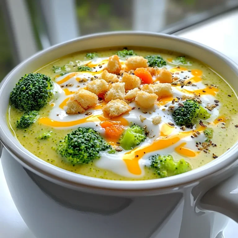 - 4 cups fresh broccoli florets - 1 medium onion, chopped - 2 cloves garlic, minced - 3 carrots, diced - 4 cups vegetable broth - 1 cup heavy cream - 2 cups shredded sharp cheddar cheese - 1 teaspoon Dijon mustard - Salt and pepper to taste - 1 tablespoon olive oil - 1/4 teaspoon nutmeg (optional) - Croutons for garnish (optional) The main star is fresh broccoli florets. They add color and nutrients. The onion and garlic bring a strong base of flavor. Carrots add a nice sweetness and crunch. Vegetable broth gives depth to the soup. Heavy cream makes it rich and smooth. Sharp cheddar cheese adds a tasty kick. Dijon mustard gives a subtle tang. Salt and pepper enhance all the flavors. Olive oil helps cook the onions. Nutmeg offers warmth and richness, while croutons add a fun crunch on top. You can swap fresh broccoli for frozen broccoli if you’re in a hurry. Yellow onion works well instead of a white onion. If you don’t have heavy cream, use whole milk for a lighter soup. You can also try other cheeses like gouda or mozzarella. For a vegan option, replace the heavy cream with coconut milk and use nutritional yeast instead of cheese. You can skip the Dijon mustard if you prefer a milder flavor. Start by gathering all your ingredients. You need four cups of fresh broccoli florets, one medium chopped onion, two minced garlic cloves, and three diced carrots. These veggies bring flavor and nutrition to the soup. In your slow cooker, heat one tablespoon of olive oil using the sauté setting. Add the chopped onions and stir for about three to four minutes. You want them to turn soft and slightly clear. Next, toss in the minced garlic, diced carrots, and broccoli florets. Give everything a good stir to mix. Now, pour in four cups of vegetable broth. This broth gives your soup depth. Add one teaspoon of Dijon mustard for a hint of zing. Season with salt and pepper to taste. If you like, sprinkle in 1/4 teaspoon of nutmeg for warmth. Cover your slow cooker and set it to cook. If you choose low, let it cook for four to five hours. If you are in a hurry, cooking on high takes about two to three hours. You’ll know it’s ready when the veggies feel tender. When the cooking time is up, it’s time to blend. Use an immersion blender to puree the soup until it’s smooth. If you don’t have one, carefully transfer the soup in batches to a regular blender. Once it’s smooth, stir in one cup of heavy cream and two cups of shredded sharp cheddar cheese. Mix until the cheese melts completely. Taste your soup and adjust the seasoning if needed. For a nice touch, serve hot in bowls. Top with croutons and a sprinkle of extra cheese. Enjoy your creamy, delicious soup! To boost the flavor of your soup, try adding some spices. I recommend using a pinch of cayenne for heat. You can also add fresh herbs like thyme or parsley for a nice touch. A splash of lemon juice before serving brightens the taste. Remember, tasting while cooking is key. Adjust the salt and pepper as you go. Serve your soup hot in bowls. Top it with croutons for crunch. Adding a sprinkle of extra cheese makes it even better. Pair it with crusty bread for a filling meal. This dish also works well as a starter for dinner parties. One mistake is overcooking the vegetables. Cook just until they are tender. Another mistake is not blending enough. Make sure to blend until smooth for the best texture. Lastly, avoid skipping the cheese. It adds a rich, creamy flavor that makes this soup special. {{image_2}} You can easily add protein to this soup. Cooked chicken, turkey, or ham work well. Just shred or chop it and stir it in before serving. For a vegetarian option, try adding cooked lentils or chickpeas. They boost the soup’s nutrition and make it more filling. If you want a dairy-free version, swap the heavy cream for coconut milk or a nut-based cream. Use a plant-based cheese instead of cheddar. Make sure your vegetable broth is vegan, as some brands may contain animal products. These changes keep the soup creamy and delicious without dairy. Feel free to mix in other veggies. Spinach, kale, or zucchini can add more flavor. You can also use potatoes for a thicker texture. Just chop them into small pieces so they cook well. Add these veggies at the same time as the broccoli for best results. After you enjoy your soup, let it cool first. Transfer the soup to an airtight container. Store it in the fridge. It’s good for up to three days. Make sure to label the container. This helps you remember when you made it. To reheat, pour the soup into a pot. Heat it on low to medium heat. Stir often to avoid sticking. You can also use a microwave. Place the soup in a microwave-safe bowl. Heat it in 30-second intervals, stirring in between. This helps the heat spread evenly. You can freeze this soup too! Let it cool completely. Then, pour it into freezer-safe bags or containers. Remove as much air as possible before sealing. It can last for up to three months in the freezer. When ready to eat, thaw it overnight in the fridge. Reheat as usual. Yes, you can use frozen broccoli. Frozen broccoli works well in this soup. It saves time and still tastes great. Just add it directly to the slow cooker. There is no need to thaw it first. The soup will still be creamy and flavorful. Sharp cheddar cheese is the best choice for this soup. It gives a rich and bold flavor. You can also mix in a bit of Gruyère or Monterey Jack for a twist. These cheeses melt well, making the soup creamy and delicious. To make the soup less creamy, reduce the amount of heavy cream. You can use one cup instead of one and a half cups. Another option is to add more vegetable broth. This will keep the soup light while still being tasty. You can also skip the cream and use a splash of milk. In this blog post, we explored key ingredients for your soup, shared step-by-step instructions, and offered tips for better flavor. We also covered variations for dietary needs and storage advice. You can make this soup your own with many options. Remember, cooking is about fun and creativity. Keep trying new ideas, and enjoy your meals!
