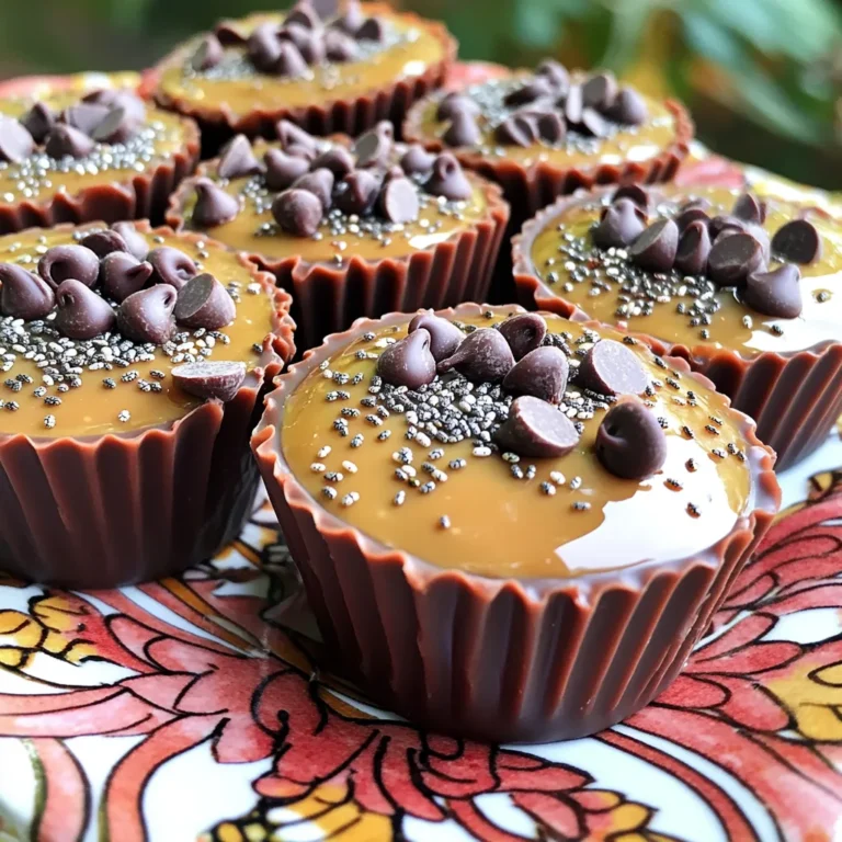 To make the No Bake Chocolate Peanut Butter Protein Cups, you need these simple ingredients: - 1 cup natural peanut butter - 1 cup rolled oats - 1/2 cup protein powder (chocolate or vanilla flavor) - 1/4 cup honey or maple syrup - 1/4 cup dark chocolate chips - 1/4 cup chia seeds - 1 teaspoon vanilla extract - Pinch of salt These ingredients create a tasty and healthy snack. Natural peanut butter gives a rich flavor. Rolled oats add texture and fiber. Protein powder boosts the protein content. Honey or maple syrup sweetens the mix. Dark chocolate chips add a touch of indulgence. Chia seeds provide healthy fats and crunch. Vanilla extract enhances the overall taste. A pinch of salt balances the sweetness and deepens the flavor. Ensure you use high-quality ingredients for the best taste. Each ingredient plays a key role in making these protein cups both delicious and nutritious. You can mix and match flavors too! Mixing Wet Ingredients Start by taking a medium bowl. Add 1 cup of natural peanut butter. Pour in 1/4 cup of honey or maple syrup. Add 1 teaspoon of vanilla extract. Mix these wet ingredients well until they blend together smoothly. Incorporating Dry Ingredients Next, add 1 cup of rolled oats, 1/2 cup of protein powder, and 1/4 cup of chia seeds to the bowl. Sprinkle in a pinch of salt for flavor. Stir everything together. Make sure all dry ingredients mix in fully. This step helps create a tasty base for your cups. Folding in Chocolate Chips Once the dry ingredients are mixed in, gently fold in 1/4 cup of dark chocolate chips. Use a spatula to keep the chips intact. This ensures each bite has that rich chocolate taste. Filling the Muffin Tin Line your muffin tin with cupcake liners. Scoop the mixture into each liner. Fill them about 3/4 full. This allows space for the mixture to set without overflowing. Compacting the Mixture After filling the liners, press down firmly on each cup. Compacting the mixture helps it hold its shape. This step is key for a good texture. Setting in the Refrigerator Finally, place the muffin tin in the refrigerator. Let the cups set for about 30 minutes. This cooling time helps them firm up nicely. Once they are set, you can easily remove them from the liners. Store any leftovers in an airtight container in the fridge. Achieving the Right Consistency To get the best texture, mix the wet and dry ingredients well. Start with peanut butter, honey, and vanilla in one bowl. Stir until smooth. Then, add rolled oats, protein powder, chia seeds, and salt. It should be thick but still easy to mix. If it's too dry, add a little more peanut butter or honey. Ensuring Even Distribution of Ingredients When you mix, make sure all parts blend together. This helps each cup taste the same. After mixing the dry ingredients into the wet ones, fold in the dark chocolate chips last. This keeps the chocolate pieces whole and well spread. Take your time to make sure everything is well combined. Garnishing Ideas To make your protein cups look special, add a little flair. A sprinkle of chia seeds on top gives a nice crunch. For a richer look, drizzle melted dark chocolate over each cup. You can also add a few whole chocolate chips on top for extra appeal. Serving Suggestions Serve your protein cups on a pretty plate. You could pair them with fresh fruit like strawberries or banana slices. This adds color and freshness to the dish. For a fun twist, consider serving them with a side of yogurt for dipping! {{image_2}} You can switch up the flavor of these protein cups easily. First, try using different types of peanut butter. Crunchy peanut butter gives a nice texture. Smooth peanut butter makes a creamier cup. Both options taste great! Next, consider your sweetener. You can use honey or maple syrup, but agave syrup works too. If you want less sugar, try stevia. This sweetener has no calories and adds good flavor. If you don’t have protein powder, you can use oatmeal or nut flour instead. These options still give you a good texture and taste. They will change the protein level, but the cups will still be yummy. For a vegan version, use plant-based protein powder. Swap honey for maple syrup or agave syrup. These changes keep the recipe vegan and still delicious. To keep your No Bake Chocolate Peanut Butter Protein Cups fresh, use an airtight container. This helps to lock in flavor and moisture. Make sure the container is clean and dry before adding the cups. Place parchment paper between layers if you stack them. This prevents sticking and makes for easy serving later. For best results, store them in the fridge. The cool temperature helps them stay firm and tasty. Take them out only when you're ready to enjoy a treat. These protein cups can last about one week in the fridge. After this time, they may lose some freshness. Always check for any change in smell or texture before eating. If you want to store them longer, consider freezing them. They freeze well for up to three months. To freeze, place the cups in a single layer on a baking sheet. Once frozen, transfer them to an airtight container or freezer bag. This way, you can enjoy them later, just like fresh! Yes, you can choose either creamy or crunchy peanut butter. I like creamy for a smooth texture. Crunchy adds a nice bite, making it fun. Both options work well in this recipe. To make these cups vegan, switch out the honey for maple syrup. Use a plant-based protein powder too. This way, you keep all the flavor without any animal products. If you need a different sweetener, try agave syrup or brown rice syrup. Both will add sweetness without changing the taste much. You can also use stevia for a low-calorie option. This recipe makes 12 protein cups. Each cup is a tasty treat packed with protein. Perfect for a quick snack or energy boost. Yes, these protein cups are gluten-free! Use certified gluten-free oats to ensure they fit your diet. This makes them a great option for everyone. You now have a clear path to making tasty protein cups. We covered all the steps, from choosing quality ingredients to storing your treats. Remember, you can switch ingredients for your taste or needs. This recipe is both simple and flexible, letting you experiment with flavors. Enjoy these delicious cups as a healthy snack or a post-workout boost. With the right mix of ingredients and storage, you’ll keep them fresh and ready to eat. Try making these soon; you won't regret it!