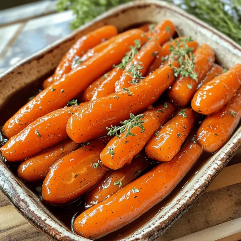 To make Maple Dijon Glazed Carrots, you need: - 1 lb baby carrots or medium carrots, peeled and sliced - 2 tablespoons maple syrup - 1 tablespoon Dijon mustard - 1 tablespoon olive oil - Salt and pepper to taste These simple ingredients create a tasty dish. The sweet maple syrup pairs well with the tangy mustard. You can add fresh thyme or parsley for a nice touch. These herbs add color and flavor. They make the dish look great on your table. If you don’t have baby carrots, use medium carrots instead. Just slice them into smaller pieces. If you're out of Dijon mustard, try yellow mustard. It will change the flavor a bit but still taste good. For a vegan option, swap maple syrup with agave nectar. First, set your oven to 400°F (200°C). This temperature makes the carrots tender and sweet. Next, gather your ingredients: - 1 lb baby carrots or medium carrots, peeled and sliced - 2 tablespoons maple syrup - 1 tablespoon Dijon mustard - 1 tablespoon olive oil - Salt and pepper to taste - Fresh thyme or parsley for garnish (optional) Make sure to wash and peel the carrots. If you use medium carrots, slice them into equal pieces. This helps them cook evenly. In a bowl, mix the maple syrup, Dijon mustard, olive oil, salt, and pepper. Whisk everything together until it's smooth. The mix should smell sweet and tangy. This glaze is what makes the carrots shine! Now, add the carrots to the bowl with the glaze. Toss them well so every piece is coated. Spread the carrots out on a baking sheet lined with parchment paper. Make sure they are in a single layer for even cooking. Roast the carrots in the oven for 25-30 minutes. Halfway through, take them out and toss them again. This step ensures they get that nice caramelized look. Once they are tender and slightly golden, take them out of the oven. Let them cool for a couple of minutes, then transfer to a serving dish. If you like, sprinkle fresh thyme or chopped parsley on top. Enjoy your tasty Maple Dijon Glazed Carrots! To get the best caramelization, choose fresh carrots. Cut them evenly for even cooking. The glaze needs right balance. Use just enough maple syrup and Dijon mustard. Toss the carrots well in the glaze. Spread them out on the baking sheet. This helps them roast instead of steam. Toss them halfway during cooking. This helps them brown nicely on all sides. You can make the glaze sweeter or tangier. If you want more sweetness, add extra maple syrup. If you prefer more tang, add a bit more Dijon mustard. Taste the glaze before adding carrots. Adjust it to your liking. Remember, the glaze should coat the carrots well. It should not be too runny or too thick. One mistake is overcrowding the baking sheet. If carrots sit too close, they won’t caramelize. Another mistake is not preheating the oven. An oven that’s not hot enough can lead to mushy carrots. Make sure to whisk the glaze well. This ensures even flavor on every carrot. Lastly, don’t skip the garnish. Fresh herbs add flavor and color to your dish. {{image_2}} You can swap carrots for other veggies. Try baby potatoes, parsnips, or sweet potatoes. Each brings a unique taste. For a colorful dish, use rainbow carrots. They add a fun twist and look great on the plate. Want to boost flavors? Add garlic or ginger to the glaze. A pinch of red pepper flakes gives it a kick. You can also mix in balsamic vinegar for a tangy twist. These add-ins make your dish special and fun. Change the glaze to match your mood. Use honey instead of maple syrup for a different sweetness. If you love spice, try spicy mustard in place of Dijon. You can even add orange juice for a citrus touch. Each glaze option will change the dish in a tasty way. After enjoying your Maple Dijon glazed carrots, you will want to store the extras. Let the carrots cool completely first. Place them in an airtight container. Make sure the lid is on tight to keep them fresh. Store the container in the fridge. You can keep the carrots for about three to four days. Reheating your glazed carrots is easy. You can use the microwave or the oven. If using the microwave, place the carrots in a safe dish. Heat them on medium power for one to two minutes. Stir halfway to ensure even heating. For the oven, preheat to 350°F (175°C). Spread the carrots on a baking sheet and heat for about 10 minutes until warm. Freezing is a great way to save your glazed carrots for later. Start by cooling them completely. Then, place the carrots in a freezer-safe bag or container. Squeeze out as much air as possible before sealing. Label the bag with the date. You can freeze the carrots for up to three months. When you're ready to eat them, thaw in the fridge overnight before reheating. Yes, you can use frozen carrots. However, fresh carrots will give better texture. If you use frozen, thaw them first. Make sure they are dry before adding the glaze. This helps the glaze stick better. To make this recipe vegan, just swap the honey for maple syrup. The rest of the ingredients are already vegan-friendly. You can also use a plant-based oil if you prefer. This way, you keep the great taste without any animal products. These glazed carrots go well with many dishes. They pair nicely with roasted chicken or pork. You can also serve them alongside quinoa or rice. For a vegetarian option, try them with a hearty grain salad. The sweet and tangy flavor adds a nice touch to any meal. This blog post explored making Maple Dijon Glazed Carrots. We covered ingredient lists, optional garnishes, and substitutions. I shared clear steps for prepping, mixing, and roasting. You learned tips for perfect caramelization and how to adjust flavors. I also included variations, storage info, and answered FAQs. Try this recipe for a tasty side dish! It’s simple and can impress anyone at dinner. Enjoy your cooking journey!