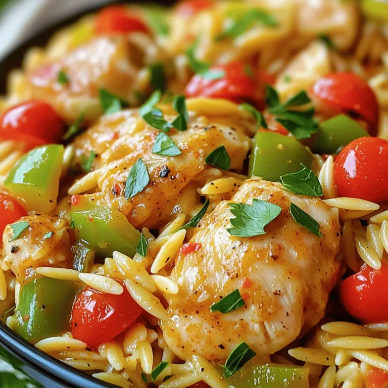 To make this dish, you need a few key ingredients that bring bold flavors. Here’s what you’ll need: - 1 pound boneless, skinless chicken thighs, diced - 1 cup orzo pasta - 1 medium onion, diced - 3 cloves garlic, minced - 1 red bell pepper, diced - 1 green bell pepper, diced - 1 cup heavy cream - 2 cups chicken broth - 2 tablespoons Cajun seasoning - 1 teaspoon smoked paprika - 2 tablespoons olive oil - Salt and pepper to taste These items create a rich, creamy base and offer layers of flavor that make this dish shine. You can boost the flavor with a few optional ingredients. Consider adding: - 1 cup cherry tomatoes, halved Cherry tomatoes add a sweet burst that brightens the dish. They complement the spice and creaminess perfectly. To finish your meal, garnishing enhances presentation and flavor. Here are some great options: - Fresh parsley, chopped Chopped parsley adds a fresh pop of color and a hint of earthiness. You can also consider adding a sprinkle of extra Cajun seasoning for more heat. Feel free to mix and match these ingredients. Cooking is about making the dish your own! Start by getting your skillet hot. Pour in 2 tablespoons of olive oil over medium-high heat. Once the oil shimmers, add 1 pound of diced chicken thighs. Season them with salt, pepper, and 1 tablespoon of Cajun seasoning. Cook the chicken until it turns golden brown and is cooked through. This should take about 6 to 8 minutes. When done, take the chicken out of the skillet and set it aside. In the same skillet, add your diced onion, minced garlic, and diced bell peppers. Cook these for about 5 minutes, stirring often. You want them soft but not mushy. Next, stir in 1 cup of orzo pasta and the remaining 1 tablespoon of Cajun seasoning. Toast the orzo for about 1 to 2 minutes, stirring all the time. Then, pour in 2 cups of chicken broth. Bring this mix to a boil. Once boiling, turn down the heat to low. Cover the skillet and let it simmer for 10 minutes. The orzo should become tender and absorb most of the liquid. Now it’s time to bring everything together! Return the cooked chicken to the skillet. Add 1 cup of heavy cream and stir well. Heat this mixture for about 3 to 4 minutes until it's warm. Sprinkle in 1 teaspoon of smoked paprika, and taste it. Adjust the seasoning with salt and pepper if you need to. If you want to add a pop of color and taste, fold in 1 cup of halved cherry tomatoes. Remove from heat and let it rest for a couple of minutes. Before serving, garnish with fresh chopped parsley. Enjoy your delicious creamy Cajun chicken orzo! To make great Cajun seasoning, use a mix of spices. I like to blend paprika, cayenne, garlic powder, and onion powder. You can adjust the heat by adding more or less cayenne. For a twist, try smoked paprika. It adds depth and a nice flavor. Always taste as you go. This way, you can find the right balance for your dish. To get that rich, creamy texture, heavy cream is key. It mixes well and thickens the sauce. If you want a lighter version, use half-and-half. Add it after cooking the orzo. Stir it in gently until it warms through. For extra creaminess, you can also add a bit of cream cheese. Just let it melt into the mix for a silky finish. To save time, prep ingredients first. Dice the chicken and veggies ahead of time. You can even cook the chicken in bulk and store it. Use a rotisserie chicken for a quick fix. If you have leftover chicken, just add it to the skillet. Cooking orzo is quick too. It usually takes about 10 minutes, so keep an eye on it. With these tips, you can whip up Creamy Cajun Chicken Orzo in no time! {{image_2}} If you want a vegetarian version of creamy Cajun chicken orzo, skip the chicken. You can use chickpeas or tofu instead. Both options absorb flavors well. For chickpeas, use one can, drained and rinsed. For tofu, use 14 ounces, pressed and cubed. Cook them the same way as chicken, adding seasoning for taste. Boost the nutrition by adding extra veggies. You can toss in spinach, kale, or zucchini. These veggies add color and flavor. Chop them small to blend well with orzo. Add them when you cook the onions and peppers. They will soften nicely and enrich your dish. If you love heat, make your dish spicier. You can add more Cajun seasoning or a pinch of cayenne pepper. Start with half a teaspoon and taste as you go. You can also add diced jalapeños for a fresh kick. Just remember, spice can always be adjusted to fit your taste. To store your creamy Cajun chicken orzo, let it cool first. Place it in an airtight container. This keeps the dish fresh. Store it in the fridge for up to three days. If you want to keep it longer, freezing is a great option. When you reheat your orzo, add a splash of chicken broth. This helps restore moisture and flavor. Heat it in a skillet over medium heat. Stir often to heat evenly. You can also use a microwave. Cover it with a damp paper towel to prevent drying out. To freeze creamy Cajun chicken orzo, use freezer-safe containers. Divide it into single servings for easy meals later. Be sure to leave some space in the container. The orzo may expand when frozen. It can last up to three months in the freezer. When you're ready to eat, thaw it overnight in the fridge before reheating. Enjoy a quick, tasty meal any time! You can use other small pasta shapes, like ditalini or couscous. Quinoa is another great choice. Each option will change the texture a bit. Yes, you can make this dish ahead of time. Cook it fully and let it cool. Store it in an airtight container in the fridge for up to three days. Reheat it on the stove or in the microwave before serving. To serve more people, simply double the ingredients. Use two pounds of chicken and two cups of orzo. Adjust the chicken broth and cream too. This will keep the flavors balanced and tasty. In this post, we explored how to make creamy Cajun chicken orzo. We covered essential and optional ingredients and how to prepare and cook the dish in easy steps. I shared tips for seasoning, achieving a creamy texture, and some quick hacks. You learned variations for vegetarian options and how to store your leftovers. This dish is fun to make and tasty to eat. Enjoy making it your own!