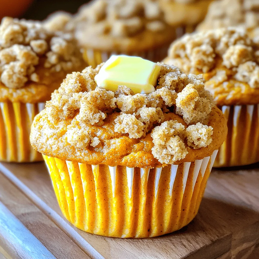 - 1 cup all-purpose flour - 1 teaspoon baking powder - 1 teaspoon baking soda - 1/2 teaspoon salt - 1 teaspoon ground cinnamon - 1/2 teaspoon nutmeg - 1/4 teaspoon ground ginger - 1/2 cup granulated sugar - 1/2 cup brown sugar, packed - 2 large eggs - 1 cup canned pumpkin puree - 1/2 cup vegetable oil - 1 teaspoon vanilla extract - 1/2 cup chopped walnuts - 1/2 cup all-purpose flour - 1/2 cup old-fashioned oats - 1/4 cup brown sugar, packed - 1/4 teaspoon cinnamon - 4 tablespoons cold butter, cubed The ingredients for these pumpkin crumb muffins come together to create a warm, cozy treat. The dry ingredients form the base. Flour, baking powder, and baking soda help the muffins rise. Salt and spices like cinnamon, nutmeg, and ginger add depth and warmth. The wet ingredients bring moisture and sweetness. The sugars blend with eggs and pumpkin puree. This mix gives the muffins their rich flavor. Vegetable oil keeps them soft, while vanilla extract adds a comforting aroma. If you want to enhance the crunch, consider adding walnuts. They give a nice texture and nutty flavor. The crumb topping adds a sweet, crunchy layer. It combines flour, oats, brown sugar, and cinnamon with cold butter. This topping makes the muffins irresistible and fun to eat. Gather these ingredients before you start. Having everything ready makes baking easy and enjoyable. You will love how these muffins taste and how simple they are to make! - Preheat the oven to 350°F (175°C). - Prepare the muffin tin with liners or spray it with non-stick spray. - In a large bowl, combine: - 1 cup all-purpose flour - 1 teaspoon baking powder - 1 teaspoon baking soda - 1/2 teaspoon salt - 1 teaspoon ground cinnamon - 1/2 teaspoon nutmeg - 1/4 teaspoon ground ginger Mix these well. This mix will give your muffins a great taste. - In another bowl, mix together: - 1/2 cup granulated sugar - 1/2 cup brown sugar, packed - 2 large eggs - 1 cup canned pumpkin puree - 1/2 cup vegetable oil - 1 teaspoon vanilla extract Stir until smooth. This blend adds moisture and flavor to the muffins. - Gradually add the dry mixture to the wet mixture. - Stir until just combined. - If you like, fold in 1/2 cup chopped walnuts at this stage. This adds a nice crunch. - In a bowl, mix: - 1/2 cup all-purpose flour - 1/2 cup old-fashioned oats - 1/4 cup brown sugar, packed - 1/4 teaspoon cinnamon - Add 4 tablespoons cold butter, cubed. Use your fork or fingers to mix until crumbly. This topping gives your muffins a sweet crunch. - Fill each muffin cup about two-thirds full with the batter. - Sprinkle the crumb topping generously over each muffin. - Bake in the preheated oven for 18-22 minutes. - Check with a toothpick; it should come out clean. Let the muffins cool for 5 minutes in the tin before moving them to a wire rack. Enjoy the warm, cozy aroma of your freshly baked pumpkin crumb muffins! To get the best muffin, avoid overmixing the batter. Overmixing can make the muffins tough. Mix just until you see no dry flour. This keeps them light and fluffy. Make sure your oven is at the right temperature. I like to use an oven thermometer to check. An even temperature helps muffins bake nicely. If the oven is too hot, they can burn on the outside. If it's too cold, they might not rise well. You can make these muffins more exciting by adding spices. Try nutmeg, allspice, or a pinch of cloves. You can also mix in chocolate chips or dried fruit for fun surprises. For the crumb topping, sprinkle extra cinnamon or add chopped nuts. Walnuts work great, adding both crunch and flavor. Serve the muffins warm with butter on top. The butter melts into the muffins, making them even tastier. You can also sprinkle some extra cinnamon on top for a nice touch. Pair your muffins with coffee or tea. This makes for a cozy snack or breakfast. Enjoy the warmth and comfort in every bite! {{image_2}} You can make these muffins healthier with a few easy swaps. - Substitute whole-wheat or almond flour: This adds fiber and nutrients. Whole-wheat flour gives a nutty taste. Almond flour makes them moist and gluten-free. - Use less sugar or natural sweeteners like honey: Reducing sugar helps cut calories. Honey adds sweetness and a unique flavor. These changes do not sacrifice taste. Instead, they enhance the muffins with added nutrition. Adding new flavors can make your muffins exciting. - Add chocolate chips or dried fruit: Chocolate chips bring sweetness and richness. Dried fruit like raisins or cranberries adds chewiness and natural sugar. - Experiment with different nuts or seeds: Chopped pecans or sunflower seeds add crunch. Each nut or seed brings its own flavor. These options let you create your favorite versions of pumpkin muffins. Seasonal ingredients can add a festive touch. - Incorporate cranberries for a festive touch: Fresh or dried cranberries give a pop of color. They also add tartness that balances the sweetness. - Add zests like orange or lemon for brightness: Citrus zests brighten the flavors. A little goes a long way in lifting the taste. These seasonal twists can make your muffins perfect for holidays or special events. To keep your pumpkin crumb muffins fresh, store them in an airtight container at room temperature. This way, they stay soft and tasty for a few days. I like to use a container that seals well. It keeps air out and moisture in, which helps maintain their flavor. If you want to save some for later, you can freeze the muffins. First, let them cool completely. Wrap each muffin in plastic wrap or foil. Then place them in a freezer bag. This keeps them safe from freezer burn. When you want to eat one, take it out and let it thaw at room temperature. You can also warm it in the microwave for a quick treat. To reheat your muffins and keep them moist, use the oven or microwave. For the oven, preheat it to 350°F (175°C). Place the muffin on a baking sheet for about 5-10 minutes. This warms it through and keeps the crumb topping nice. If you are in a hurry, the microwave works too. Heat each muffin for about 15-20 seconds. Just be careful not to overheat them, or they can get dry. Enjoy your warm muffin with a little butter for extra flavor! Yes, you can use fresh pumpkin. Start by selecting a small sugar pumpkin. Cut it in half and remove the seeds. Roast the halves face down on a baking sheet at 350°F (175°C) for about 40 minutes. Once soft, scoop out the flesh and mash it until smooth. You will need about 1 cup of fresh pumpkin puree. Keep in mind that fresh pumpkin may have more moisture. You may need to reduce the oil slightly in the recipe. Pumpkin muffins stay fresh for about 2-3 days at room temperature. Keep them in an airtight container to maintain moisture. If you store them in the fridge, they can last up to a week. Just remember to let them come to room temperature before serving for the best taste. Yes, you can make these muffins gluten-free. Substitute the all-purpose flour with a 1:1 gluten-free flour blend. These blends often contain xanthan gum, which helps mimic the texture of gluten. You may also use almond flour for a nutty flavor, but adjust the liquid in the recipe since almond flour is denser. You can replace eggs with several ingredients. One option is to use 1/4 cup of unsweetened applesauce for each egg. Another choice is to use a flaxseed meal. Mix 1 tablespoon of flaxseed meal with 2.5 tablespoons of water, then let it sit until it thickens. This works well for binding and moisture in the muffins. This blog post covers a delicious pumpkin muffin recipe with clear steps and tips. From gathering your ingredients to understanding variations and storage, you now have everything you need to make these tasty treats. Remember, you can mix and match the spices or add-ins to create your perfect muffin. Enjoy baking, and share these muffins with friends or family for a warm gathering. Happy baking!