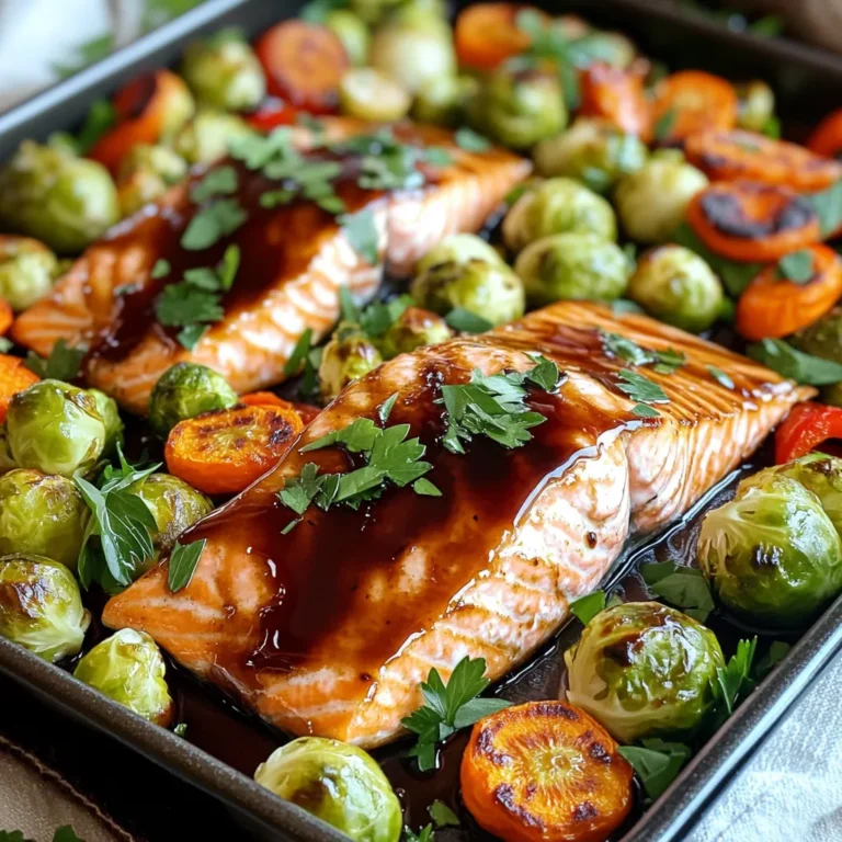 - 4 salmon fillets - 1/4 cup maple syrup - 1/4 cup balsamic vinegar - Olive oil - Garlic - Dijon mustard - Brussels sprouts - Baby carrots - Red bell pepper For this dish, you want to start with fresh salmon fillets. Each fillet should weigh about six ounces. The salmon will soak up the sweet and tangy glaze, making it rich in flavor. Maple syrup and balsamic vinegar create a perfect balance of sweet and sour. This mix coats the salmon and veggies beautifully. Next, grab some cooking essentials. Olive oil adds a nice richness. It helps the glaze stick to the salmon and veggies. Minced garlic gives a punch of flavor that pairs well with the glaze. Dijon mustard adds a hint of spice, bringing all the flavors together. Now, let’s talk about the vegetables. Brussels sprouts bring a nutty taste when roasted. Halving them allows for even cooking and caramelization. Baby carrots add sweetness and color. Lastly, a sliced red bell pepper brings crunch and a vibrant look to the dish. These ingredients combine to make a delightful meal. The flavors meld together as they roast, creating an easy and satisfying dish. 1. Preheat the oven and prepare the sheet pan: Start by preheating your oven to 400°F (200°C). While it heats, line a large sheet pan with parchment paper. This makes cleanup easy later. 2. Whisk together the glaze ingredients: In a small bowl, combine 1/4 cup maple syrup, 1/4 cup balsamic vinegar, 2 tablespoons olive oil, and 2 minced garlic cloves. Add 1 teaspoon Dijon mustard, salt, and pepper. Whisk these ingredients together until they mix well. 1. Coat the salmon with the glaze: Place 4 salmon fillets in the center of your prepared sheet pan. Pour half of the glaze over the salmon. Make sure each fillet is well coated for great flavor. 2. Toss and season the vegetables: In another bowl, toss 1 pound of halved Brussels sprouts, 2 cups of baby carrots, and 1 sliced red bell pepper with the rest of the glaze. Season with more salt and pepper to taste. 1. Bake the salmon and vegetables: Arrange the glazed vegetables around the salmon on the sheet pan. Bake everything in the preheated oven for about 15 to 20 minutes. The salmon should flake easily with a fork when done, and the veggies will be tender and caramelized. 2. Garnishing tips before serving: After removing the pan from the oven, let it rest for a couple of minutes. For a fresh touch, garnish with chopped parsley before you serve. This adds color and flavor to your dish. To cook salmon perfectly, aim for a temperature of 400°F (200°C). Bake for 15 to 20 minutes. The salmon should flake easily with a fork when done. If it looks opaque and moist, that's a good sign! For this dish, Brussels sprouts, baby carrots, and red bell peppers work best. They roast nicely and bring color to your plate. Cut Brussels sprouts in half and slice the bell pepper thin. This helps them cook evenly. Tossing the veggies in the glaze ensures they are flavorful. To boost flavor, consider adding herbs like thyme or rosemary. A pinch of red pepper flakes can add heat. If you have leftovers, mix the salmon and veggies into a salad or wrap. This way, you can enjoy the meal in a new way! {{image_2}} You can swap salmon for chicken or tofu. Chicken will work well with the same glaze. Just make sure to cook it until it reaches 165°F (74°C). Tofu is a great choice for a plant-based option. Use firm tofu, and press it to remove extra moisture. Cook chicken for about 25-30 minutes. Tofu will need only about 20 minutes, so keep an eye on it. Want to add some heat? Consider using spices like red pepper flakes or cayenne. You can also try hot sauces for a kick. Mixing in citrus is fun too. Lemon or orange juice can brighten the dish. Garlic is another great addition. It adds depth and pairs well with the glaze. Use fresh, seasonal veggies for the best taste. In summer, zucchini or bell peppers are perfect. In fall, consider using butternut squash or sweet potatoes. Mixing different colors makes the dish more appealing. For nutrition, aim for a mix of greens, reds, and yellows. This not only looks good but also boosts vitamins in your meal. Store leftover salmon and veggies in an airtight container. This keeps them fresh. Place the container in the fridge. Make sure to eat leftovers within three days. To reheat, use the oven or microwave. If using the oven, set it to 350°F (175°C). Heat for about 10 minutes. This helps keep the salmon moist and the veggies crisp. For freezing, wrap salmon fillets tightly in plastic wrap. Place them in a freezer bag. This prevents freezer burn. You can freeze the salmon for up to three months. For veggies, blanch them first. Blanching means boiling them for a few minutes. After blanching, cool them in ice water. Drain and dry, then freeze in bags. Leftovers last about three days in the fridge. Check for signs of spoilage. Look for a sour smell or slimy texture. If you see these signs, throw it away. Fresh salmon should not smell fishy. Veggies should stay bright and firm. If they become dull or mushy, it’s time to discard them. Cooking salmon on a sheet pan takes about 15 to 20 minutes at 400°F (200°C). This time can vary. The salmon is done when it flakes easily with a fork. Keep an eye on it to avoid overcooking. If your salmon is thicker, you might need a few extra minutes. Yes, you can use frozen salmon! Just remember to thaw it first. You can place it in the fridge overnight. If you’re in a hurry, you can run it under cold water for about an hour. If you cook salmon from frozen, add about 5 to 10 extra minutes to the cooking time. Make sure to check if it's cooked through before serving. You can serve many tasty sides with this dish. Here are some great ideas: - Quinoa or rice for a hearty base - A fresh salad with mixed greens - Roasted potatoes for added crunch - Steamed asparagus for a fresh touch These sides balance the flavors of the salmon well. You can mix and match based on what you like! In this blog post, we explored how to make maple balsamic salmon with delicious vegetables. You learned about key ingredients, cooking steps, and helpful tips. Remember, cooking salmon on a sheet pan is simple but rewarding. You can easily change flavors and swap in different proteins or veggies. Proper storage helps keep your meals fresh. With this knowledge, I hope you feel ready to create your own tasty dish. Enjoy your cooking and share it with friends!