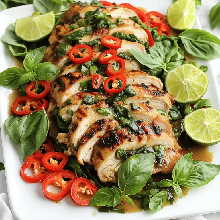 - 1 lb (450g) boneless chicken thighs, sliced thin - 2 cups fresh Thai basil leaves - 4 cloves garlic, minced - 2-3 bird's eye chilies, finely sliced (adjust for spice level) - 1 red bell pepper, sliced - 2 tablespoons soy sauce - 1 tablespoon oyster sauce (or mushroom sauce for a vegetarian option) - 1 tablespoon fish sauce - 1 teaspoon sugar - Fresh lime wedges - Accompaniments like jasmine rice or noodles When I make Spicy Thai Basil Chicken, I love using fresh ingredients. Chicken thighs give this dish a juicy bite. The Thai basil adds a sweet and fragrant touch. Garlic and bird's eye chilies bring heat and depth. Red bell pepper brings color and crunch. For the sauce, soy sauce adds umami. The oyster sauce brings richness. Fish sauce gives it a salty kick, while sugar balances the flavors. To serve, I recommend fresh lime wedges. They add a zesty brightness. Pair the dish with jasmine rice or noodles for a complete meal. Each bite is full of flavor and warmth! 1. Heat 2 tablespoons of vegetable oil in a large wok or skillet over medium-high heat. 2. Add 4 minced garlic cloves and 2-3 finely sliced bird's eye chilies to the hot oil. Stir-fry for about 30 seconds until it smells great. Be careful not to burn the garlic. 3. Turn the heat to high and add 1 pound of sliced boneless chicken thighs. Stir-fry for 5-7 minutes until the chicken is golden brown and fully cooked. 1. In a small bowl, combine 2 tablespoons of soy sauce, 1 tablespoon of oyster sauce, 1 tablespoon of fish sauce, and 1 teaspoon of sugar. 2. Pour this sauce mixture over the chicken and vegetables in the wok. Stir well to coat everything evenly. 3. Add 1 sliced red bell pepper to the wok and stir-fry for 2-3 minutes. The bell pepper should soften but stay crunchy. 1. Stir in 2 cups of fresh Thai basil leaves and cook for another minute until the basil wilts. 2. Remove from heat and serve hot. Garnish with fresh lime wedges for a zesty touch. Serve with jasmine rice or noodles to complete your meal. How can I adjust spice levels with chilies? To change the heat, use more or fewer bird's eye chilies. These little peppers pack a punch. Start with one chili, then taste. Add more if you want it spicier. You can also remove the seeds for less heat. How do I incorporate lime for freshness? Fresh lime juice adds a bright taste. Squeeze lime over the dish just before serving. You can also serve lime wedges on the side. The acidity cuts through the spice and adds depth. What stir-frying tips help cook perfect chicken? Use high heat for quick cooking. Cut chicken thighs into thin slices for even cooking. Make sure your wok or skillet is hot before adding oil. Stir often to avoid sticking. Cook until the chicken is golden brown and fully cooked. How can I prevent burning garlic? Keep an eye on garlic as it cooks. Add it to the hot oil first, but don’t leave it alone. Stir it for about 30 seconds until fragrant. If it starts to brown, lower the heat or add the chicken sooner. What garnishing ideas can I use? Serve the dish on a colorful platter. Top it with extra Thai basil leaves for a fresh look. Add lime wedges for color and flavor. This makes your meal more appealing. What side dishes do you recommend? Serve Spicy Thai Basil Chicken with jasmine rice or noodles. Both soak up the sauce well. You can also add a simple salad for crunch. This balances the spice and adds variety. {{image_2}} You can easily make this dish vegetarian. Just swap chicken with tofu or mushrooms. Tofu absorbs flavors well, giving you a tasty meal. Use firm tofu for the best texture. Mushrooms add a nice umami touch. Try using shiitake or portobello for rich flavors. You can mix in other fresh vegetables too. Snap peas, carrots, or zucchini all work well. They add color and crunch. For herbs, try using sweet basil or even mint for a different twist. Each option gives a unique flavor to the dish. To control the heat, change the number of chilies. Start with one if you want it mild. You can always add more later. If the dish is too hot, add a touch of sugar or honey. This sweet element balances the heat nicely. Lime juice also helps brighten flavors and cool things down. To keep your spicy Thai basil chicken fresh, place it in an airtight container. Make sure to cool it down first. Store it in the fridge for up to three days. If you want to keep it longer, consider freezing it. When it's time to eat your leftovers, you can reheat them in a pan. Use medium heat and add a splash of water to keep it moist. Stir often to avoid burning. You can also use a microwave, but be careful not to overheat it. This helps keep the chicken from drying out. If you want to freeze your dish, let it cool completely. Then, put it in a freezer-safe container. It will stay good for about three months. When you're ready to eat, thaw it overnight in the fridge. Reheat in a pan to keep the texture nice. Enjoy your meal just like the first time! Spicy Thai Basil Chicken is a vibrant dish from Thailand. It combines chicken, Thai basil, and chilies. The flavor is bold and spicy, with hints of garlic and a touch of sweetness. This dish showcases fresh ingredients and bright colors, making it visually appealing. It is often served with rice or noodles. This recipe reflects the balance of flavors in Thai cooking, emphasizing sour, sweet, salty, and spicy. In traditional Thai cuisine, this dish is a favorite, loved for its aroma and taste. Yes, you can prepare this dish ahead of time. To meal prep, cook the chicken and store it in an airtight container. You can also chop the veggies and store them separately. Keep the sauce in a small jar. When ready to eat, simply reheat the chicken and veggies in a pan. Add the sauce and Thai basil at the end. This way, the basil stays fresh and aromatic. The dish will stay good in the fridge for up to three days. If you can't find Thai basil, you can use regular basil. However, the flavor will change. Regular basil is sweeter and less spicy than Thai basil. You can also try mint or cilantro for a different taste. Each herb will give a unique twist to the dish. Experimenting with different herbs can lead to fun new flavors. Just remember to adjust the amounts based on your taste preference. Yes, this dish can be spicy, depending on the chilies you use. Bird's eye chilies are very hot. If you prefer less heat, you can reduce the number of chilies. You can also remove the seeds to lower the spice level. For added flavor without too much heat, consider using sweet bell peppers. Adjusting the spice makes this dish enjoyable for everyone. Always taste as you cook to find the right balance for your palate. Spicy Thai Basil Chicken is easy and fun to make. We covered essential ingredients like chicken, Thai basil, and sauces. I shared steps for prepping, cooking, and serving this flavorful dish. You can also explore variations for different diets and spice levels. Remember, storing leftovers correctly keeps your meal fresh. Enjoy trying this recipe, and delight in each bite. Cooking can be simple and delicious!