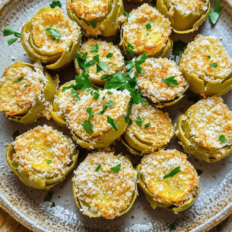 - 1 can (14 oz) artichoke hearts, drained and rinsed - 1/2 cup breadcrumbs (preferably panko for extra crunch) - 1/4 cup grated Parmesan cheese - 2 tablespoons olive oil - 1 teaspoon garlic powder - 1 teaspoon dried oregano - 1/2 teaspoon paprika - Fresh parsley, chopped - Salt and pepper to taste I love using canned artichoke hearts for this recipe. They are tender and full of flavor. Panko breadcrumbs provide a great crunch. Grated Parmesan adds a rich, cheesy taste. Olive oil helps everything stick together and adds moisture. Garlic powder gives it a nice kick. Dried oregano and paprika bring warm, earthy notes. Don't forget salt and pepper to enhance all the flavors. Finally, fresh parsley makes it look pretty and adds freshness. Each ingredient plays a part. The artichokes are the star, while the breading gives a crispy texture. Olive oil and spices tie everything together. This mix makes a tasty snack or side dish. You can easily adjust the seasonings to suit your taste. Enjoy these crispy delights anytime you want a quick, flavorful treat! First, preheat the air fryer to 400°F (200°C). This step is key for crispy artichokes. While the air fryer heats, grab a mixing bowl. In this bowl, combine the dry ingredients: - 1/2 cup breadcrumbs (preferably panko for extra crunch) - 1/4 cup grated Parmesan cheese - 1 teaspoon garlic powder - 1 teaspoon dried oregano - 1/2 teaspoon paprika - Salt and pepper to taste Mix these until well combined. This creates a flavorful coating for our artichokes. Now, take your drained artichoke hearts. Add them to the bowl with olive oil. Use about 2 tablespoons of olive oil. Gently toss to coat each heart. Make sure they are well covered in the oil. This helps the breadcrumb mix stick better. Next, sprinkle the breadcrumb mixture over the artichokes. Toss gently again to ensure each heart is evenly coated. This mixture adds crunch and flavor. When your air fryer is ready, place the artichoke hearts in a single layer in the basket. Depending on your air fryer size, you might need to cook them in batches. Cook them for about 10-12 minutes. Keep an eye on them. They should turn golden and crispy. Remember to shake the basket halfway through cooking. This step ensures even cooking. Once they finish, carefully remove the artichokes. Let them cool for a moment. Then, transfer them to a serving plate and garnish with chopped parsley. Enjoy your crispy treat! To get that perfect crunch, use panko breadcrumbs. Panko adds a light and airy texture. Regular breadcrumbs can become too dense. For the best results, set your air fryer to 400°F (200°C). This high heat helps brown the artichokes and keeps them crispy. You can tweak the seasoning to fit your taste. Add more garlic powder for a stronger flavor. Try using fresh herbs instead of dried ones for a vibrant taste. Fresh parsley or basil adds a bright touch. Dried herbs are still great but offer a different flavor profile. If your air fryer is small, cook in batches. Place the artichokes in a single layer for even cooking. This ensures every piece gets crispy. After cooking, let them cool for a few minutes before serving. This helps the flavors settle and makes for a better bite. {{image_2}} You can easily make this dish fit your diet. For a gluten-free option, swap regular breadcrumbs for gluten-free breadcrumbs. They will still give you that nice crunch. If you're vegan, you can replace the Parmesan cheese with nutritional yeast. For the olive oil, try using avocado oil instead. Both options work well and keep the flavor strong. Want to spice things up? You can add cayenne pepper for heat or Italian seasoning for a herby twist. These spices will add depth to the flavor. Feel free to mix different cheese blends too. Try using mozzarella or a spicy pepper jack. You can even toss in some chopped sun-dried tomatoes for an extra layer of flavor. For dips, try serving these crispy artichokes with a garlic aioli or a tangy marinara sauce. They pair wonderfully with both. You can also serve them alongside a fresh salad or roasted vegetables. This makes for a complete and satisfying meal. After you enjoy your air fryer Parmesan artichoke hearts, store the leftovers in a good container. Use an airtight container to keep them fresh. Glass or plastic containers work well. Place them in the fridge right away. They stay fresh for about 3 to 4 days. Keep the fridge at a cool temperature, around 40°F (4°C), to avoid spoilage. When you want to eat the leftovers, reheating them can be tricky. To keep them crispy, use your air fryer. Set it to 350°F (175°C) and heat for about 5 minutes. This method helps retain that delicious crunch. Microwaving is not a good option. It can make your artichokes soggy. Nobody wants that! You can freeze cooked artichoke hearts if you have extra. First, let them cool completely. Then, place them in a freezer-safe bag. Remove as much air as you can. This helps prevent freezer burn. They can stay in the freezer for up to 2 months. When you’re ready to enjoy them, thaw them in the fridge overnight. To reheat, use the air fryer again for the best results. Air-fried artichoke hearts stay fresh for three to five days. Store them in an airtight container in the fridge. Let them cool completely before sealing. This keeps them crispy and tasty longer. Reheat in the air fryer for best results. Yes, you can use frozen artichoke hearts. Just thaw them first. Drain any excess water before coating them. Pat them dry with a towel to help them crisp up in the air fryer. Cooking time may be a bit longer, so check for doneness. Several dips go great with these crispy treats. Here are some tasty options: - Garlic Aioli: Creamy and full of flavor. - Marinara Sauce: A classic choice that adds a nice contrast. - Ranch Dressing: Cool and creamy, it balances the crunch. - Lemon Wedge: A squeeze of fresh lemon brightens the flavor. Feel free to try different dips and find your favorite! In this article, we explored making crispy air-fried artichoke hearts. We examined key ingredients like canned artichokes, panko breadcrumbs, and Parmesan cheese. I shared tips for perfecting the recipe and ways to adjust for diets. Storing and reheating suggestions ensure your dish stays delicious. Try this recipe to impress your friends and family. The flavorful options will make it a hit. Enjoy your cooking and feel free to experiment with flavors!