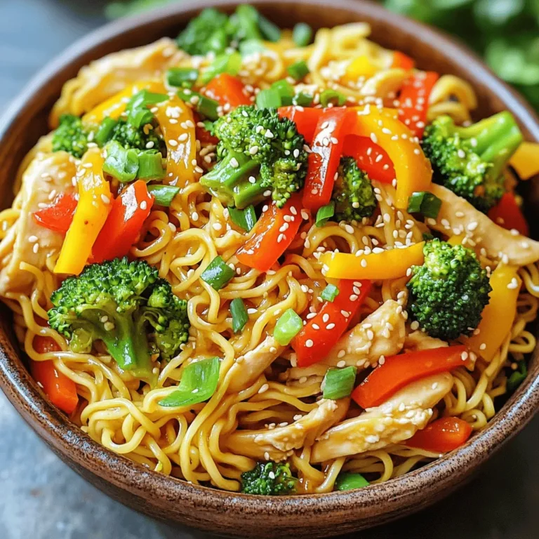 - 300g egg noodles - 1 lb chicken breast, thinly sliced - 4 cloves garlic, minced - 2 tablespoons soy sauce - 1 tablespoon chili paste (adjust for heat preference) - 1 tablespoon sesame oil - 1 bell pepper, sliced (red or yellow for color) - 1 cup broccoli florets - 2 green onions, chopped - Salt and pepper to taste - Sesame seeds for garnish For this dish, I love using egg noodles. They absorb the sauce well and have a great texture. The thinly sliced chicken provides protein and flavor. Garlic is key here; it gives a warm, rich taste. The soy sauce adds umami, while chili paste brings the heat. Adjust the chili to fit your spice level. - Fresh ginger, minced - Crushed red pepper flakes - Bell pepper (orange or green) - Snap peas or carrots If you want more flavor, add ginger. It gives a fresh zing. Crushed red pepper can spice up the dish even more. Swap bell peppers or add snap peas for some crunch. - Chicken can be replaced with tofu for a vegetarian option. - Use rice noodles if you prefer a different texture. - Tamari can be a gluten-free alternative to soy sauce. You can switch chicken for tofu if you want a plant-based meal. I also love rice noodles as an option. For a gluten-free version, tamari works well instead of soy sauce. These small changes can help you make this dish fit your taste! Start by boiling water in a large pot. Add 300g of egg noodles. Cook them according to the package instructions. Once they are soft, drain them in a colander. Set the noodles aside for later. In a large skillet or wok, heat 1 tablespoon of sesame oil over medium-high heat. Once the oil is hot, add 4 minced garlic cloves. Sauté them for about 30 seconds. You want them fragrant but not burnt. Next, add 1 pound of thinly sliced chicken breast. Season it with salt and pepper. Cook the chicken for about 5 to 7 minutes. Make sure it turns brown and is fully cooked. Now, add in 1 sliced bell pepper and 1 cup of broccoli florets. Cook these for another 3 to 4 minutes. You want the veggies to stay tender-crisp. In a small bowl, mix 2 tablespoons of soy sauce and 1 tablespoon of chili paste. Pour this mixture over the chicken and veggies. Stir well to combine everything. Finally, bring back the cooked noodles. Toss them into the skillet with the chicken and veggies. Make sure the noodles are well coated in the spicy garlic sauce. Remove the skillet from heat. Mix in 2 chopped green onions for a fresh taste. Adjust the seasoning if needed. Serve hot, garnished with sesame seeds. Enjoy your meal! To cook perfect noodles, follow these simple steps: - Start with a large pot of water. - Bring the water to a full boil. - Add a pinch of salt to the water. - Stir in the egg noodles and cook as per package instructions. - Taste a noodle to check for doneness. - Drain the noodles and rinse with cold water to stop cooking. This keeps them firm and prevents sticking. Do you want to control the heat? Here’s how: - Use less chili paste if you prefer mild flavors. - For more heat, add an extra spoon of chili paste. - You can also add red pepper flakes for a kick. - Serve with lime wedges for a fresh twist. This way, everyone can enjoy their meal to their liking. Serving your dish well makes it more appealing: - Use a large bowl or platter for a family-style look. - Garnish with sesame seeds and extra green onions. - Add a few colorful veggies on top for contrast. - Drizzle with extra soy sauce for shine. These small touches make your meal look as good as it tastes! {{image_2}} You can easily make a vegetarian version of Spicy Garlic Chicken Noodles using tofu. Start by replacing the chicken with firm tofu. Cut the tofu into cubes and press it to remove extra moisture. Then, sauté the tofu in sesame oil until it's golden brown. Follow the same steps as the original recipe, adding the tofu in place of chicken. This keeps all the great flavors while making it plant-based. To make Spicy Garlic Chicken Noodles gluten-free, swap the soy sauce for a gluten-free alternative. You can use tamari, which offers a similar taste without gluten. Check your noodle package too. Some egg noodles may contain gluten, so look for rice noodles or gluten-free egg noodles instead. This way, you can enjoy this dish without worry. Feel free to mix in other vegetables for extra color and nutrition. Carrots, snap peas, or bok choy work well in this dish. Just chop them into bite-sized pieces and add them when you cook the broccoli and bell peppers. This adds more flavor and makes your meal even healthier. Remember to adjust cooking times based on how long each vegetable takes to become tender-crisp. To store leftover spicy garlic chicken noodles, first let them cool down. Place them in an airtight container. Make sure to use a container that seals well to keep the flavors intact. Refrigerate the noodles within two hours of cooking. They will stay fresh for up to three days. When you’re ready to eat your leftovers, reheat them on the stove or in the microwave. If using the stove, add a splash of water to help them steam. Heat over low to medium heat until warm. If using a microwave, cover the container and heat in short intervals. Stir after each interval to ensure even heating. You can freeze these noodles if you want to keep them longer. First, let the noodles cool completely. Then, place them in a freezer-safe bag or container. Try to remove as much air as possible to prevent freezer burn. They can be frozen for up to three months. When you want to enjoy them again, thaw them in the fridge overnight. Reheat as mentioned before. You can serve this dish with many sides. A fresh salad pairs well. You might try a simple cucumber salad or a side of steamed veggies. Fried rice also complements this meal nicely. If you want something crispy, egg rolls are a great choice. To make it less spicy, reduce the chili paste. Start with half a tablespoon. You can also add more soy sauce to balance the heat. Another option is to include more vegetables, like carrots or peas. This will help tone down the spice while keeping flavor. Yes, you can! Rice noodles or udon noodles work well in this dish. You can even use whole wheat or gluten-free noodles if you prefer. Just be sure to adjust the cooking time based on the noodles you choose. This dish takes about 30 minutes to make. You will spend 15 minutes prepping ingredients and cooking. The rest is just mixing everything together. It’s a quick and tasty meal! Some great side dishes include steamed broccoli, sautéed greens, or a light soup. You could also serve it with pickled vegetables for a tangy touch. Another option is to have a bowl of miso soup alongside. Each side adds a new flavor to your meal. This blog post covered how to make Spicy Garlic Chicken Noodles. We explored the main ingredients and optional ones for extra flavor. I shared step-by-step cooking instructions for perfect noodles, sautéed chicken, and mixed veggies. You learned tips for cooking, serving, and storing this dish. You can adapt this recipe to fit your tastes or dietary needs. I hope you feel ready to create a delicious meal that's right for you. Enjoy your cooking journey!