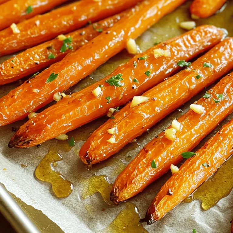 To make honey garlic roasted carrots, you need a few simple ingredients. Here’s what you'll need: - 1 lb baby carrots (or regular carrots cut into sticks) - 3 tablespoons honey - 2 tablespoons olive oil - 4 garlic cloves, minced - 1 teaspoon fresh thyme leaves (or ½ teaspoon dried thyme) - Salt and pepper to taste - 1 tablespoon balsamic vinegar (optional for tanginess) - Fresh parsley, chopped for garnish (optional) These ingredients come together to create a dish that is both sweet and savory. The baby carrots are tender and sweet, while the honey and garlic add rich flavor. The thyme gives a fresh note, and the balsamic vinegar, if used, adds a nice touch of tang. Chopped parsley at the end not only looks pretty but also adds a fresh taste. When selecting your carrots, try to pick ones that are bright in color and firm to the touch. This ensures that you get the best flavor and texture. Don't worry if you only have regular carrots on hand; just cut them into sticks to match the baby carrots. Gather these ingredients, and you are ready to create a delightful side dish that pairs well with many meals. - Preheat the oven and prepare the baking sheet Start by preheating your oven to 400°F (200°C). This high temperature helps to caramelize the carrots. Line a baking sheet with parchment paper. This step makes cleanup easy and keeps your carrots from sticking. - Mix the honey garlic sauce In a mixing bowl, combine 3 tablespoons of honey, 2 tablespoons of olive oil, and 4 minced garlic cloves. Add 1 teaspoon of fresh thyme leaves, and season with salt and pepper. If you want extra flavor, mix in 1 tablespoon of balsamic vinegar. Whisk everything together until it blends well. - Coat the carrots Add 1 pound of baby carrots to the bowl. Toss them in the honey garlic sauce until they are fully coated. This step ensures each carrot gets that sweet and savory flavor. - Spread carrots on the baking sheet Take the coated carrots and spread them out in a single layer on the prepared baking sheet. Make sure they are not crowded. This space allows the heat to circulate and helps them roast evenly. - Roast and stir Place the baking sheet in the preheated oven. Roast the carrots for 25-30 minutes. Be sure to stir them halfway through. This stirring helps them brown and caramelize nicely. - Check for doneness After 25 minutes, check if the carrots are tender. You can do this by poking them with a fork. If they are soft and caramelized, they are done! If not, give them a few more minutes in the oven. When choosing carrots, you have options. Baby carrots are sweet and easy to use. They cook quickly and look nice on a plate. Regular carrots can be cut into sticks. They have a strong flavor and can be cheaper. Organic carrots often taste better. They are grown without harmful chemicals. Non-organic carrots may be fine, but check for freshness. Look for firm, bright carrots, regardless of type. Caramelization adds a great flavor to your dish. Set your oven to 400°F (200°C). This temperature helps the sugars in carrots brown nicely. If you want a softer texture, you can lower the heat a bit. Cooking time is key too. Roast your carrots for 25-30 minutes. Stir them halfway through to ensure even cooking. If they are not tender after 30 minutes, give them a few more minutes. You can easily boost flavors in your carrots. Try adding herbs like rosemary or dill for a twist. Fresh herbs give a bright taste. Dried herbs work too if fresh ones are not available. Balsamic vinegar is a great addition. It adds tang and depth. Mix it into your honey garlic sauce for a richer flavor. This simple change can make a big difference in taste. {{image_2}} If you want a vegan version, you can swap honey for maple syrup. Maple syrup gives a lovely sweetness that works well with carrots. The rest of the recipe stays the same. You still mix it with olive oil, garlic, and herbs. Maple syrup has a different flavor, but it still tastes great. You can use other root veggies, like parsnips or sweet potatoes. These add different textures and flavors. You can even combine carrots with these veggies for a colorful dish. Mixing in some green beans or peas can add a nice crunch too. This way, you can enjoy a tasty mix of flavors on your plate. To change the taste, consider adding citrus zest. Lemon or orange zest can brighten the dish. Just sprinkle some on before serving. If you like spice, try adding red pepper flakes or cayenne pepper. This gives the carrots a nice kick. You can adjust the heat based on your taste. These simple tweaks make your Honey Garlic Roasted Carrots even more exciting. To keep Honey Garlic Roasted Carrots fresh, store them in the fridge. Place them in an airtight container. They will stay good for about three to five days. Avoid leaving them out at room temperature for too long. If you want to store them longer, freezing is a good option. Let the carrots cool down first. Then, place them in a freezer bag. Try to remove as much air as you can. Frozen carrots will last for three months. When ready to eat, thaw them in the fridge overnight. For reheating, I recommend using the oven. This method keeps the carrots crispy and tasty. Preheat your oven to 350°F (175°C). Spread the carrots on a baking sheet. Heat them for about 10 to 15 minutes. If you're short on time, the microwave works too. Place the carrots in a microwave-safe dish. Cover them with a damp paper towel. Heat in short bursts of 30 seconds. Stir between each burst to keep them moist. No matter how you reheat them, enjoy the rich flavor! Honey Garlic Roasted Carrots can last up to four days in the fridge. Store them in an airtight container. This keeps them fresh and tasty. The flavors may change a bit, but they stay good to eat. Yes, you can use other sweeteners. Maple syrup or agave nectar works well. These options give a similar sweet taste. You may need to adjust the amount for sweetness. Honey Garlic Roasted Carrots pair well with many dishes. Try them with roasted chicken or grilled fish. They also go great with quinoa or rice. Add a fresh salad for a complete meal. Yes, this dish is perfect for meal prep. You can make it ahead and store it. Just reheat when ready to eat. The carrots taste great warm or at room temperature. This blog post covers how to make honey garlic roasted carrots. You need just a few simple ingredients and clear steps. We explored tips for selecting the best carrots and achieving great flavor. I shared variations for vegans, different vegetables, and flavor tweaks. Lastly, we discussed storage and reheating options. Try this recipe for a tasty side dish. With these simple instructions, you can create a healthy and flavorful treat. Enjoy your cooking!
