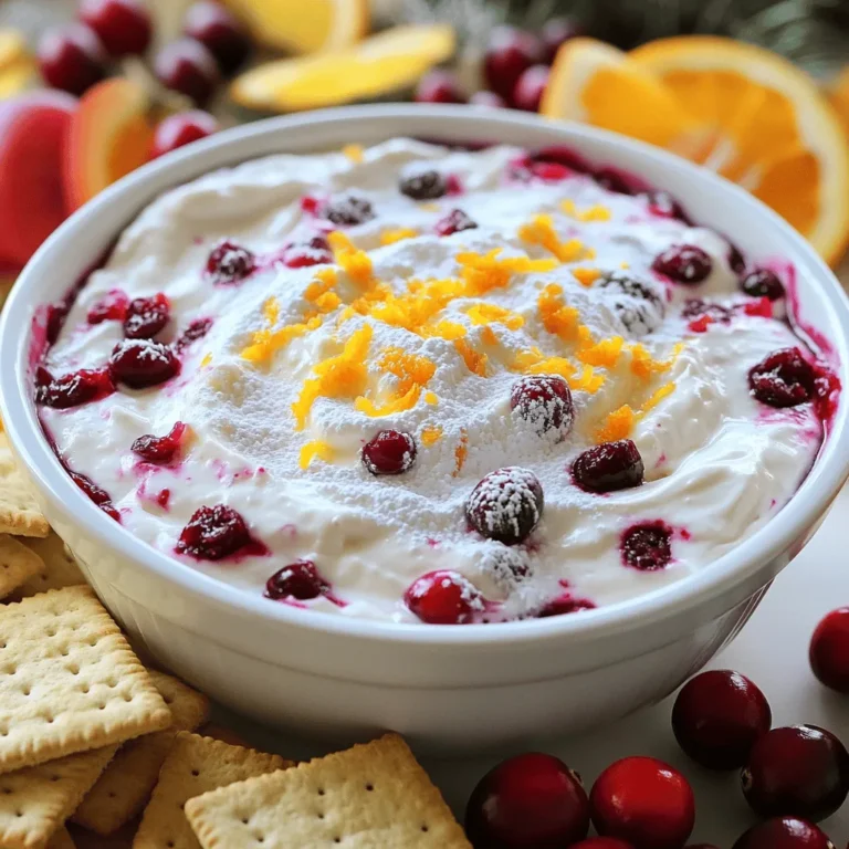 To make this delicious cranberry orange cheesecake dip, gather these key items: - 8 oz cream cheese, softened - 1 cup powdered sugar - 1 teaspoon vanilla extract - 1/4 cup Greek yogurt - Zest of 1 orange - 1/2 cup fresh cranberries, chopped (or cranberry sauce) - 1 tablespoon orange juice - Graham crackers or sliced fruit for serving These ingredients create a creamy and tangy base. The cream cheese gives it richness, while the cranberries add a bold zing. Feel free to get creative! You can add a few fun twists. Here are some optional ingredients: - A pinch of cinnamon for warmth - Chopped nuts for crunch - A dash of almond extract for extra flavor These additions can make your dip unique and exciting. If you need to swap out any ingredients, here are some easy alternatives: - Use mascarpone cheese instead of cream cheese for a richer taste. - Swap Greek yogurt with sour cream if you prefer. - For a sweeter note, consider maple syrup instead of powdered sugar. These substitutions still keep the spirit of the dip while changing its flavor and texture. Start by taking your softened cream cheese and powdered sugar. Place them in a mixing bowl. Use an electric mixer to beat them together. Mix until the cream cheese is smooth and creamy. This step is key for a great texture. Now it’s time to add flavor. Pour in the vanilla extract and Greek yogurt. Mix these in until they blend well. Next, add the zest of one orange and a tablespoon of fresh orange juice. Stir until all the flavors mix together. Finally, gently fold in the chopped cranberries or cranberry sauce. This adds a nice burst of color and taste. Transfer your creamy mixture to a serving bowl. Use a spatula to smooth the top. Cover the bowl tightly with plastic wrap. Refrigerate the dip for at least one hour. This chilling time helps the flavors meld beautifully. Serve it cold with graham crackers or fresh fruit for a tasty treat. To make your dip smooth, start with softened cream cheese. Cold cream cheese will not mix well. Beat the cream cheese and powdered sugar until creamy. This step is key for a light texture. Adding Greek yogurt helps keep it creamy and adds a slight tang. If the dip feels too thick, mix in a bit more orange juice. This will help you get that perfect dip consistency. You can boost the flavor of your dip in simple ways. Adding more orange zest will make it brighter and fresher. Consider using a dash of cinnamon for warmth. This complements the orange and cranberry flavors nicely. For an extra kick, a splash of almond extract can add depth. If you love a sweet dip, try adding more powdered sugar to taste. A beautiful dip makes serving more fun! Use a pretty bowl to hold your dip. Once you transfer the dip into the bowl, smooth the top for a neat look. Garnish with a few whole cranberries or a sprinkle of orange zest. This makes it pop! Serve your dip with graham crackers or sliced fruit on a colorful platter. This not only looks nice but also invites guests to dive in. {{image_2}} You can change the ingredients based on what is in season. In winter, use fresh cranberries. In summer, try fresh strawberries or blueberries. You can also swap the orange zest for lemon zest for a different taste. This keeps the dip fresh and exciting. While graham crackers are great, try other dippers too. Sliced apples or pears work well. You can also use pretzels for a salty crunch. Even cookies can add a fun twist. Just think about what you enjoy dipping! The base of this dip is creamy and sweet. But you can add other flavors. Try a pinch of cinnamon for warmth. Or mix in some chocolate chips for a sweet touch. You can even add nutmeg for a holiday vibe. Don't be afraid to experiment! To keep your cranberry orange cheesecake dip fresh, store it in the fridge. Use an airtight container. This helps prevent any strong smells from other foods in your fridge. The dip can stay fresh for up to five days. Before serving, check for any changes in texture or smell. If it looks or smells off, it's best to toss it. You can freeze this dip if you want to save some for later. Use a freezer-safe container to keep it fresh. Leave some space at the top for expansion. The dip can last in the freezer for about three months. When you're ready to eat it, thaw it in the fridge overnight. This helps keep the texture nice. Cranberry orange cheesecake dip is best served cold, but you can refresh it if needed. If it's too thick after being in the fridge, mix in a little more Greek yogurt or orange juice. This will bring back its creamy texture. Always taste before serving to make sure it still tastes great. Yes, you can use low-fat cream cheese. It will make the dip lighter. The taste may change slightly. Make sure it is softened for easy mixing. This swap keeps the dip creamy while cutting some fat. You can store the dip in the fridge for up to five days. Be sure to keep it in an airtight container. This will help keep it fresh and tasty. If you want to enjoy it later, check for any changes in smell or texture before serving. Serve your dip with graham crackers or sliced fruit like apples. You can also use pretzels for a sweet and salty mix. For a fun twist, try using mini pancakes or waffles as dippers. This adds a unique touch to your dessert spread! This blog post covered how to make a delicious dip. You learned the key ingredients, step-by-step instructions, and helpful tips. We also explored fun variations and smart storage methods. Remember, you can always switch ingredients to match your taste. With these ideas, you can wow your friends and family. Enjoy every bite, and have fun making your dip!