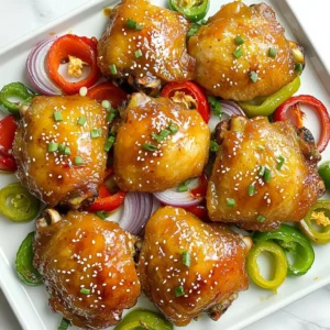 - 4 bone-in, skin-on chicken thighs - 1/4 cup sweet chili sauce - 2 tablespoons soy sauce The chicken thighs are the star of the dish. Their skin crisps up well in the oven. The sweet chili sauce adds a nice glaze and flavor. Soy sauce brings a salty kick that balances the sweetness. - 1 red bell pepper, sliced - 1 green bell pepper, sliced - 1 medium red onion, quartered The veggies add color and crunch. Red and green bell peppers offer a sweet taste. The red onion adds a mild sharpness, rounding out the flavor profile. Together, they create a beautiful medley. - 2 cloves garlic, minced - 1 inch ginger, grated - 2 tablespoons olive oil Garlic and ginger bring depth to the dish. The minced garlic gives a rich aroma, while ginger adds warmth. Olive oil helps to roast the veggies evenly and keeps them tender. The seasoning mix makes this dish truly special. 1. Preheat the oven to 425°F (220°C). This step warms your oven for quick cooking. 2. Prepare the baking sheet by lining it with parchment paper. This makes for easy cleanup later. 1. In a medium bowl, whisk together the sweet chili sauce, soy sauce, sesame oil, minced garlic, and grated ginger. This mix creates a tasty glaze that adds flavor. 2. Make sure the ingredients blend well. This brings out the best in your dish. 1. Season the chicken thighs with salt and pepper. Place them skin side up on the baking sheet. This allows the skin to crisp up while cooking. 2. Brush the chicken thighs generously with the sweet chili mixture. Save some glaze for later to add extra flavor. 3. In a separate bowl, toss the sliced bell peppers and red onion with olive oil, salt, and pepper. Spread these veggies around the chicken on the baking sheet. They will roast nicely and soak up the flavors. 4. Bake in the preheated oven for 25-30 minutes. Keep an eye on the chicken. It should reach an internal temperature of 165°F (75°C) when done. 5. During the last 5 minutes of baking, brush the chicken thighs with the remaining sweet chili sauce. This step gives the chicken a beautiful glaze and shine. 6. Remove from the oven and let the chicken rest for a few minutes. This helps keep the juices inside. 7. When ready, serve the chicken thighs on a bed of roasted veggies. Garnish with chopped green onions and sesame seeds for a lovely finish. To brush the sweet chili sauce, use a basting brush. This tool helps cover the chicken evenly. Start with a generous coat on the thighs. Make sure to save some sauce for later. You’ll brush it on again for a glossy finish. Timing is key for glazing and baking. Bake the chicken for about 25 minutes first. Then, during the last 5 minutes, add the remaining sauce. This step enhances the flavor and gives your dish that stunning shine. Plating the dish should be simple yet appealing. Place the chicken thighs on a large platter. Arrange the colorful vegetables around them. This layout makes the meal look inviting and fresh. For garnishing tips, sprinkle chopped green onions and sesame seeds on top. These add a pop of color and a hint of crunch. The bright green and white contrast beautifully with the chicken. Avoid overcooking the chicken. This can make the meat dry and tough. Use a meat thermometer to check for doneness. Aim for an internal temperature of 165°F (75°C) to ensure perfect juiciness. Also, be careful not to under-season the vegetables. A little salt and pepper go a long way. Season them well before roasting. This helps enhance their natural flavors and complements the chicken nicely. {{image_2}} Using chicken breasts You can swap chicken thighs for chicken breasts. Breasts cook faster, so check earlier. They can still soak up sweet chili sauce well. This swap keeps your meal light and tasty. Exploring turkey options Turkey thighs also work great in this dish. They offer a rich flavor similar to chicken thighs. Use the same sweet chili glaze for a delicious twist. Other vegetable combinations Feel free to mix in other veggies. Carrots, broccoli, or snap peas add crunch and color. Use what you have on hand. The sweet chili sauce pairs well with many vegetables. Seasonal variations In summer, use zucchini or corn. In fall, try butternut squash or Brussels sprouts. Seasonal veggies keep the dish fresh and exciting throughout the year. Homemade sweet chili sauce You can make your own sweet chili sauce. Combine sugar, vinegar, and chili flakes in a pot. Simmer until thick. This gives you control over the flavors and spice level. Spicy variations with sriracha If you like heat, add sriracha to the glaze. Mix it with the sweet chili sauce for a kick. Adjust the amount to suit your taste. This adds a fun twist to the meal. To keep your chicken thighs fresh, let them cool first. Place them in an airtight container. This helps prevent moisture loss. You can store them in the fridge for up to four days. For the best results, use glass or BPA-free plastic containers. These help keep flavors strong. You can reheat chicken thighs in a few ways. The oven works best for even heating. Preheat it to 350°F (175°C). Place the thighs on a baking dish and cover them with foil. Bake for about 15-20 minutes. This keeps the chicken moist and tasty. You can also use the microwave if you're in a hurry. Heat each thigh for about 1-2 minutes. But, make sure to cover them to retain moisture. If you have extra chicken, freezing is a great option. Wrap each thigh in plastic wrap. Then, place them in a freezer bag. This keeps them fresh for up to three months. To thaw, move the chicken to the fridge overnight. For quick thawing, you can use the microwave. After thawing, bake the chicken at 350°F (175°C) until heated through. This keeps your meal delicious and juicy. To check if chicken thighs are done, use a meat thermometer. The internal temperature should reach 165°F (75°C). You can also check the juices. If they run clear, the chicken is likely done. The skin should look golden and crisp. Yes, you can prep this dish ahead of time. Marinate the chicken in the sweet chili mix overnight. Chop the veggies and store them in a fridge. Bake them fresh when ready to eat. This keeps the chicken juicy and the veggies bright. Serve this chicken with rice or quinoa for a hearty meal. A fresh salad pairs well too. You can add roasted potatoes or steamed broccoli for more texture. Mix and match sides to make it your own. In this blog post, we covered a tasty sweet chili chicken dish. We explored main ingredients like chicken thighs and sweet chili sauce. I shared step-by-step cooking instructions, tips for better glazing, and even variations with different proteins and veggies. In summary, cooking can be simple and fun. Don't shy away from trying new things! Enjoy your meals, and share them with others to spread the joy. Happy cooking!