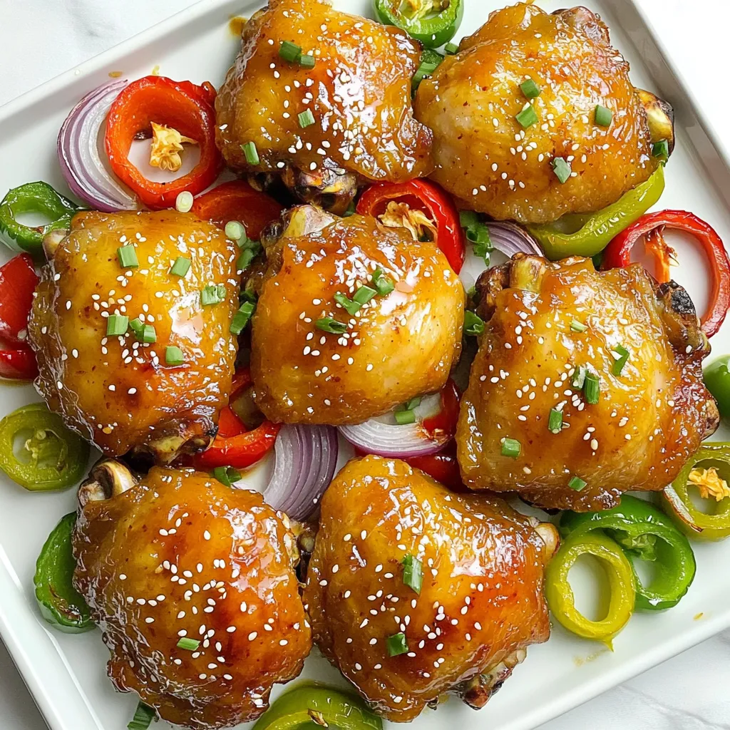- 4 bone-in, skin-on chicken thighs - 1/4 cup sweet chili sauce - 2 tablespoons soy sauce The chicken thighs are the star of the dish. Their skin crisps up well in the oven. The sweet chili sauce adds a nice glaze and flavor. Soy sauce brings a salty kick that balances the sweetness. - 1 red bell pepper, sliced - 1 green bell pepper, sliced - 1 medium red onion, quartered The veggies add color and crunch. Red and green bell peppers offer a sweet taste. The red onion adds a mild sharpness, rounding out the flavor profile. Together, they create a beautiful medley. - 2 cloves garlic, minced - 1 inch ginger, grated - 2 tablespoons olive oil Garlic and ginger bring depth to the dish. The minced garlic gives a rich aroma, while ginger adds warmth. Olive oil helps to roast the veggies evenly and keeps them tender. The seasoning mix makes this dish truly special. 1. Preheat the oven to 425°F (220°C). This step warms your oven for quick cooking. 2. Prepare the baking sheet by lining it with parchment paper. This makes for easy cleanup later. 1. In a medium bowl, whisk together the sweet chili sauce, soy sauce, sesame oil, minced garlic, and grated ginger. This mix creates a tasty glaze that adds flavor. 2. Make sure the ingredients blend well. This brings out the best in your dish. 1. Season the chicken thighs with salt and pepper. Place them skin side up on the baking sheet. This allows the skin to crisp up while cooking. 2. Brush the chicken thighs generously with the sweet chili mixture. Save some glaze for later to add extra flavor. 3. In a separate bowl, toss the sliced bell peppers and red onion with olive oil, salt, and pepper. Spread these veggies around the chicken on the baking sheet. They will roast nicely and soak up the flavors. 4. Bake in the preheated oven for 25-30 minutes. Keep an eye on the chicken. It should reach an internal temperature of 165°F (75°C) when done. 5. During the last 5 minutes of baking, brush the chicken thighs with the remaining sweet chili sauce. This step gives the chicken a beautiful glaze and shine. 6. Remove from the oven and let the chicken rest for a few minutes. This helps keep the juices inside. 7. When ready, serve the chicken thighs on a bed of roasted veggies. Garnish with chopped green onions and sesame seeds for a lovely finish. To brush the sweet chili sauce, use a basting brush. This tool helps cover the chicken evenly. Start with a generous coat on the thighs. Make sure to save some sauce for later. You’ll brush it on again for a glossy finish. Timing is key for glazing and baking. Bake the chicken for about 25 minutes first. Then, during the last 5 minutes, add the remaining sauce. This step enhances the flavor and gives your dish that stunning shine. Plating the dish should be simple yet appealing. Place the chicken thighs on a large platter. Arrange the colorful vegetables around them. This layout makes the meal look inviting and fresh. For garnishing tips, sprinkle chopped green onions and sesame seeds on top. These add a pop of color and a hint of crunch. The bright green and white contrast beautifully with the chicken. Avoid overcooking the chicken. This can make the meat dry and tough. Use a meat thermometer to check for doneness. Aim for an internal temperature of 165°F (75°C) to ensure perfect juiciness. Also, be careful not to under-season the vegetables. A little salt and pepper go a long way. Season them well before roasting. This helps enhance their natural flavors and complements the chicken nicely. {{image_2}} Using chicken breasts You can swap chicken thighs for chicken breasts. Breasts cook faster, so check earlier. They can still soak up sweet chili sauce well. This swap keeps your meal light and tasty. Exploring turkey options Turkey thighs also work great in this dish. They offer a rich flavor similar to chicken thighs. Use the same sweet chili glaze for a delicious twist. Other vegetable combinations Feel free to mix in other veggies. Carrots, broccoli, or snap peas add crunch and color. Use what you have on hand. The sweet chili sauce pairs well with many vegetables. Seasonal variations In summer, use zucchini or corn. In fall, try butternut squash or Brussels sprouts. Seasonal veggies keep the dish fresh and exciting throughout the year. Homemade sweet chili sauce You can make your own sweet chili sauce. Combine sugar, vinegar, and chili flakes in a pot. Simmer until thick. This gives you control over the flavors and spice level. Spicy variations with sriracha If you like heat, add sriracha to the glaze. Mix it with the sweet chili sauce for a kick. Adjust the amount to suit your taste. This adds a fun twist to the meal. To keep your chicken thighs fresh, let them cool first. Place them in an airtight container. This helps prevent moisture loss. You can store them in the fridge for up to four days. For the best results, use glass or BPA-free plastic containers. These help keep flavors strong. You can reheat chicken thighs in a few ways. The oven works best for even heating. Preheat it to 350°F (175°C). Place the thighs on a baking dish and cover them with foil. Bake for about 15-20 minutes. This keeps the chicken moist and tasty. You can also use the microwave if you're in a hurry. Heat each thigh for about 1-2 minutes. But, make sure to cover them to retain moisture. If you have extra chicken, freezing is a great option. Wrap each thigh in plastic wrap. Then, place them in a freezer bag. This keeps them fresh for up to three months. To thaw, move the chicken to the fridge overnight. For quick thawing, you can use the microwave. After thawing, bake the chicken at 350°F (175°C) until heated through. This keeps your meal delicious and juicy. To check if chicken thighs are done, use a meat thermometer. The internal temperature should reach 165°F (75°C). You can also check the juices. If they run clear, the chicken is likely done. The skin should look golden and crisp. Yes, you can prep this dish ahead of time. Marinate the chicken in the sweet chili mix overnight. Chop the veggies and store them in a fridge. Bake them fresh when ready to eat. This keeps the chicken juicy and the veggies bright. Serve this chicken with rice or quinoa for a hearty meal. A fresh salad pairs well too. You can add roasted potatoes or steamed broccoli for more texture. Mix and match sides to make it your own. In this blog post, we covered a tasty sweet chili chicken dish. We explored main ingredients like chicken thighs and sweet chili sauce. I shared step-by-step cooking instructions, tips for better glazing, and even variations with different proteins and veggies. In summary, cooking can be simple and fun. Don't shy away from trying new things! Enjoy your meals, and share them with others to spread the joy. Happy cooking!