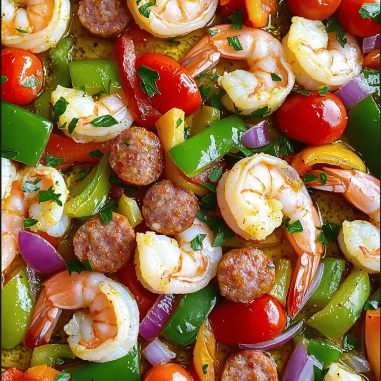 - 1 pound large shrimp, peeled and deveined - 1 pound turkey sausage, sliced into rounds - 2 bell peppers (one red, one green), chopped - 1 medium red onion, chopped - 2 cups cherry tomatoes, halved - 3 tablespoons olive oil - 2 tablespoons Cajun seasoning - 1 teaspoon garlic powder - Salt and pepper to taste - Fresh parsley for garnish Gathering the right ingredients is key to making this dish shine. You need one pound of large shrimp. Make sure they are peeled and deveined. The turkey sausage adds great flavor, and you’ll want one pound of that, too. Slice it into rounds for even cooking. Next, grab two bell peppers — one red and one green. Chop them up into bite-sized pieces. Add a medium red onion, also chopped. For a burst of color and taste, use two cups of cherry tomatoes, halved. You’ll need three tablespoons of olive oil to coat everything nicely. For that Cajun kick, use two tablespoons of Cajun seasoning and one teaspoon of garlic powder. Season with salt and pepper to taste. Finally, fresh parsley adds a pop of color and freshness when you garnish your dish. With these ingredients ready, you can create a flavorful meal everyone will love. - Preheat your oven to 400°F (200°C). This makes sure your dish cooks well. Line a large sheet pan with parchment paper. This helps with easy cleanup later. - In a large bowl, combine 1 pound of large shrimp, 1 pound of sliced turkey sausage, 2 chopped bell peppers (one red and one green), 1 chopped red onion, and 2 cups of halved cherry tomatoes. Mixing these ingredients creates a colorful and tasty dish. - Drizzle 3 tablespoons of olive oil over the mixture in the bowl. Then, sprinkle 2 tablespoons of Cajun seasoning, 1 teaspoon of garlic powder, and add salt and pepper to taste. Toss everything together until well coated. This step is key for flavor! - Spread the mixture evenly onto the prepared sheet pan. Make sure it’s in a single layer. This helps everything cook evenly. - Roast in the preheated oven for 15-20 minutes. Stir halfway through to ensure even cooking. You’ll know it’s done when the shrimp turn opaque and the sausage is heated through. - Once done, remove the pan from the oven and let it rest for a few minutes. This helps the flavors settle. - Garnish with freshly chopped parsley before serving. This adds a nice touch and fresh flavor! To get shrimp just right, follow these tips: - Cook for 15-20 minutes at 400°F (200°C). - Look for them to turn opaque. - Stir halfway through to cook evenly. - Avoid overcooking; they can become rubbery. Perfect shrimp should be tender and juicy. Use a timer to help keep track. Want to amp up the taste? Try these ideas: - Add a pinch of cayenne for heat. - Mix in some smoked paprika for depth. - Fresh lemon juice adds brightness. - Experiment with thyme or oregano for a twist. These simple additions can boost flavor without extra work. Adjust to your taste and enjoy! Cleaning up can be a breeze if you plan right: - Use parchment paper on your sheet pan. - Toss all ingredients in one bowl. - Wipe down surfaces with a damp cloth. - Soak your mixing bowl and utensils right after cooking. With these steps, you’ll spend less time cleaning and more time enjoying your meal! {{image_2}} You can mix up the proteins in this dish. If you want a different flavor, try chicken sausage or pork sausage. Both add great taste and work well with Cajun spices. For shrimp, you could use scallops or even firm white fish. Each protein gives the dish a fresh twist. Cajun flavors pair with many vegetables. You can use zucchini or yellow squash for a tasty option. Other good choices are asparagus, green beans, or even corn. Each veggie adds its own charm and color to the dish. Feel free to get creative and use what you love. This dish goes well with rice, quinoa, or crusty bread. A simple green salad also complements the meal nicely. If you enjoy a bit of heat, serve with hot sauce on the side. These sides add more flavor and texture to your meal, making it a feast everyone will enjoy. To store your leftovers, let the dish cool first. Place it in an airtight container. You can keep it in the fridge for up to three days. Make sure to label the container with the date. This way, you will know how fresh your meal is. When you are ready to eat, you can reheat the dish in several ways. The best way is to use the oven. Preheat your oven to 350°F (175°C). Place the dish in an oven-safe dish and cover it with foil. Heat for about 15 minutes. This method keeps the shrimp and sausage juicy. You can also use a microwave, but it may not keep the same texture. If you want to freeze the dish, do it right after it cools. Use freezer-safe containers or bags. Make sure to remove as much air as possible. This helps prevent freezer burn. You can freeze it for up to three months. When ready to eat, thaw it overnight in the fridge. Then, reheat it in the oven or microwave as mentioned above. Enjoy your delicious meal later! To season shrimp, use Cajun seasoning for a bold kick. I like to mix two tablespoons of Cajun seasoning with garlic powder and a pinch of salt. If you want a milder option, try Old Bay seasoning or lemon pepper. These alternatives give a nice flavor without the heat. You can even add fresh herbs like thyme or parsley for extra taste. Yes, you can prep this dish ahead of time. Chop the veggies and mix the shrimp and sausage with the seasonings. Store everything in the fridge for up to 24 hours. When you’re ready to cook, just spread it on the sheet pan and roast. This method helps save time on busy nights. The shrimp are done when they turn opaque and slightly pink. This usually takes about 15 to 20 minutes in the oven. If you want to be sure, use a meat thermometer. The safe cooking temperature for shrimp is 120°F (49°C). When cooked right, they will be firm and juicy. In this blog post, we explored a delicious Cajun shrimp and sausage recipe. You learned how to prepare ingredients, follow steps for cooking, and add tasty variations. Remember to use fresh ingredients for the best flavor and to follow the tips for perfect cooking. With these simple guidelines, you can create a meal that impresses anyone. Enjoy the joy of cooking this dish and make it your own with personal touches. Happy cooking!