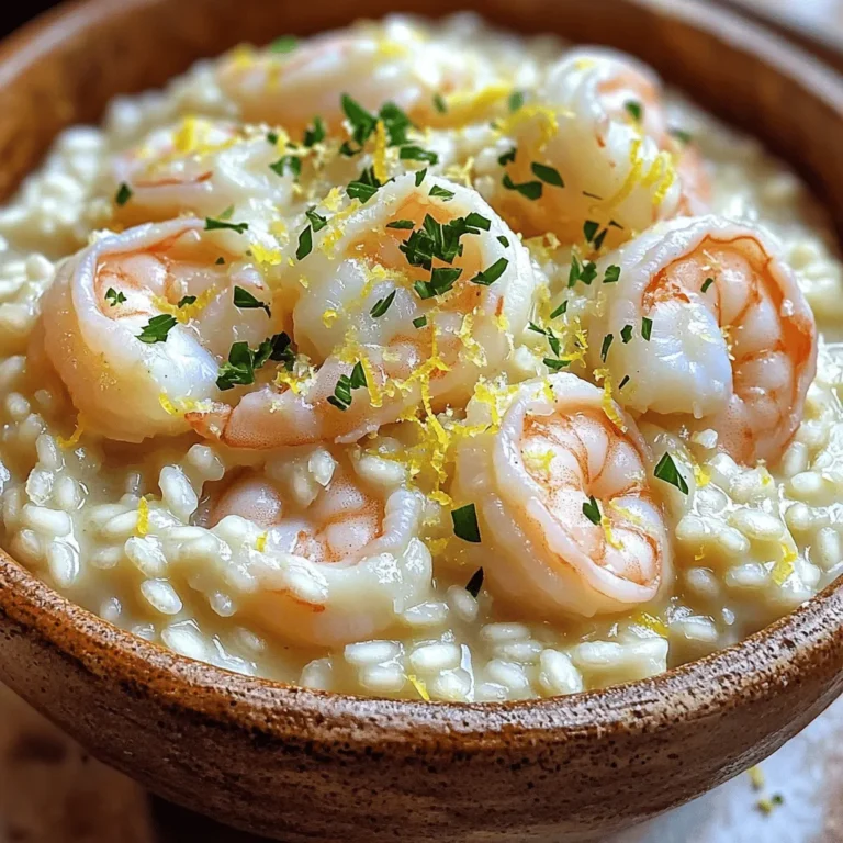 To make creamy garlic shrimp risotto, you need: - 1 cup Arborio rice - 1 lb shrimp, peeled and deveined - 4 cups vegetable broth - 1 small onion, finely chopped - 4 cloves garlic, minced - 1 cup heavy cream - 1 cup grated Parmesan cheese - 2 tablespoons olive oil - 2 tablespoons butter - 1 teaspoon lemon zest - Salt and black pepper to taste - Fresh parsley, chopped for garnish Each ingredient plays a key role. The Arborio rice gives that creamy texture. The shrimp adds a lovely seafood flavor. Garlic and onion boost the dish with great taste. Heavy cream and Parmesan create richness. Lemon zest brightens everything up. You will need a few tools to cook this dish: - A large skillet - A saucepan - A ladle - A wooden spoon - A cutting board - A knife Using the right tools helps you cook evenly. The skillet is perfect for sautéing. The saucepan keeps broth warm as you cook. A wooden spoon helps mix the risotto well. Garnishes can add extra flair to your dish. You can use: - Extra lemon zest - More chopped parsley - A sprinkle of red pepper flakes These toppings enhance the look and flavor. They make your risotto more appealing. Feel free to get creative with your garnishes! Start by heating the vegetable broth in a saucepan. Keep it on low heat. This helps the broth stay warm. In a large skillet, add one tablespoon of olive oil and one tablespoon of butter. Heat them over medium heat. Once hot, add the finely chopped onion. Sauté the onion until it turns translucent. This takes about three to four minutes. Then, stir in the minced garlic. Cook for one to two minutes until it smells great. Next, add one cup of Arborio rice to the skillet. Stir the rice to coat it in the oil and butter. Toast the rice for one to two minutes. This adds flavor. Now, start adding the warm broth, one ladleful at a time. Stir the rice often. Let the rice absorb most of the liquid before adding more. This process takes about 18 to 20 minutes. You want the rice creamy and slightly firm, known as al dente. While the risotto cooks, grab another pan. Heat the remaining olive oil and butter over medium-high heat. Add the peeled and deveined shrimp. Season the shrimp with salt and black pepper. Cook them for two to three minutes on each side. The shrimp should turn pink and be fully cooked. Once done, remove them from the heat and set aside. With these steps, you are well on your way to a creamy garlic shrimp risotto that is rich in flavor. To make creamy risotto, use Arborio rice. It has a high starch level. This starch gives risotto its rich and creamy texture. Always add warm broth, one ladle at a time. Stir it often. Wait until most of the broth is absorbed before adding more. This process takes about 18-20 minutes. The rice should be creamy and slightly firm, or al dente. To boost flavor, use fresh garlic and onion. Sauté them until soft. Adding lemon zest brightens the dish. It gives a light, zesty kick. For more depth, include herbs like thyme or basil. You can also mix in a splash of white wine before adding broth. This adds a nice acidity and richness. One mistake is rushing the broth addition. Don’t pour in too much at once. This can lead to uneven cooking. Another common error is not stirring enough. Stirring helps release the rice’s starch. Also, avoid overcooking the shrimp. Cook them just until pink. They should be tender, not rubbery. Lastly, don’t skip the cheese! Parmesan adds creaminess and enhances the dish's flavor. {{image_2}} You can swap shrimp for other proteins. Chicken or scallops work well. For chicken, cut it into small pieces. Cook it until golden before adding to the risotto. For scallops, sear them for a few minutes until they are golden on both sides. These changes keep the dish rich and tasty. To make a vegetarian risotto, skip the shrimp. Use mushrooms instead for a hearty bite. You can also add roasted vegetables like zucchini or bell peppers. They add great flavor and color. Use vegetable broth as the base for all the flavors. This keeps the dish light and fresh. You can change the flavor of your risotto easily. Add herbs like thyme or basil for a fresh twist. A splash of white wine during cooking adds depth. You can also stir in sun-dried tomatoes or olives to make it more unique. These little changes make the dish exciting and fun to eat. Store your leftover risotto in an airtight container. Make sure it cools down before sealing. Place it in the fridge for up to three days. This keeps the rice creamy and fresh. If you leave it out too long, it can spoil. When you're ready to eat, reheat the risotto on the stove. Add a splash of broth or cream to keep it moist. Stir it often over low heat. This helps the risotto regain its creamy texture. You can also use the microwave. Heat in short bursts, stirring in between. You can freeze risotto for future meals, but it may change texture. Let it cool completely, then spoon it into freezer-safe bags. Flatten the bags to save space. It’s best eaten within three months. When you want to eat it, thaw it in the fridge overnight before reheating. This method keeps it safe and tasty for later. The best rice for risotto is Arborio rice. This rice has a high starch content. This starch gives risotto its creamy texture. Other good options include Carnaroli and Vialone Nano. Both also provide a nice, creamy finish. Yes, you can use frozen shrimp. Just make sure to thaw them first. Thaw shrimp overnight in the fridge or under cold water. This helps them cook evenly and stay tender. You will know risotto is done when it is creamy and the rice is al dente. The rice should be soft but still have a slight bite. Taste it to check for doneness. It usually takes about 18-20 minutes of cooking. You can make risotto ahead of time, but it may lose its creaminess. If you do, store it in an airtight container. Reheat it with a bit of broth to bring back the creamy texture. Creamy garlic shrimp risotto pairs well with a fresh salad. A light green salad with lemon dressing works great. You can also serve it with crusty bread or steamed vegetables. In this article, we explored making creamy garlic shrimp risotto. We discussed the essential ingredients, equipment, and garnishes. I shared step-by-step instructions to help you cook it perfectly. You learned tips to get the right texture and ways to add flavor. We covered how to store leftovers and answered common questions. Now you can create a delicious dish that your family will love. Take these ideas and make this risotto your own! Enjoy your cooking journey.