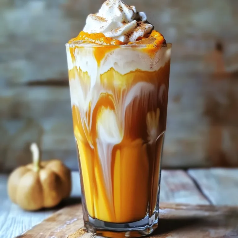 - 1 cup brewed coffee, cooled - 1/2 cup milk (dairy or non-dairy) - 3 tablespoons pumpkin puree - 1 tablespoon maple syrup (adjust to taste) - 1/4 teaspoon pumpkin pie spice - 1/2 teaspoon vanilla extract - Ice cubes - Whipped cream (optional, for topping) - Additional pumpkin pie spice for garnish You can make this drink your own. Here are some ideas: - Use almond milk or oat milk for a different flavor. - Add a splash of caramel syrup for more sweetness. - Try using coconut milk for a tropical twist. - Top with crushed graham crackers for added crunch. - Use flavored coffee for extra depth. Each serving of pumpkin spice iced coffee has: - Calories: 200 - Protein: 5g - Fat: 8g - Carbohydrates: 30g - Fiber: 1g - Sugar: 15g This drink combines fall flavors with a refreshing twist. Enjoy the taste of autumn in every sip! Start by grabbing a mixing bowl or a shaker. In it, add 3 tablespoons of pumpkin puree. Next, pour in 1 tablespoon of maple syrup to sweeten the mix. Then, sprinkle in 1/4 teaspoon of pumpkin pie spice. Finally, add 1/2 teaspoon of vanilla extract. Mix these ingredients until they are smooth. This base is the heart of your drink. It brings that warm, fall flavor to your iced coffee. Now, take your cooled brewed coffee. You need 1 cup for this recipe. Slowly pour the coffee into the pumpkin mixture. Stir well to combine everything. You want to make sure the coffee and pumpkin blend completely. This step is key for a balanced flavor. A well-mixed drink makes every sip tasty. Get a tall glass and fill it with ice cubes. Pour the pumpkin-spiced coffee mixture over the ice. Then, add 1/2 cup of milk. You can use dairy or any non-dairy milk you like. Stir gently to mix it all together. If you want, top it with whipped cream. A sprinkle of pumpkin pie spice on top adds a nice touch. Serve this drink right away. Enjoy the cool, refreshing taste of fall! Start with a good coffee. I recommend a medium roast. It has a strong flavor, but not too bitter. Brew one cup of coffee and let it cool. You can use a coffee maker or a French press. Both work well. If you like it strong, try adding an extra teaspoon of coffee grounds. This boosts the flavor for your pumpkin spice iced coffee. You can change the sweetness to match your taste. Start with one tablespoon of maple syrup. If you want it sweeter, add more syrup. You can also use honey or agave syrup. For a deeper flavor, add a pinch of sea salt. This can enhance the sweetness. Also, if you want a stronger pumpkin flavor, increase the pumpkin puree to four tablespoons. Milk adds creaminess to your drink. You can use regular milk or non-dairy options like almond or oat milk. For a thicker texture, try using whole milk or cream. If you prefer a lighter drink, skim milk works great. When you pour the milk, do it slowly. This helps create a nice swirl with the coffee. Stir gently to mix, but don't overdo it! This keeps some layers for a beautiful presentation. {{image_2}} You can easily make a vegan version of this drink. Simply swap the milk for a non-dairy option. Almond, soy, or oat milk works great here. Use the same amount as in the original recipe. The pumpkin puree and spices will still give it that warm flavor. If you want a latte feel, use more milk. Heat it up and froth it. Then pour it over the pumpkin coffee mix. This adds a creamy texture. Top with whipped cream if you like. A sprinkle of pumpkin pie spice makes it pretty. Feel free to play with milk types. Whole milk gives a rich taste, while skim milk is lighter. You can also try flavored milks. Coconut milk adds a sweet twist. Each type will change the flavor slightly, so experiment to find your favorite. To keep your ingredients fresh, store them properly. Here are some tips: - Pumpkin Puree: Keep it in an airtight container in the fridge. Use it within five days. - Maple Syrup: Store it in a cool, dark place. Refrigerate after opening for best taste. - Milk: Always keep milk in the fridge. Check the expiration date before use. - Pumpkin Pie Spice: Store it in a spice jar, away from heat and light. This keeps the flavor strong. If you have leftover pumpkin spice iced coffee, store it in the fridge. Use a sealed container to keep it fresh. Drink it within two days. The flavors can change over time, so enjoy it soon! If you want to enjoy your iced coffee warm, pour it into a small pot. Heat it over low heat and stir. Do not boil it. For a refreshing boost, add more ice or a splash of milk before serving. If it loses its flavor, mix in a bit of maple syrup or pumpkin spice. This will bring back that yummy taste! Pumpkin spice iced coffee is made of simple ingredients. You need: - 1 cup brewed coffee, cooled - 1/2 cup milk (dairy or non-dairy) - 3 tablespoons pumpkin puree - 1 tablespoon maple syrup - 1/4 teaspoon pumpkin pie spice - 1/2 teaspoon vanilla extract - Ice cubes - Whipped cream (optional, for topping) - Additional pumpkin pie spice for garnish These ingredients create a sweet and spicy drink that is perfect for fall. Yes, you can use fresh pumpkin! Cook and blend it to make a smooth puree. Make sure it is free of lumps. Fresh pumpkin adds a nice texture and flavor. However, it may take more time to prepare. You can find pumpkin spice iced coffee at many coffee shops in fall. Chains like Starbucks often offer it as a seasonal drink. Some grocery stores also sell ready-made versions. If you prefer, you can make it at home with the recipe provided. Pumpkin spice iced coffee has added flavors. It tastes sweet and spicy from the pumpkin and spices. Regular iced coffee is more bitter and less sweet. The pumpkin spice version is creamier and perfect for fall lovers. To make this recipe dairy-free, simply use a non-dairy milk. Options include almond milk, oat milk, or coconut milk. Each type adds its own flavor. This way, you can enjoy the drink without dairy products. You learned how to make delicious pumpkin spice iced coffee. You now know the key ingredients and how to mix them properly. With tips for perfecting your brew and customizing your drink, you'll impress everyone. Don't forget the variations, like the vegan option or different milk choices. Proper storage helps keep your coffee fresh. Enjoy your coffee skills and keep experimenting with new flavors!
