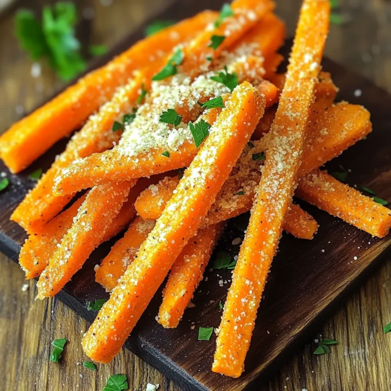 For this tasty recipe, you will need the following items: - 4 large carrots, cut into sticks - 2 tablespoons olive oil - 1 teaspoon garlic powder - 1 teaspoon onion powder - 1/2 teaspoon paprika - 1/2 teaspoon dried oregano - 1/4 cup grated Parmesan cheese - Salt and black pepper, to taste - Fresh parsley, chopped (for garnish) If you need to adjust measurements, here are some quick conversions: - 1 tablespoon = 3 teaspoons - 1/4 cup = 4 tablespoons - 1 teaspoon = 5 milliliters I suggest using fresh carrots for the best flavor. Fresh carrots have a nice crunch. Frozen carrots may not crisp up well in the air fryer. If you only have frozen carrots, defrost them first. Pat them dry to remove extra moisture. This helps them get crispier. Fresh ingredients make this dish shine with bright flavors. First, set your air fryer to 400°F (200°C). Preheating is key. It helps the fries cook evenly. This step takes just a few minutes. While you wait, gather your ingredients. Make sure everything is ready to go. In a large bowl, add the carrot sticks. Pour in the olive oil. Then, sprinkle the garlic powder, onion powder, paprika, and oregano. Add salt and pepper to your taste. Toss the carrots well. You want them fully coated with oil and spices. Next, add the grated Parmesan cheese. Mix again until the cheese is evenly spread. The smell will be amazing! Place the seasoned carrot sticks in the air fryer basket. Make sure they lay flat and in a single layer. If your fryer is small, cook them in batches. Set the timer for 12-15 minutes. Halfway through, shake the basket to help them crisp up. When they turn golden brown, they are ready. Carefully remove them and let them cool for a bit. Garnish with chopped parsley for a fresh touch. Enjoy your tasty carrot fries! To get that ideal crunch, start with dry carrot sticks. Pat them with a paper towel. This step helps the oil and seasoning stick. Use the right amount of oil; two tablespoons is perfect for four large carrots. Spread the carrot sticks in the air fryer basket in one layer. Avoid crowding them. If the basket is full, cook in batches. Shake the basket halfway through cooking. This helps all sides crisp up nicely. Seasoning makes a big impact. Use garlic powder and onion powder for rich flavors. Paprika adds a nice touch of smokiness. Dried oregano gives a hint of earthiness. Don’t forget salt and black pepper! Start with half a teaspoon of salt and adjust to your taste. Mix all the spices well with the carrots. Then, add the grated Parmesan cheese. This will stick to the carrots and create a cheesy crust. Cooking time can vary based on your air fryer model. I recommend starting with 12 minutes at 400°F. Check for doneness at the 10-minute mark. If they need more time, add a few minutes. Look for that golden brown color. This color means they are crispy and ready to eat. If you like them extra crispy, add another minute or two but watch closely! {{image_2}} You can change the flavor of your carrot fries easily. Try using cumin for a warm touch. For a spicy kick, add cayenne pepper or chili powder. Fresh herbs like thyme or rosemary also work well. Mix and match to find your favorite taste. While I love using regular orange carrots, you can switch it up. Try purple or yellow carrots for a colorful twist. Each type has its own taste. You may want to adjust your cooking time based on the carrot's thickness. Thin sticks cook faster than thick ones. If you're not a fan of Parmesan, use a different cheese. Cheddar or feta can add a nice flavor. For a dairy-free option, use nutritional yeast. It gives a cheesy taste without the dairy. Feel free to add more cheese if you love that gooey texture. To store leftover carrot fries, let them cool first. Place them in an airtight container. They will stay fresh in the fridge for up to three days. Make sure to seal the container well. This keeps them from drying out. When you’re ready to eat the leftovers, use your air fryer for reheating. Preheat it to 350°F (175°C). Place the carrot fries in the basket. Heat them for about 5 to 7 minutes. This makes them crispy again. You can also use an oven at the same temperature. Just spread them out on a baking sheet. Freezing is not the best choice for carrot fries. They can become mushy when thawed. However, if you want to freeze them, do it right after cooking. Let them cool. Then, place them in a freezer-safe bag. Squeeze out the air before sealing. For refrigerating, always choose the airtight container. This keeps them fresh longer. Yes, you can use baby carrots. They are smaller and sweeter. Just cut them into sticks. This helps them cook evenly. Keep in mind that baby carrots may cook faster. So, watch them closely in the air fryer. Look for a golden brown color. The fries should be crispy on the outside. You can also pierce them with a fork. If they feel tender inside, they are done. Cooking takes about 12-15 minutes. Shake the basket halfway to help them cook evenly. These fries pair well with many dishes. Try them with grilled chicken or fish. They also work great as a snack with dip. Ranch dressing or garlic aioli are tasty choices. You can even serve them with a fresh salad for a light meal. This post covered the essential ingredients, steps, and tips for making carrot fries. You learned how to pick fresh or frozen carrots, mix the right ingredients, and cook them to crisp perfection. We explored variations and addressed common questions like using baby carrots. Remember, the key to great carrot fries starts with proper prep, seasoning, and storage. Now, you can enjoy these tasty fries any time!