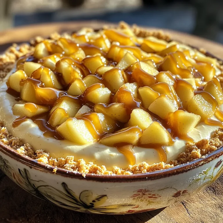To make the Salted Caramel Apple Cheesecake Dip, you need simple and tasty ingredients. Here’s the full list: - 8 oz cream cheese, softened - 1 cup powdered sugar - 1 tsp vanilla extract - 1 cup Greek yogurt - 1/2 cup caramel sauce - 1 tsp sea salt - 2 medium-sized apples, cored and diced - Optional: crushed graham crackers for topping Each ingredient plays a key role. The cream cheese gives a creamy base. Powdered sugar adds sweetness. Vanilla extract brings warmth. Greek yogurt adds tang and creaminess. Caramel sauce gives that sweet, rich flavor. Sea salt balances the sweetness. The apples add crunch and freshness. Crushed graham crackers add texture if you want. Make sure your cream cheese is at room temperature. This helps it mix easily. You can use any apples you like, but sweet and crisp varieties work best. This dip is not just tasty, but also easy to prepare. Gather these ingredients, and you’re ready to create a delightful snack everyone will enjoy! 1. Mixing cream cheese and powdered sugar Start by taking 8 oz of softened cream cheese and 1 cup of powdered sugar. Place them in a large mixing bowl. Use an electric mixer to beat them together. Keep mixing until the mixture is smooth and creamy. This step is key for a fluffy dip. 2. Adding yogurt and vanilla extract Next, add 1 cup of Greek yogurt and 1 tsp of vanilla extract to your bowl. Mix again until everything is well combined. This will give your dip a rich flavor and creamy texture. 3. Incorporating caramel sauce and sea salt Now, fold in 1/2 cup of caramel sauce and 1 tsp of sea salt. Use a spatula to mix gently. Make sure the caramel and salt are evenly spread throughout the dip. This blend creates that perfect sweet-salty taste. 1. Transferring to a serving bowl Carefully scoop the cheesecake dip into a serving bowl. Use a spatula to smooth the top. This makes it look neat and ready for serving. 2. Drizzling caramel sauce Take some extra caramel sauce and drizzle it over the top. This adds a beautiful finish and extra flavor. 3. Topping with apples and optional graham crackers Finally, sprinkle the top with your diced apples. Make sure they are spread out nicely. If you like, add crushed graham crackers on top for a nice crunch. Now, it's ready to serve with apple slices, pretzel sticks, or more graham crackers. Enjoy this delightful snack! Choosing the right apples is key. I like to use tart apples like Granny Smith. They balance the sweet flavors well. You can also mix sweet and tart apples for depth. For serving, I suggest apple slices, pretzel sticks, or graham crackers. Each adds a fun crunch. You can also add some whipped cream for a richer treat. Adjust sweetness to your taste. If you like it sweeter, add more powdered sugar. But if you want it less sweet, use less caramel sauce. Always taste as you go! One common mistake is overmixing the ingredients. This can make the dip too runny. Mix just enough to combine everything smoothly. Another mistake is using cold cream cheese. If it's not at room temperature, it won’t blend well. Always let the cream cheese sit out for about 30 minutes before mixing. This helps create a creamy texture. {{image_2}} You can make this dip unique with some simple changes. Adding spices like cinnamon or nutmeg gives a warm touch. A little goes a long way. You can also try different fruit toppings. Chopped strawberries or pears add a fresh twist. Each fruit brings its own flavor and color to the dip. This dip is versatile and fun. You can serve it with many dippers. Pretzels offer a salty crunch, while cookies add sweetness. Slices of fresh apples are a classic choice. You can even spread this dip on toast or bagels. It transforms into a delightful dessert spread. Just imagine a creamy layer on your morning bagel! To keep this dip fresh, use an airtight container. Glass or plastic containers work well. Store the dip in the fridge right after serving. This keeps the flavors bright and tasty. Make sure to seal it properly to avoid drying out. The dip lasts about 3 to 5 days in the fridge. Check for any changes in smell or texture. If you want to freeze it, put it in a freezer-safe container. It can last up to 2 months frozen. When ready to eat, thaw it in the fridge overnight. Stir it well before serving to bring back its creamy texture. Can I use regular yogurt instead of Greek? Yes, you can use regular yogurt. However, Greek yogurt adds a thick and creamy texture. It also gives a nice tangy flavor. How can I make it gluten-free? This dip is already gluten-free! Just ensure that your dippers, like apples or pretzels, are also gluten-free. What can I use as a dip alternative? You can use sliced fruits, like pears or bananas. Pretzel sticks are also great for dipping. How to enhance flavor without adding calories? Add a sprinkle of cinnamon or nutmeg. These spices boost the flavor without extra calories. Can I make this ahead of time? Yes, you can prepare it a day before. Just store it in the fridge. Cover it well to keep it fresh. Alternatives for those allergic to dairy? You can use dairy-free cream cheese and yogurt. These swaps keep the dip creamy and delicious. This dip recipe blends creamy and sweet flavors for a tasty treat. We explored the important ingredients, simple steps for preparation, and tips for perfecting your dip. You can adjust the flavors or toppings to fit your taste. Remember to store it properly for long-lasting enjoyment. With this guide, you can impress friends and family with a delicious dip. Enjoy every bite!