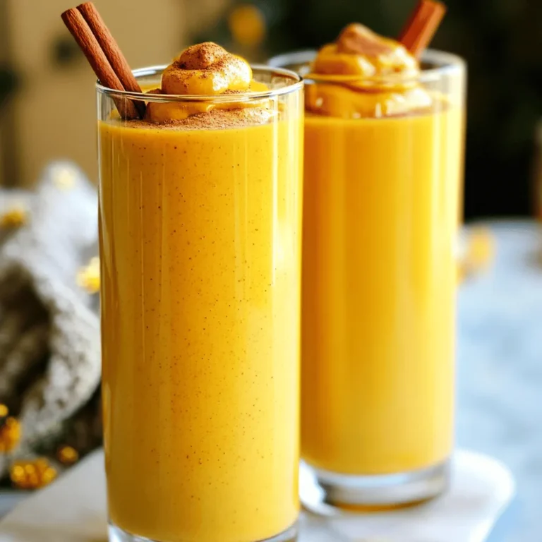 - 1 cup pumpkin puree - 2 tablespoons peanut butter - 1 banana, frozen - 1 cup almond milk (or other milk alternatives) The main ingredients give the smoothie its rich, creamy texture. Pumpkin puree adds a warm, earthy flavor. Peanut butter brings a nutty taste that complements the pumpkin. A frozen banana adds sweetness and creaminess, while almond milk ties it all together with a smooth finish. - 1 tablespoon honey (or maple syrup for a vegan option) - 1/2 teaspoon cinnamon - 1/4 teaspoon nutmeg - A pinch of salt These extra flavorings enhance the taste of your smoothie. Honey or maple syrup sweetens it naturally. Cinnamon and nutmeg introduce that cozy fall vibe. A small pinch of salt balances the sweetness and brings out the flavors. - 1/2 cup ice (optional, for a colder smoothie) - Toppings and garnishes like cinnamon sticks or dollops of peanut butter Adding ice can make your smoothie extra cold and thick, perfect for warm days. Toppings like a sprinkle of cinnamon or a dollop of peanut butter look great and add extra flavor. You can even add a cinnamon stick as a fun garnish! 1. Start by putting one cup of pumpkin puree in your blender. 2. Add one frozen banana to the pumpkin. 3. Next, add two tablespoons of peanut butter. 4. Pour in one cup of almond milk or any milk you like. 5. Then, mix in one tablespoon of honey or maple syrup. 1. Now, sprinkle in half a teaspoon of cinnamon. 2. Add a quarter teaspoon of nutmeg and a pinch of salt. 3. If you want it colder, toss in half a cup of ice. 1. Blend all of the ingredients on high until smooth. 2. Stop and taste your smoothie. If it needs more sweetness, add more honey or maple syrup. To make your Peanut Butter Pumpkin Smoothie just right, adjust the liquid. If it’s too thick, add more almond milk. If it’s too thin, blend in more pumpkin puree or banana. A frozen banana gives a creamy texture. It makes the smoothie rich and smooth. You can enhance the flavor with spices. Try adding more cinnamon or nutmeg. You can also use honey or maple syrup for sweetness. If you want an extra boost, mix in protein powder. This adds nutrition and keeps you full longer. Serve your smoothie in tall glasses to show off its beautiful color. You can top it with a sprinkle of cinnamon or a dollop of peanut butter. For a fun touch, add a cinnamon stick as a garnish. These little details make your drink look more inviting. {{image_2}} You can easily make a vegan version of this smoothie. Just swap the honey for maple syrup. Use almond milk or any plant-based milk. This makes it creamy and tasty, perfect for everyone. If you need a nut-free option, try sun butter instead of peanut butter. Sun butter comes from sunflower seeds. It tastes great and is safe for those with nut allergies. Want to mix it up? Try adding spinach for a green smoothie twist. It adds nutrients without changing the flavor much. Just throw in a handful before blending. For those who love chocolate, add cocoa powder or chocolate protein. This will give your smoothie a rich, indulgent flavor. It works well with pumpkin and peanut butter too. Make your smoothie even more seasonal by adding spices like ginger. It pairs nicely with pumpkin and adds warmth. You can use fresh ginger or ground ginger for convenience. You can also use seasonal fruits, like apples or pears. Blend them in for extra sweetness and fiber. This will give your smoothie a fun, fruity twist that’s perfect for fall. After you make your Peanut Butter Pumpkin Smoothie, store any leftovers in the fridge. Use a tight lid to keep it fresh. It will stay good for about one hour. After that, the smoothie may lose some texture and flavor. If you want to keep it longer, consider freezing it instead. You can freeze portions of your smoothie for later. Pour the smoothie into ice cube trays or small containers. This way, you can grab just what you need. When you're ready to enjoy, take it out and let it sit at room temperature for about 20-30 minutes. For a fast thaw, place it in the fridge overnight. This helps maintain its creamy texture. If your stored smoothie separates, don’t worry! Just re-blend it to bring it back to life. Pour it into your blender and mix until smooth again. You can also turn your smoothie into a smoothie bowl. Pour it into a bowl and add toppings like granola, nuts, or fresh fruit. This makes a fun and tasty breakfast or snack! How to make a Peanut Butter Pumpkin Smoothie vegan? To make this smoothie vegan, simply swap honey for maple syrup. Use almond milk or any plant-based milk. The rest of the ingredients are already vegan-friendly. Can I use fresh pumpkin instead of puree? Yes, you can use fresh pumpkin! Just cook and blend it until smooth. It may change the texture a bit, so adjust the amount of almond milk to get the right consistency. What other ingredients can I add for extra nutrition? You can add spinach for fiber and vitamins. Chia seeds or flaxseeds are great for omega-3s. Protein powder can boost the smoothie for a post-workout snack. What are the health benefits of pumpkin and peanut butter? Pumpkin is rich in vitamins A and C, and it has fiber for digestion. Peanut butter adds protein and healthy fats, making this smoothie filling and nutritious. Is this smoothie suitable for a post-workout snack? Yes, this smoothie is excellent for a post-workout snack. It has carbs from the banana and pumpkin, plus protein from the peanut butter. It helps in muscle recovery. My smoothie is too thick, what should I do? If your smoothie is too thick, add more almond milk, a little at a time. Blend again until you reach your desired consistency. How can I make it sweeter without added sugar? You can use more banana or add a pitted date for natural sweetness. Maple syrup is also a good option for a touch of sweetness without refined sugar. This blog post guides you through making a Peanut Butter Pumpkin Smoothie. We explored main ingredients like pumpkin puree and banana, along with flavorful spices. You learned preparation steps and tips for perfecting texture and taste. Remember, don't skip the fun variations, and feel free to adjust as you go. This recipe is easy to customize and enjoyable at any time. With some practice, you can craft a delicious, healthy smoothie that suits your taste and dietary needs. Enjoy experimenting with this nutritious drink!