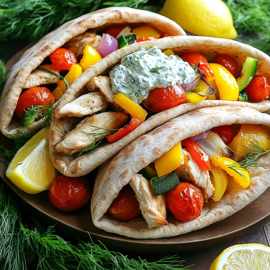 - Chicken and Marinade Components - 1 lb boneless, skinless chicken thighs - 2 tablespoons olive oil - 2 teaspoons dried oregano - 1 teaspoon garlic powder - 1 teaspoon paprika - Salt and pepper, to taste - Vegetables and Tzatziki Ingredients - 1 cup cherry tomatoes, halved - 1 red bell pepper, sliced - 1 yellow bell pepper, sliced - 1 small red onion, sliced - 1 cup cucumber, diced - 1 cup plain Greek yogurt - 1 tablespoon lemon juice - ½ teaspoon dill (fresh or dried) - Pita Pocket Details - 4 whole wheat pita pockets The chicken thighs are the star here. They stay juicy and soak up all the great flavors. The olive oil helps with browning and adds richness. Dried oregano gives a classic Greek taste. Garlic powder and paprika add depth and warmth. Use salt and pepper to make all the flavors stand out. For the veggies, cherry tomatoes burst with sweetness when roasted. The bell peppers and onion add color and crunch. These veggies not only taste great but also make the dish pop visually. Now, let’s talk about the tzatziki sauce. It’s cool and fresh, thanks to the Greek yogurt and cucumber. Lemon juice brightens the flavor, and dill gives a nice herbal note. This sauce is the perfect match for the warm chicken and veggies. Finally, the whole wheat pita pockets are soft and hearty. They hold everything together and add a healthy touch. With these ingredients, you are ready to create delicious Sheet-Pan Greek Chicken Pita Pockets! Preheating and Preparation of Baking Sheet First, you need to preheat your oven to 425°F (220°C). This helps cook the chicken and veggies evenly. Line a large baking sheet with parchment paper. This keeps everything from sticking and makes cleanup easy. Marinating the Chicken In a large bowl, mix 2 tablespoons of olive oil, 2 teaspoons of dried oregano, 1 teaspoon of garlic powder, 1 teaspoon of paprika, salt, and pepper. Add 1 pound of boneless, skinless chicken thighs. Toss until the chicken is well coated. This marinade gives the chicken great flavor. Arranging Ingredients on the Sheet Pan Spread the seasoned chicken on one side of the baking sheet. On the other side, arrange 1 cup of halved cherry tomatoes, 1 sliced red bell pepper, 1 sliced yellow bell pepper, and 1 sliced small red onion. Drizzle the veggies with olive oil and sprinkle with salt and pepper. This arrangement allows everything to cook together nicely. Baking Time and Temperature Place the baking sheet in the preheated oven. Bake for about 20 to 25 minutes. The chicken should reach an internal temperature of 165°F (75°C). The veggies should be tender and slightly charred. This gives them a nice, sweet flavor. Making the Tzatziki Sauce While the chicken and veggies bake, prepare the tzatziki sauce. In a bowl, mix 1 cup of plain Greek yogurt with 1 cup of diced cucumber, 1 tablespoon of lemon juice, and ½ teaspoon of dill. Stir well and season with salt to taste. This sauce adds a cool, creamy touch to your pita pockets. Filling Techniques Once the chicken is done, let it rest for a few minutes. Slice it into strips. Take a whole wheat pita pocket and fill it with the sliced chicken and roasted veggies. Add a generous dollop of tzatziki sauce. This makes each bite flavorful and satisfying. Serving Suggestions Serve the pita pockets on a large platter. You can surround them with extra tzatziki sauce. Garnish with fresh dill and add lemon wedges on the side for extra zest. This presentation looks great and enhances the meal's flavor. Ensuring Chicken is Cooked Perfectly To keep chicken juicy, use boneless, skinless thighs. They cook evenly and stay tender. Always check the internal temperature with a meat thermometer. It should reach 165°F (75°C). Let the chicken rest for a few minutes after baking. This helps retain its juices. Vegetable Roasting Tips Cut vegetables into similar sizes for even cooking. Cherry tomatoes, bell peppers, and onions roast well together. Drizzle them with olive oil and sprinkle with salt and pepper. This enhances their natural sweetness. Place them on the same sheet as the chicken to save time and energy. Serving Suggestions Serve your pita pockets on a large platter. Keep them warm by covering with a clean kitchen towel. Surround the pockets with extra tzatziki sauce for dipping. You can also add lemon wedges for a zesty touch. This makes for a fun and interactive meal. Garnishing Ideas Garnish with fresh dill or parsley for a pop of color. You can also add thin slices of lemon on top. This gives the dish a fresh aroma. A sprinkle of feta cheese adds a creamy texture. It complements the flavors in the pita pockets. How to Store Leftovers Store any leftover chicken and veggies in airtight containers. They can last in the fridge for up to three days. Keep the tzatziki sauce in a separate container. This prevents soggy pita pockets. Reheating Instructions When reheating, use an oven or toaster oven for best results. Preheat to 350°F (175°C) and bake for about 10 minutes. This keeps the chicken and veggies crispy. If using a microwave, heat in short bursts to avoid dryness. {{image_2}} Alternative Protein Options You can swap chicken thighs for other proteins. Try using chicken breasts for a leaner choice. If you prefer red meat, beef or lamb can work well too. For a seafood twist, shrimp roasts nicely with the same seasonings. Each option adds a unique flavor to your pita pockets. Different Vegetable Combinations Feel free to get creative with veggies! Zucchini, eggplant, or even asparagus can add great flavor. You might also try using mushrooms for a hearty bite. If you want a touch of sweetness, butternut squash works wonders. Just remember to cut them into similar sizes for even cooking. Gluten-Free Options To make this dish gluten-free, use gluten-free pita pockets or lettuce wraps. You can also serve the chicken and veggies as a salad. This keeps the meal fresh and light while still being tasty. Vegan Adjustments For a vegan version, replace chicken with chickpeas or tofu. Use a mix of spices to get rich flavors. For the tzatziki sauce, substitute Greek yogurt with coconut yogurt or cashew cream. This keeps the dish creamy and delicious without any dairy. - Total Calories: Each serving of the Sheet-Pan Greek Chicken Pita Pockets contains about 450 calories. - Macronutrient Distribution: - Protein: Approximately 30 grams - Carbohydrates: Roughly 40 grams - Fat: Around 15 grams - Nutritional Highlights of Greek Ingredients: Greek yogurt is rich in protein and probiotics. It supports gut health and keeps you full. Olive oil provides healthy fats and antioxidants. The vegetables add fiber, vitamins, and minerals. Using whole wheat pita pockets boosts fiber intake. - Healthier Alternatives: You can swap chicken thighs for chicken breast to reduce fat. For a vegan option, use chickpeas or tofu. Choose low-fat Greek yogurt to cut calories. Use fresh herbs instead of dried ones for more flavor and nutrients. How long can I store cooked pita pockets? You can store cooked pita pockets in the fridge for up to three days. Make sure to keep them in an airtight container. This keeps them fresh and tasty for your next meal. Can I use different spices for the chicken? Yes! You can mix it up with spices like cumin, coriander, or even chili powder. This way, you can create a flavor that fits your taste. What is the best way to reheat sheet-pan meals? The best way to reheat sheet-pan meals is in the oven. Preheat it to 350°F (175°C) and bake for about 10-15 minutes. This helps keep the chicken juicy and the veggies crisp. Can I make the tzatziki sauce ahead of time? Absolutely! You can make the tzatziki sauce a day in advance. Just store it in the fridge. The flavors will blend nicely, and it will be ready when you need it. What can I substitute for Greek yogurt? If you don't have Greek yogurt, you can use sour cream or plain yogurt. Both options work well and still taste great in the sauce. How can I make it spicier? To add heat, mix in some red pepper flakes or chopped jalapeños. You can also use spicy paprika instead of regular paprika for an extra kick. You now have a tasty way to make pita pockets at home. We covered key ingredients, from chicken to tzatziki sauce. Then, we walked through steps to prepare, cook, and assemble your meal. I shared helpful tips on cooking and presentation. You can also mix things up with ingredient swaps and diet-friendly options. Finally, remember to store leftovers safely. Enjoy creating your own pita pockets! You can customize it to fit your taste. Happy cooking!