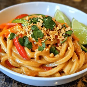 - 200g udon noodles - 3 tablespoons peanut butter - 2 tablespoons soy sauce - 1 tablespoon chili paste - 2 cloves garlic, minced - 1 tablespoon sesame oil - 1 teaspoon grated ginger - 2 green onions, chopped - 1 bell pepper, thinly sliced - 1 carrot, julienned - 1/4 cup roasted peanuts, crushed - Fresh cilantro - Lime wedges When I make Chili Garlic Peanut Udon Noodles, I love how simple the ingredients are. Udon noodles are thick and chewy, giving a perfect base. Peanut butter adds a rich, creamy touch. Soy sauce brings a salty kick, while chili paste gives it heat. Minced garlic adds a lovely aroma. I also use sesame oil for a nutty flavor and grated ginger for some zing. Fresh vegetables like bell pepper and carrot add color and crunch. The green onions give a fresh finish. For garnishing, crushed roasted peanuts add a nice crunch. Fresh cilantro offers a bright pop, and lime wedges let you add a tangy twist. This dish is not only tasty but also fun to make! To make the chili garlic peanut udon noodles, start by bringing a large pot of salted water to a boil. Once it’s bubbling, add 200g of udon noodles. Cook them for about 8 to 10 minutes, based on the package instructions. After cooking, drain the noodles and rinse them under cold water. This stops the cooking and keeps them from sticking. Next, you’ll whip up a tasty sauce. In a small bowl, whisk together 3 tablespoons of peanut butter, 2 tablespoons of soy sauce, 1 tablespoon of chili paste, 2 cloves of minced garlic, 1 tablespoon of sesame oil, and 1 teaspoon of grated ginger. Keep whisking until the sauce is smooth. If it feels too thick, add a tablespoon of warm water to thin it out. Now, grab a large skillet or wok. Heat a splash of oil over medium-high heat. Add 1 thinly sliced bell pepper and 1 julienned carrot. Stir-fry these for about 3 to 4 minutes. You want them to be just tender but still crisp. Once your veggies are ready, it’s time to mix everything. Add the cooked udon noodles to the skillet with the sautéed vegetables. Pour the sauce over the noodles. Toss everything together well. Make sure the noodles and vegetables get coated evenly in sauce. Stir-fry for an additional 2 to 3 minutes until everything is heated through. Take the skillet off the heat. Stir in 2 chopped green onions and 1/4 cup of crushed roasted peanuts. Save a bit of peanuts for later. Toss the mixture gently to combine all the flavors. Now comes the fun part—serving! Plate the noodles in bowls. Garnish each serving with fresh cilantro and a sprinkle of the reserved crushed peanuts. Add lime wedges on the side for a zesty finish. Enjoy your meal! To make the sauce just right, you can adjust the spice level. If you like more heat, add extra chili paste. For a milder taste, use less. You can also swap peanut butter for other nut butters, like almond or cashew. These will change the flavor but still taste great. To avoid overcooking, watch the timer carefully. Udon noodles usually cook for about 8-10 minutes. Rinse the noodles in cold water after draining. This stops cooking and keeps them firm. Cooling them makes sure they don’t stick together later. For leftovers, store the noodles in an airtight container. This keeps them fresh. You can keep them in the fridge for up to three days. When reheating, use a splash of water or broth. This helps bring back moisture and flavor. Heat gently on the stove for best results. {{image_2}} You can easily make this dish vegetarian. - Adding tofu: Firm tofu works great. Cut it into cubes and pan-fry until golden. Add it to the noodles for protein and texture. - Using more vegetables: Add your favorite veggies. Broccoli, snap peas, or bok choy all taste great. More colors on your plate mean more nutrients! If you want extra protein, here are some tasty options. - Chicken or beef options: Slice cooked chicken or beef and toss it in. These meats soak up the sauce well and add heartiness. - Shrimp variation: Shrimp is another great choice. Cook them quickly in the skillet. They add a nice touch of sweetness. Need a gluten-free version? No problem! - Alternative noodles to use: Try rice noodles or zucchini noodles. They both work well and keep the dish light. - Adjusting soy sauce: Use tamari instead of soy sauce. It’s gluten-free and still brings that savory flavor. This dish is hearty and satisfying. Each serving has about 600 calories. Here’s the breakdown per serving: - Protein: 20g - Carbohydrates: 70g - Fat: 25g These values can change based on your ingredients and portion sizes. Chili garlic peanut udon noodles offer many health perks. Udon noodles are made from wheat and are a good source of carbs. They provide energy for your daily activities. The peanut butter adds healthy fats and protein. Garlic is great for your immune system. Bell peppers and carrots add vitamins A and C, which help keep your skin healthy. If you have allergies, this dish has peanuts, soy, and wheat. You should avoid it if you're allergic to any of these. For a vegan option, use a plant-based peanut butter and soy sauce. This dish can easily fit into a vegan diet with simple swaps. Udon noodles are thick and chewy Japanese noodles made from wheat flour. They have a smooth texture that pairs well with many sauces. Udon comes from Japan, where it has a long history. You can find them in many dishes, from soups to stir-fries. These noodles soak up flavors well, making them perfect for this recipe. Yes, you can use other noodles if you like. Here are some good substitutes: - Soba noodles - Rice noodles - Spaghetti - Egg noodles Each option brings its own taste and texture. Adjust the cooking time as needed for different noodles. This dish can be as spicy as you want! The chili paste gives it heat, but you can adjust it. If you prefer less spice, use less chili paste. You could also add some sugar or honey to balance the heat. For more spice, add extra chili paste or some chili flakes. Yes, you can prepare this meal ahead of time. For meal prep: - Cook the noodles and store them in the fridge. - Make the sauce and keep it in a separate container. - Chop the veggies and store them too. When you’re ready to eat, just combine everything and reheat. Enjoy your quick and tasty meal! This recipe covers key ingredients, step-by-step instructions, and useful tips for making udon noodles at home. You learned how to cook the noodles, prepare a tasty sauce, and sauté fresh veggies. Remember, you can make this dish your own by adding proteins or more vegetables. The nutritional facts highlight its health benefits, making it a great meal choice. Enjoy experimenting with flavors and variations for a dish that suits you perfectly!