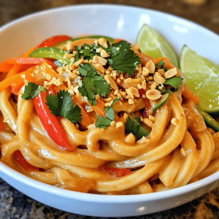 - 200g udon noodles - 3 tablespoons peanut butter - 2 tablespoons soy sauce - 1 tablespoon chili paste - 2 cloves garlic, minced - 1 tablespoon sesame oil - 1 teaspoon grated ginger - 2 green onions, chopped - 1 bell pepper, thinly sliced - 1 carrot, julienned - 1/4 cup roasted peanuts, crushed - Fresh cilantro - Lime wedges When I make Chili Garlic Peanut Udon Noodles, I love how simple the ingredients are. Udon noodles are thick and chewy, giving a perfect base. Peanut butter adds a rich, creamy touch. Soy sauce brings a salty kick, while chili paste gives it heat. Minced garlic adds a lovely aroma. I also use sesame oil for a nutty flavor and grated ginger for some zing. Fresh vegetables like bell pepper and carrot add color and crunch. The green onions give a fresh finish. For garnishing, crushed roasted peanuts add a nice crunch. Fresh cilantro offers a bright pop, and lime wedges let you add a tangy twist. This dish is not only tasty but also fun to make! To make the chili garlic peanut udon noodles, start by bringing a large pot of salted water to a boil. Once it’s bubbling, add 200g of udon noodles. Cook them for about 8 to 10 minutes, based on the package instructions. After cooking, drain the noodles and rinse them under cold water. This stops the cooking and keeps them from sticking. Next, you’ll whip up a tasty sauce. In a small bowl, whisk together 3 tablespoons of peanut butter, 2 tablespoons of soy sauce, 1 tablespoon of chili paste, 2 cloves of minced garlic, 1 tablespoon of sesame oil, and 1 teaspoon of grated ginger. Keep whisking until the sauce is smooth. If it feels too thick, add a tablespoon of warm water to thin it out. Now, grab a large skillet or wok. Heat a splash of oil over medium-high heat. Add 1 thinly sliced bell pepper and 1 julienned carrot. Stir-fry these for about 3 to 4 minutes. You want them to be just tender but still crisp. Once your veggies are ready, it’s time to mix everything. Add the cooked udon noodles to the skillet with the sautéed vegetables. Pour the sauce over the noodles. Toss everything together well. Make sure the noodles and vegetables get coated evenly in sauce. Stir-fry for an additional 2 to 3 minutes until everything is heated through. Take the skillet off the heat. Stir in 2 chopped green onions and 1/4 cup of crushed roasted peanuts. Save a bit of peanuts for later. Toss the mixture gently to combine all the flavors. Now comes the fun part—serving! Plate the noodles in bowls. Garnish each serving with fresh cilantro and a sprinkle of the reserved crushed peanuts. Add lime wedges on the side for a zesty finish. Enjoy your meal! To make the sauce just right, you can adjust the spice level. If you like more heat, add extra chili paste. For a milder taste, use less. You can also swap peanut butter for other nut butters, like almond or cashew. These will change the flavor but still taste great. To avoid overcooking, watch the timer carefully. Udon noodles usually cook for about 8-10 minutes. Rinse the noodles in cold water after draining. This stops cooking and keeps them firm. Cooling them makes sure they don’t stick together later. For leftovers, store the noodles in an airtight container. This keeps them fresh. You can keep them in the fridge for up to three days. When reheating, use a splash of water or broth. This helps bring back moisture and flavor. Heat gently on the stove for best results. {{image_2}} You can easily make this dish vegetarian. - Adding tofu: Firm tofu works great. Cut it into cubes and pan-fry until golden. Add it to the noodles for protein and texture. - Using more vegetables: Add your favorite veggies. Broccoli, snap peas, or bok choy all taste great. More colors on your plate mean more nutrients! If you want extra protein, here are some tasty options. - Chicken or beef options: Slice cooked chicken or beef and toss it in. These meats soak up the sauce well and add heartiness. - Shrimp variation: Shrimp is another great choice. Cook them quickly in the skillet. They add a nice touch of sweetness. Need a gluten-free version? No problem! - Alternative noodles to use: Try rice noodles or zucchini noodles. They both work well and keep the dish light. - Adjusting soy sauce: Use tamari instead of soy sauce. It’s gluten-free and still brings that savory flavor. This dish is hearty and satisfying. Each serving has about 600 calories. Here’s the breakdown per serving: - Protein: 20g - Carbohydrates: 70g - Fat: 25g These values can change based on your ingredients and portion sizes. Chili garlic peanut udon noodles offer many health perks. Udon noodles are made from wheat and are a good source of carbs. They provide energy for your daily activities. The peanut butter adds healthy fats and protein. Garlic is great for your immune system. Bell peppers and carrots add vitamins A and C, which help keep your skin healthy. If you have allergies, this dish has peanuts, soy, and wheat. You should avoid it if you're allergic to any of these. For a vegan option, use a plant-based peanut butter and soy sauce. This dish can easily fit into a vegan diet with simple swaps. Udon noodles are thick and chewy Japanese noodles made from wheat flour. They have a smooth texture that pairs well with many sauces. Udon comes from Japan, where it has a long history. You can find them in many dishes, from soups to stir-fries. These noodles soak up flavors well, making them perfect for this recipe. Yes, you can use other noodles if you like. Here are some good substitutes: - Soba noodles - Rice noodles - Spaghetti - Egg noodles Each option brings its own taste and texture. Adjust the cooking time as needed for different noodles. This dish can be as spicy as you want! The chili paste gives it heat, but you can adjust it. If you prefer less spice, use less chili paste. You could also add some sugar or honey to balance the heat. For more spice, add extra chili paste or some chili flakes. Yes, you can prepare this meal ahead of time. For meal prep: - Cook the noodles and store them in the fridge. - Make the sauce and keep it in a separate container. - Chop the veggies and store them too. When you’re ready to eat, just combine everything and reheat. Enjoy your quick and tasty meal! This recipe covers key ingredients, step-by-step instructions, and useful tips for making udon noodles at home. You learned how to cook the noodles, prepare a tasty sauce, and sauté fresh veggies. Remember, you can make this dish your own by adding proteins or more vegetables. The nutritional facts highlight its health benefits, making it a great meal choice. Enjoy experimenting with flavors and variations for a dish that suits you perfectly!