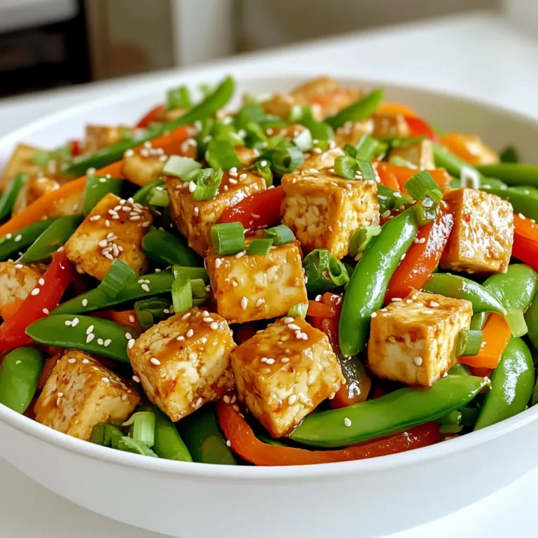 - 14 oz firm tofu, drained and pressed - 2 tablespoons vegetable oil - 4 cloves garlic, minced - 1 inch piece of ginger, minced - 1 red bell pepper, sliced - 1 cup snap peas - 1 small carrot, julienned - 3 tablespoons soy sauce - 1 tablespoon sriracha (adjust to taste) - 1 tablespoon rice vinegar - 1 teaspoon sesame oil - 2 green onions, chopped - Sesame seeds for garnish Gathering the right ingredients is key. Start with firm tofu. It holds its shape well and gives a great texture. Next, vegetable oil helps to cook the tofu and veggies without sticking. Garlic and ginger add a punch of flavor that makes this dish stand out. For veggies, slice a red bell pepper. It’s sweet and colorful. Snap peas bring a nice crunch, while julienned carrot adds a bit of sweetness. Now let’s whip up the sauce. Soy sauce gives umami, while sriracha adds heat. Rice vinegar brings a tangy kick, and sesame oil rounds it all off with a nutty taste. Finally, don’t forget the garnishes! Chopped green onions add freshness, and sesame seeds give a nice crunch. 1. Start by cutting the firm tofu into cubes or slices. The size you choose is up to you. 2. Next, press the tofu to remove excess water. This step helps the tofu become crispy. 3. Heat 2 tablespoons of vegetable oil in a large non-stick skillet over medium-high heat. 4. Once the oil is hot, add the tofu. 5. Cook the tofu for about 8-10 minutes. Turn it until it is golden and crispy on all sides. 6. After cooking, remove the tofu from the pan and set it aside. 1. In the same skillet, add 4 minced garlic cloves and 1 inch of minced ginger. 2. Sauté the garlic and ginger for about 30 seconds. You want them fragrant but not burnt. 1. Now, add the sliced red bell pepper, 1 cup of snap peas, and 1 small julienned carrot. 2. Stir-fry these vegetables for about 5 minutes. They should be tender yet still crisp. 1. In a small bowl, mix 3 tablespoons of soy sauce, 1 tablespoon of sriracha, 1 tablespoon of rice vinegar, and 1 teaspoon of sesame oil. 2. Pour this sauce over the cooked vegetables in the skillet. Stir well to combine. 3. Add the crispy tofu back into the skillet. Gently toss everything to coat with the sauce. 4. Cook for an additional 2-3 minutes to heat everything through. 5. Remove from heat and garnish with chopped green onions and sesame seeds before serving. To make crispy tofu, start by pressing it well. Remove excess water by placing it between paper towels and adding weight on top. Cut the tofu into even cubes or slices. Heat oil in a non-stick skillet over medium-high heat. Cook the tofu until golden brown, about 8-10 minutes. This step ensures a nice crunch on the outside. For extra flavor, marinate the tofu before cooking. Use a mix of soy sauce, garlic, and a bit of sriracha. Let it sit for at least 15 minutes. This soak adds depth and a savory kick to your dish. Adjust the spice levels with sriracha. Start with one tablespoon and add more for heat. You control the heat based on your taste. Sriracha brings a nice blend of spice and tang, enhancing the overall flavor. Complementary seasonings can elevate your stir fry. Try adding a splash of lime juice or a touch of honey for sweetness. Fresh herbs like cilantro or basil also add brightness. These elements create a balanced and tasty dish. {{image_2}} You can swap tofu for other proteins, like tempeh or chicken. Tempeh has a nutty taste and a firm texture. It cooks well in stir-fries. Chicken offers a classic flavor and cooks quickly. Both options absorb the spicy garlic sauce nicely. Want more veggies? Try adding broccoli or mushrooms. Broccoli adds crunch and a bright green color. Mushrooms bring a savory depth to the dish. You can mix and match your favorites for a colorful plate. To make this dish gluten-free, use tamari instead of soy sauce. Tamari has a similar taste but no wheat. For vegan options, ensure your sriracha is vegan. You can also add more veggies or grains for variety, keeping the dish plant-based and hearty. Store any leftover Spicy Garlic Tofu Stir Fry in an airtight container. This keeps flavors fresh. Place the container in the fridge. Use leftovers within three to four days for the best taste. If you want to keep it longer, freeze it for up to three months. Make sure to separate the tofu from the veggies if you prefer them crispy when reheated. To reheat, use a skillet over medium heat. This method helps keep the tofu crispy. Add a splash of water if needed to prevent sticking. Stir often until everything is warmed through. You can also use the microwave. Heat in short bursts, about 30 seconds each, and stir in between. This ensures even heating without making the tofu soggy. Yes, you can make Spicy Garlic Tofu Stir Fry ahead of time. Here are some tips for meal prepping: - Cook the tofu and veggies as directed, then cool them. - Store in airtight containers in the fridge for up to three days. - Reheat in a pan over medium heat until hot. - Add a splash of water to keep it moist while reheating. You can serve Spicy Garlic Tofu Stir Fry with several side dishes for a full meal: - Steamed rice is a classic choice. - Noodles add a nice twist. - A fresh salad gives a crunchy contrast. - Try adding some spring rolls for extra fun! Adjusting the spice level is easy. Here are some tips: - Start with less sriracha if you prefer milder heat. - Add more sriracha to boost the spice. - You can also use chili flakes for a different heat. - Serve extra sriracha on the side for those who want more. This blog post showed how to make a tasty Spicy Garlic Tofu Stir Fry. We covered the key ingredients, from firm tofu to vegetables and sauce options. I walked you through simple steps, from prepping tofu to stir-frying the veggies. You learned tips for crispy tofu and flavor balance. Plus, I offered variations for different diets. To enjoy this dish at its best, store leftovers properly and reheat carefully. With these tips, your stir fry will always impress. Enjoy cooking and experimenting with flavors!