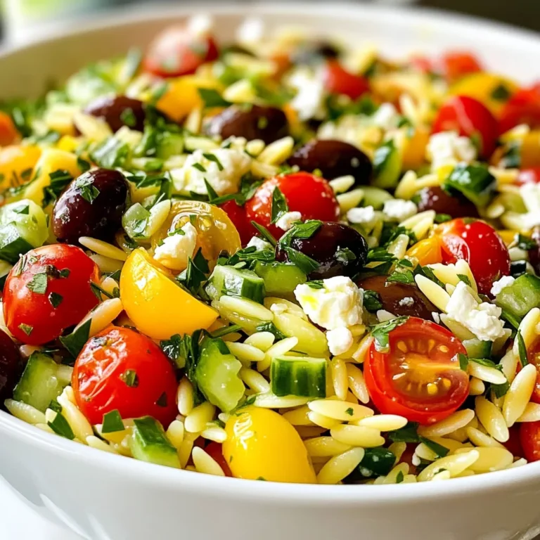 To make this Greek Orzo Salad with Feta, you will need: - 1 cup orzo pasta - 1 cup cherry tomatoes, halved - 1 cucumber, diced - 1 red bell pepper, chopped - 1/2 red onion, finely chopped - 1/2 cup Kalamata olives, pitted and halved - 1 cup feta cheese, crumbled - 1/4 cup fresh parsley, chopped This mix of fresh veggies and orzo creates a vibrant dish. The orzo adds a nice bite, while the veggies bring color and crunch. Feta cheese gives the salad a creamy and tangy taste. Kalamata olives add a salty, briny kick. For the dressing, gather these simple ingredients: - 1/4 cup olive oil - 2 tablespoons red wine vinegar (or substitute with lemon juice) - 1 tablespoon dried oregano - Salt and pepper to taste The olive oil and vinegar blend into a rich dressing. Oregano adds an earthy flavor that ties everything together. Adjust the salt and pepper to your liking. This dressing is key to a tasty salad. You can make this salad even better with some optional add-ins, like: - Chopped bell peppers in different colors - Cooked chickpeas for protein - Fresh herbs like dill or mint Feel free to get creative! Adding different colors and textures really makes the dish pop. These choices let you customize the salad based on what you love or have on hand. {{ingredient_image_1}} Start by bringing a pot of salted water to a boil. Add 1 cup of orzo pasta. Cook it for about 8-10 minutes. Check the package for exact timing. You want the orzo to be al dente. Once it’s done, drain the orzo. Rinse it under cold water to stop the cooking. This keeps it from getting mushy. While the orzo cooks, you can prepare the vegetables. Take 1 cup of cherry tomatoes and cut them in half. Dice 1 cucumber into small pieces. Next, chop 1 red bell pepper into bite-sized pieces. Finally, finely chop 1/2 of a red onion. Set all these veggies aside in a bowl. In a large mixing bowl, combine the cooled orzo with the prepared vegetables. Add the halved Kalamata olives, crumbled feta cheese, and 1/4 cup of chopped fresh parsley. To make the dressing, mix 1/4 cup of olive oil, 2 tablespoons of red wine vinegar (or lemon juice), 1 tablespoon of dried oregano, and some salt and pepper in a small bowl. Whisk it together until well combined. Pour the dressing over the salad mix and toss gently. Make sure everything is well-coated. Taste it and adjust the seasoning if needed. Let the salad sit for about 15 minutes at room temperature. This helps the flavors blend together. You can also refrigerate it for up to 1 hour before serving. When ready, serve the salad in a large, shallow bowl. For a nice touch, add more feta and parsley on top. A drizzle of extra olive oil adds flavor and shine. Enjoy your colorful Greek orzo salad! When making Greek Orzo Salad, start with fresh, ripe tomatoes. Look for firm, bright cherry tomatoes. Select cucumbers that are crisp and not too soft. Choose a red bell pepper that feels heavy for its size. For olives, pick good-quality Kalamata olives; they should be plump and shiny. Finally, use real feta cheese, not the crumbled kind in a plastic tub. Fresh feta adds the best flavor and texture to your salad. The dressing is key to your salad's taste. Mix olive oil with red wine vinegar for a tangy kick. If you like, swap the vinegar with lemon juice for a different flavor. Whisk these together with dried oregano, salt, and pepper. Taste it before adding to the salad. If it feels flat, add more salt or vinegar. A good dressing should brighten all the other flavors and tie the salad together. Letting your salad sit for a bit enhances its flavors. After mixing in the dressing, let the salad rest for 15 minutes at room temperature. This time helps the orzo soak up the dressing. If you can, chill it in the fridge for up to an hour. This waiting time makes each bite more flavorful and refreshing. Pro Tips Cook Orzo Al Dente: Ensure the orzo is cooked al dente for the perfect texture. It will continue to absorb dressing and moisture as it sits, so avoid overcooking. Use Fresh Herbs: Fresh parsley adds a vibrant flavor to the salad. You can also experiment with fresh dill or mint for a different twist. Chill for Best Flavor: Allow the salad to chill for at least 15 minutes before serving. This resting time helps the flavors meld beautifully. Customize Ingredients: Feel free to add or substitute ingredients based on your preferences, such as adding artichokes or bell pepper varieties for extra flavor and color. {{image_2}} You can boost your Greek orzo salad by using fresh herbs. Try adding mint or dill for a bright taste. You can also use sun-dried tomatoes for a sweet touch. Roasted red peppers add a smoky flavor. For crunch, consider tossing in some toasted pine nuts or walnuts. These additions create a delightful twist that keeps things exciting. To make your salad a full meal, consider adding protein. Grilled chicken or shrimp pairs well with the flavors. For a vegetarian option, chickpeas or black beans add a hearty touch. You can also use quinoa for extra protein and texture. These choices turn your salad into a filling dish that satisfies hunger. If you're looking for gluten-free options, swap orzo for quinoa or rice. These grains work well with the salad's flavors. You can also use gluten-free pasta if you prefer that texture. Just make sure to cook them according to package instructions. This way, everyone can enjoy a tasty Greek-inspired meal without worry. To store Greek Orzo Salad, place it in an airtight container. This keeps the salad fresh and prevents it from drying out. Make sure to use a container that seals well. You can store it in the fridge for up to five days. Keep the salad dressing separate if you want it to stay crisp. You don’t need to heat Greek Orzo Salad. It tastes best cold or at room temperature. If you want to warm it, do so gently. Use a microwave for about 30 seconds, but avoid overheating. Too much heat can change the texture of the veggies and cheese. The salad lasts in the fridge for about five days. After that, the flavors may fade. If you notice any off smells or changes in texture, it’s best to toss it. Always check the salad before serving. For best taste, enjoy it within two to three days. Yes, you can make Greek Orzo Salad ahead of time. In fact, it tastes even better after sitting. Prepare it a few hours before serving. Just store it in the fridge. This lets the flavors blend nicely. If you make it a day early, that works too! If you don’t have feta cheese, try using goat cheese. It gives a similar tangy flavor. You can also use ricotta for a creamier taste. For a non-dairy option, consider using tofu. Crumble firm tofu and mix it with lemon juice and herbs for a nice touch. To make this salad vegan, skip the feta cheese. Use a plant-based cheese instead. You can also add more nuts or seeds for texture. Almonds or sunflower seeds work great. Be sure to check the dressing too. Use lemon juice instead of red wine vinegar if needed. You can add many different vegetables to this salad. Try bell peppers in different colors for sweetness. Zucchini adds a nice crunch. Carrots or radishes add some spice. You can even toss in some spinach or arugula for extra greens. Mix and match based on what you love! In this blog post, I shared how to make Greek Orzo Salad. We talked about key ingredients, dressings, and optional add-ins. I provided clear steps for cooking, mixing, and serving the dish. My tips helped you choose quality items and perfect your dressing. This salad is versatile and fun. You can add protein, go gluten-free, or choose fresh veggies. With proper storage, your leftovers can last days. Enjoy this delicious dish often, and make it your own!