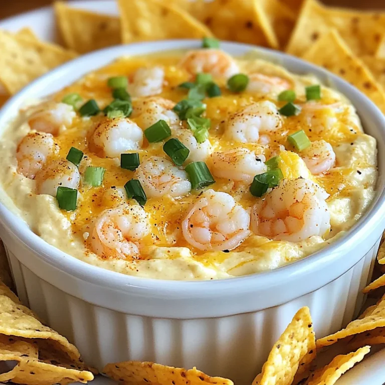 To make Creamy Cajun Shrimp Dip, you need the following: - 1 pound (450g) shrimp, peeled and deveined - 8 oz (226g) cream cheese, softened - 1 cup sour cream - 1 cup shredded sharp cheddar cheese - 2 tablespoons Cajun seasoning - 1 tablespoon lemon juice - 1 clove garlic, minced - 1/4 cup green onions, chopped (plus extra for garnish) - Salt and pepper to taste - Tortilla chips or sliced baguette for serving If you can't find some ingredients, here are some easy swaps: - Shrimp: You can use cooked shrimp or even crab meat. - Cream Cheese: Neufchâtel cheese works too if you want a lighter dip. - Sour Cream: Greek yogurt can replace sour cream for a tangy twist. - Cheddar Cheese: Try pepper jack for more heat or mozzarella for a milder taste. - Cajun Seasoning: Make your own by mixing paprika, garlic powder, and cayenne. - Green Onions: Chives or diced red onion can add great flavor as well. Garnishing adds color and flair to your dish. Here are some tasty ideas: - Extra chopped green onions for a fresh touch. - Lemon wedges for a zesty bite. - A sprinkle of paprika for a pop of color. - Fresh parsley for a touch of green. With these ingredients and tips, your Creamy Cajun Shrimp Dip will be a hit at any gathering! {{ingredient_image_1}} Start by getting your shrimp ready. Heat a large skillet on medium heat. Add a splash of water or olive oil. Once hot, place the shrimp in the skillet. Cook them for about 3 to 4 minutes. They should turn pink and become firm. When done, take them off the heat. Let them cool for a bit, then chop the shrimp into small pieces. This makes it easy to mix in the dip. Next, you will make the creamy base. In a large bowl, add the softened cream cheese and sour cream. Use a hand mixer or spatula to mix them until smooth. You want it creamy and well-blended. After that, stir in the shredded cheddar cheese. Add the Cajun seasoning, lemon juice, minced garlic, and chopped green onions. Mix everything well to combine these flavors. Now it's time to bring it all together. Gently fold the chopped shrimp into the creamy mix. Make sure the shrimp is evenly spread throughout. Season with salt and pepper to taste for extra flavor. Once mixed, transfer the dip to a serving dish. Cover it and refrigerate for at least 30 minutes. This helps the flavors mix. Before serving, garnish with extra chopped green onions for a fresh touch. Enjoy this tasty dip with tortilla chips or sliced baguette! To cook shrimp well, start with fresh shrimp. Look for shrimp that smell clean. Heat a skillet over medium heat. Add a splash of water or olive oil. Once hot, add the shrimp. Cook them for 3-4 minutes until they turn pink. Do not overcook them; they can get tough. After cooking, let them cool a bit. Chop the shrimp into smaller pieces for the dip. A creamy dip needs a smooth base. Start with softened cream cheese. It blends better this way. Use a hand mixer or spatula for mixing. Next, add sour cream to enhance creaminess. Mix until you have a smooth blend. If it's too thick, add a bit more sour cream. This will help it spread easily. Seasoning is key to great flavor. Use Cajun seasoning for that spicy kick. Two tablespoons should do the trick. Add lemon juice for brightness and balance. Minced garlic gives depth to the flavor. Don't forget to taste as you go! Adjust salt and pepper for your liking. For extra freshness, toss in chopped green onions. Pro Tips Perfectly Cooked Shrimp: Be careful not to overcook the shrimp; they should be just pink and opaque. Remove them from heat as soon as they're done to prevent rubbery texture. Flavor Enhancement: Allow the dip to chill for at least 30 minutes before serving. This resting period lets the flavors meld together for a more delicious taste. Cajun Seasoning Variations: Experiment with different Cajun seasoning blends or adjust the amount to suit your spice preference. You can also add a dash of hot sauce for extra heat! Serving Suggestions: Serve the dip with a variety of dippers, such as veggie sticks, pita chips, or crackers, to cater to different tastes and dietary preferences. {{image_2}} If you love heat, add more Cajun seasoning. You can also mix in hot sauce. Try a dash of cayenne pepper for a fiery kick. You can even use spicy shrimp. Just sauté them with extra spices. This way, each bite will pack a punch. For a vegetarian version, swap shrimp for artichokes or roasted red peppers. They give a nice texture. You can also use black beans for added protein. Just make sure to keep the Cajun seasoning. It adds that bold flavor we all love. Cheese can change the dip’s taste. Instead of cheddar, try pepper jack for a spicy twist. Cream cheese can be replaced with goat cheese for a tangy flavor. You can also use a dairy-free cheese if needed. Just ensure it melts well when mixed. Each option will create a unique dip. Store your Creamy Cajun Shrimp Dip in an airtight container. This keeps it fresh and tasty. Place it in the fridge right after serving. It stays good for about three days. If you notice any change in smell or color, it’s best to throw it out. Always check before you dig in! You can freeze this dip if you have leftovers. Use a freezer-safe container for best results. Make sure to leave some space at the top. The dip expands when it freezes. It can last up to three months in the freezer. When you're ready to eat it, just thaw it in the fridge overnight. To reheat, scoop the dip into an oven-safe dish. Warm it in the oven at 350°F until hot. This should take about 15-20 minutes. Stir it halfway through for even heat. If it seems dry, add a bit of sour cream or cream cheese. This keeps the dip creamy and delicious! Yes, you can use frozen shrimp. Just make sure to thaw them first. Place the shrimp in the fridge overnight, or put them in a bowl of cold water for quick thawing. After thawing, peel and devein the shrimp if needed. Cook them as you would fresh shrimp. This dip will still taste great! You can store the dip in the fridge for up to three days. Keep it in an airtight container to maintain its freshness. If you need to keep it longer, consider freezing it. Just be aware that the texture might change a bit when thawed. Serve the dip with tortilla chips or sliced baguette. Both options add crunch and flavor. You can also add some veggies like celery or bell peppers for a fresh twist. For an extra touch, serve with lemon wedges for a zesty kick. This blog post covers everything you need to make a delicious shrimp dip. We discussed key ingredients, measurements, and substitutes. You learned how to prepare shrimp and mix a creamy base. I shared tips for cooking the shrimp and getting the best flavor. I also offered tasty variations and storage methods. In conclusion, this recipe is simple and full of flavor. Now you can impress your friends with your cooking skills and enjoy every bite. Making this dip will enhance any gathering and bring smiles all around.