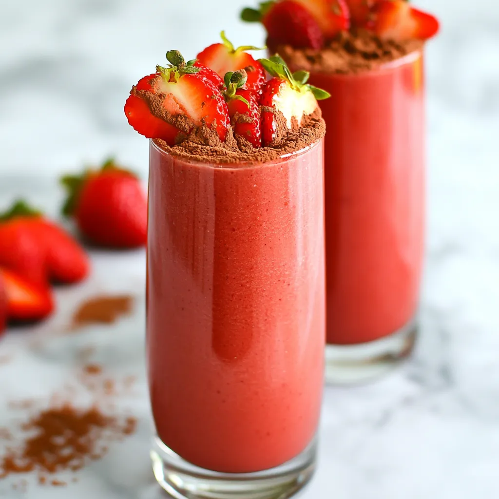 - 1 cup fresh strawberries, hulled - 1 medium banana, frozen - 1 cup almond milk (or milk of choice) Fresh strawberries bring a sweet, fruity flavor. Choose ripe, red ones for the best taste. The frozen banana adds creaminess and natural sweetness. Almond milk gives the smoothie a smooth base. You can swap it for any milk you prefer. - 2 tablespoons cocoa powder - 2 tablespoons honey or maple syrup (adjust for sweetness) - 1 teaspoon vanilla extract Cocoa powder gives the smoothie its chocolate flavor. Honey or maple syrup sweetens it to your liking. Vanilla extract adds a lovely aroma. Adjust the sweetener based on your taste. - 1 tablespoon chia seeds (optional for added nutrition) - 1/4 cup Greek yogurt or dairy-free yogurt Chia seeds boost nutrition and add fiber. Greek yogurt makes the smoothie richer and creamier. If you prefer a dairy-free option, use dairy-free yogurt. These additions can enhance both taste and texture. {{ingredient_image_1}} First, grab your blender. Add 1 cup of fresh strawberries, 1 frozen banana, and 1 cup of almond milk. Blend on high until it is smooth. This step makes the base of your smoothie creamy and delicious. Next, it’s time to add flavor. Add 2 tablespoons of cocoa powder, 2 tablespoons of honey or maple syrup, and 1 teaspoon of vanilla extract to the blender. If you want some extra nutrition, toss in 1 tablespoon of chia seeds. Blend again until everything is mixed well. Now, add 1/4 cup of Greek yogurt to the mix. Blend until creamy and smooth. If the texture seems too thick, add a splash more almond milk. Blend again to reach your desired consistency. Pour the smoothie into tall glasses. You can garnish it with extra sliced strawberries and a sprinkle of cocoa powder for a nice touch. Enjoy your tasty treat! To make your smoothie just right, adjust the thickness by adding more almond milk. If it’s too thin, add more frozen banana or yogurt. Blend on high for 30 seconds to get a smooth mix. For a creamier texture, use full-fat yogurt. Always start with liquids first, then add solids. If you want to change the sweetness, try adding more honey or maple syrup. Start with a small amount, then taste and add more if needed. For a healthier twist, use ripe dates or agave syrup. You can also skip sweeteners if your strawberries are very ripe. For a fun look, serve your smoothie in tall, clear glasses. This shows off the rich, red color. Add whole strawberries on the glass rim for flair. A sprinkle of cocoa powder on top makes it extra special. Use a straw or a spoon to enjoy every sip! Pro Tips Use Frozen Bananas: Frozen bananas add creaminess to the smoothie and help keep it cold without needing ice, which can dilute the flavor. Adjust Sweetness: Everyone's taste buds are different, so start with the lower amount of honey or maple syrup and adjust based on your preference. Add Spinach for Extra Nutrition: If you want to sneak in some greens, add a handful of fresh spinach. It won’t alter the flavor much but will boost the nutrient content. Garnish Creatively: Use not just sliced strawberries, but also a dollop of whipped cream or a few chocolate shavings on top for an extra indulgent touch. {{image_2}} For a dairy-free smoothie, swap almond milk with oat milk or coconut milk. These alternatives keep the smoothie creamy while adding their own unique flavor. You can also use other fruits if you want a twist. Try raspberries for a tart kick or mango for a sweet surprise. To make it richer, add a spoonful of nut butter like almond or peanut. This adds creaminess and a lovely nutty taste. You can also sprinkle in spices like cinnamon or nutmeg. These spices add warmth and depth to your smoothie. In summer, use fresh strawberries, but in winter, frozen strawberries work great. They keep the smoothie cold and thick. You can also change the chocolate flavor. Use dark chocolate for a rich taste or milk chocolate for sweetness. Each choice gives you a new smoothie experience! To keep your smoothie fresh, store it in an airtight container. Glass jars work great. They help keep the taste and nutrients intact. Make sure to fill the jar to the top to prevent air from getting in. This way, your smoothie will stay fresh longer. If you want to prepare meals, freezing is a smart choice. Pour the smoothie into ice cube trays for easy portioning. Once frozen, transfer the cubes to a zip-top bag. This method saves space and makes future smoothies quick to prepare. When you want to enjoy it, just thaw the cubes in the fridge overnight or blend them frozen with a little milk. Your Chocolate Covered Strawberry Smoothie lasts about 1-2 days in the fridge. Check for any off smells or changes in color. If it looks different or smells bad, it’s best to toss it. Keeping an eye on your smoothie helps you enjoy it at its best! You can use many different milk options. Here are some great choices: - Soy milk - Oat milk - Coconut milk - Cashew milk These choices work well and give a nice taste. If you want non-dairy options, any of these fit right in. Each adds its own flavor, so try them all! Yes, you can make this smoothie early. Just blend and store it in a jar. Here are some tips: - Keep it in the fridge for up to 24 hours. - Seal the jar tightly to avoid air exposure. - Shake well before drinking to mix it up again. Smoothies can change color but still taste good. Enjoy it fresh or save it for later! This smoothie has many healthy ingredients. Here’s why it’s good for you: - Strawberries are rich in vitamins and fiber. - Bananas provide potassium and energy. - Greek yogurt boosts protein intake. - Chia seeds add omega-3 fatty acids (optional). In total, this smoothie has about 250 calories per serving. It is a tasty and nutritious choice! This blog post covered how to make a delicious smoothie with fresh and frozen ingredients. We highlighted key components like strawberries, banana, and almond milk, along with sweeteners like honey and cocoa. I shared tips for perfect texture and storage for leftovers too. You can customize the recipe to fit your taste. Enjoy experimenting with flavors and variations. Smoothies can be a fun, healthy treat. With these tips, you’ll make great smoothies every time.