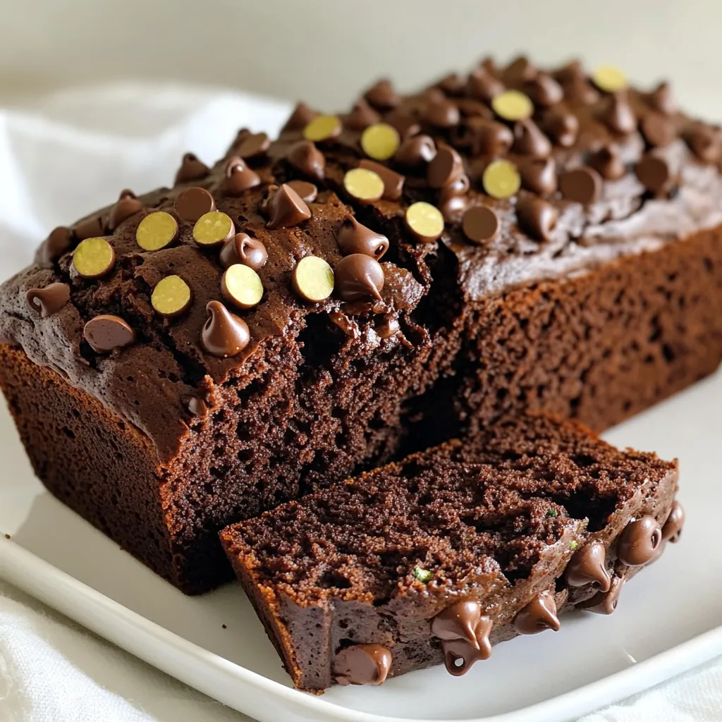 - 1 cup grated zucchini - 1 cup all-purpose flour - 1/2 cup unsweetened cocoa powder - 1/2 teaspoon baking soda - 1/2 teaspoon baking powder - 1/4 teaspoon salt - 1/2 cup granulated sugar - 1/2 cup brown sugar, packed - 2 large eggs - 1/3 cup vegetable oil - 1 teaspoon vanilla extract - 1/2 cup semi-sweet chocolate chips - 1/2 cup chopped walnuts or pecans (optional) I use a medium zucchini for this recipe. Grate it well and squeeze out extra water. This helps keep the bread moist. For the flour, I like all-purpose because it gives the bread the right texture. Unsweetened cocoa powder gives that deep chocolate flavor. Baking soda and baking powder help the bread rise. The salt balances the sweetness. I mix both granulated and brown sugar for better flavor. The eggs bind everything together. I prefer vegetable oil, but melted coconut oil works too. Vanilla extract adds a lovely aroma. I use semi-sweet chocolate chips for that sweet chocolate burst. If you want some crunch, add walnuts or pecans. You can switch out the nuts if you want. Try using almonds or leave them out. For a richer flavor, add dark chocolate chips. You can also use whole wheat flour for a healthier option. If you're feeling adventurous, toss in some spices. A dash of cinnamon or nutmeg adds warmth. To make this recipe vegan, replace eggs with flax eggs and use plant-based oil. First, set your oven to 350°F (175°C). This heat makes your bread rise perfectly. Next, grab a 9x5-inch loaf pan. You can grease it or line it with parchment paper. Lining makes it easier to take out later. In a medium bowl, put together the flour, cocoa powder, baking soda, baking powder, and salt. Whisk these dry items until they mix well. This step is key for even flavor in your bread. Now, take a large bowl and add granulated sugar, brown sugar, and eggs. Whisk these until they are smooth and creamy. Then add vegetable oil and vanilla extract. Mix until everything is well combined. Gently fold in the grated zucchini into your wet mix. It helps keep the bread moist. After that, slowly add the dry mix to the wet mix. Stir just until combined. Avoid overmixing. This keeps your bread fluffy. Next, add in the chocolate chips and nuts if you like. Make sure they spread evenly. Pour the batter into your prepared loaf pan. Smooth the top with a spatula. If you want, sprinkle extra chocolate chips on top. Bake in your oven for 50 to 60 minutes. Check with a toothpick; it should come out clean or with a few moist crumbs. Let the bread cool for 10 minutes in the pan, then transfer it to a wire rack. This cooling helps set the bread nicely. To make your double chocolate zucchini bread perfect, start with fresh zucchini. Grate it finely, then squeeze out extra moisture. This will keep your bread from being too wet. Use a mix of granulated and brown sugar for a rich flavor. The brown sugar adds depth. Mix the dry and wet ingredients separately. Combine them gently. This avoids tough bread. Fold in chocolate chips and nuts last. This ensures even distribution without overmixing. Many people skip squeezing the zucchini. This can lead to soggy bread. Make sure you measure the cocoa powder correctly. Too much can make the bread dry. Do not overmix the batter. A few lumps are okay. Overmixing can toughen the bread. Also, check your oven temperature. An oven that is too hot can burn the bread. To check if your bread is done, use a toothpick. Insert it into the center. If it comes out clean or with a few moist crumbs, it's ready. The top should look set and slightly cracked. Let the bread cool in the pan for about 10 minutes. This helps it firm up before you move it. Enjoy this delicious treat warm or at room temperature! {{image_2}} You can make this bread a bit healthier. Use whole wheat flour instead of all-purpose flour. This adds fiber and nutrients. Swap granulated sugar with honey or maple syrup. It gives a nice sweetness and keeps the bread moist. You can also use unsweetened applesauce for some of the oil. This cuts down on fat and adds flavor. Want a gluten-free version? Use a gluten-free flour blend. Many blends work well in baking. Just make sure it has xanthan gum for the right texture. You can also try almond flour or coconut flour. They add a unique taste. Just adjust the amount since these flours absorb more liquid. You can get creative with flavors too. Try adding spices like cinnamon or nutmeg. These spices give warmth and depth. You could also add a splash of almond extract for a nutty twist. If you love fruit, mix in some dried cherries or cranberries. They pair well with chocolate and add a nice chew. To keep your Double Chocolate Zucchini Bread fresh, place it in an airtight container. This helps to lock in moisture. You can also wrap it in plastic wrap. Store it at room temperature for up to three days. If you want it to last longer, choose the freezer option. To freeze this tasty bread, first, let it cool completely. Once cool, wrap it tightly in plastic wrap. Then, place it in a freezer-safe bag or container. This bread can stay frozen for up to three months. When you're ready to eat it, just thaw it in the fridge overnight. If you want to enjoy warm bread, you can reheat it easily. Preheat your oven to 350°F (175°C). Slice the bread and place it on a baking sheet. Heat it for about 10 minutes. You can also use a microwave. Just heat a slice for about 15-20 seconds. This warms it without drying it out. Enjoy your deliciously moist treat! Yes, you can use frozen zucchini. Just thaw it first and squeeze out the extra water. This keeps your bread moist and fluffy. Using frozen zucchini is a great way to save time and reduce waste. To make this recipe vegan, swap the eggs for flax eggs. Mix 1 tablespoon of ground flaxseed with 2.5 tablespoons of water to replace one egg. Use plant-based oil, like coconut oil, to keep it vegan. Also, check that your chocolate chips are dairy-free. If you don’t have cocoa powder, you can use carob powder instead. Carob has a sweet taste, but it works well in baked goods. Another option is to use dark chocolate, melted and mixed with flour, to get a rich chocolate flavor. You learned about making delicious double chocolate zucchini bread today. We covered the key ingredients, measurements, and optional add-ins. You also saw the step-by-step process from prepping to baking. We shared tips to help you avoid common mistakes and maximize flavor. Plus, you explored fun variations and easy storage ideas. Now, grab those zucchinis and get baking. Enjoy your sweet treat that’s good for you!