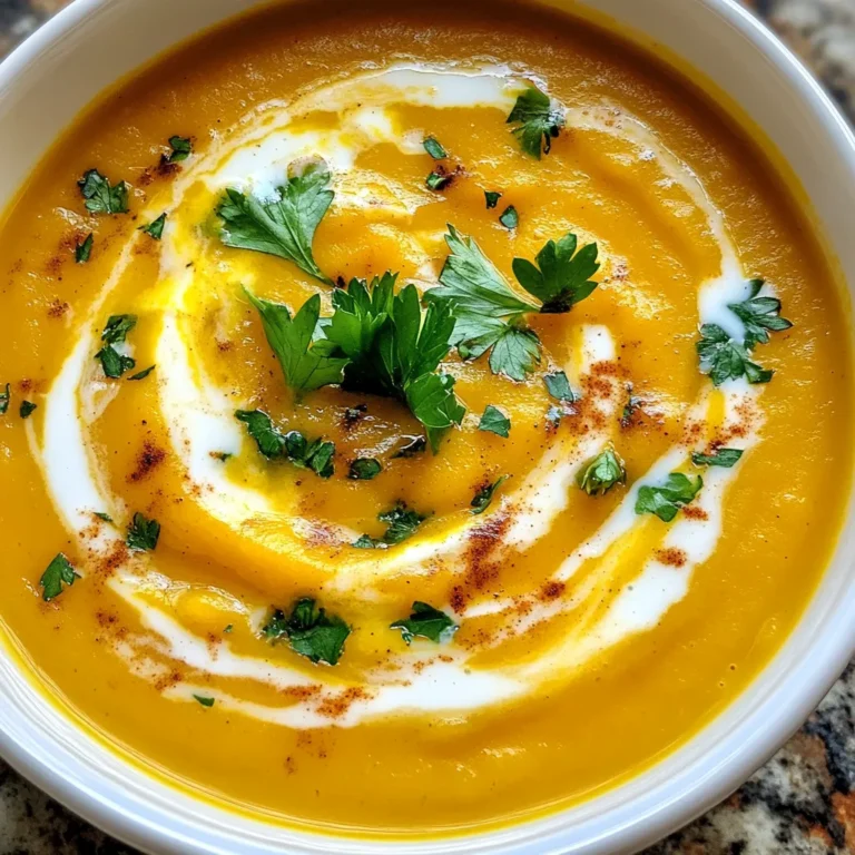 - Medium pumpkin (about 3-4 pounds) - Whole bulb of garlic - Medium onion - Olive oil - Vegetable broth - Ground cumin - Nutmeg - Salt and pepper - Coconut milk - Fresh parsley or cilantro for garnish Gather these ingredients to make a warm bowl of roasted garlic pumpkin soup. Each one adds to the soup's rich flavor. The pumpkin gives a sweet and creamy base. Garlic brings a savory depth that makes this soup unique. The onion adds a slight sweetness, while spices like cumin and nutmeg warm your soul. Using fresh ingredients makes a big difference. Choose a pumpkin that feels heavy for its size. It should have a smooth, firm skin. Selecting a whole bulb of garlic ensures you get that sweet, roasted flavor. The olive oil helps to enhance the roasting process and adds a lovely richness. Coconut milk not only adds creaminess but also a hint of sweetness. This balances the savory flavors nicely. Fresh herbs like parsley or cilantro not only brighten the dish but also give it a pop of color. Each ingredient plays a role in creating a comforting, flavorful soup. Take the time to prep each item well. Peel and dice the pumpkin and chop the onion. This will help everything cook evenly. With these ingredients, you’re all set to create a delicious bowl of roasted garlic pumpkin soup. {{ingredient_image_1}} 1. Preheat your oven to 400°F (200°C). This heat will help caramelize the pumpkin. 2. Cut off the top of the garlic bulb. Drizzle it with olive oil. Wrap it in foil. This keeps the garlic soft and sweet when roasted. 1. Spread the diced pumpkin and chopped onion on a baking sheet. Drizzle with olive oil. 2. Sprinkle salt, pepper, and ground cumin over the veggies. Toss them to coat well. 3. Place the wrapped garlic on the baking sheet. Roast everything in the oven for 30-35 minutes. The pumpkin should be tender and slightly browned. 1. Once the veggies are done, squeeze the roasted garlic into a large pot. The cloves will slide out easily. 2. Add the roasted pumpkin and onion to the pot. Pour in the vegetable broth and nutmeg. Bring it to a simmer over medium heat. 3. Use an immersion blender to puree the soup until smooth. If you don’t have one, transfer it in batches to a blender. 4. Stir in the coconut milk and heat for 5 more minutes. Adjust salt and pepper to taste. Now, your roasted garlic pumpkin soup is ready to enjoy! To peel and dice pumpkin, use a sharp knife. Cut the pumpkin in half and scoop out the seeds. Then, slice it into smaller wedges. Now, remove the skin with your knife. Dice the flesh into small cubes for even cooking. When selecting a pumpkin, look for one that feels heavy for its size. The skin should be firm and free from blemishes. A deep orange color usually means better flavor. Using an immersion blender is easy and quick. You can blend the soup directly in the pot. This method saves time and dirty dishes. Just make sure to keep it low to avoid splatters. If you use a traditional blender, let the soup cool slightly first. Blend in batches to avoid overflow. Always cover the lid with a towel to protect yourself from hot soup. Garnish your soup with fresh parsley or cilantro for a pop of color. You can also drizzle in some extra coconut milk for creaminess. Serve with warm bread or crackers on the side for a complete meal. Pro Tips Choose the Right Pumpkin: Opt for a sugar or pie pumpkin for a sweeter, creamier soup. These varieties are specifically grown for cooking and have a better flavor than larger decorative pumpkins. Roast the Garlic Longer: If you prefer a deeper, sweeter garlic flavor, roast the garlic for an extra 10-15 minutes. This will caramelize the garlic even more, enhancing the overall taste of your soup. Adjusting Consistency: If the soup is too thick, gradually add more vegetable broth or coconut milk until you reach your desired consistency. Always taste and adjust seasoning after adding more liquid. Garnish Creatively: Experiment with different garnishes like toasted pumpkin seeds, a drizzle of balsamic reduction, or a swirl of coconut cream. These add texture and visual appeal to your dish. {{image_2}} If you want to switch things up, you can easily change the broth. Use chicken broth instead of vegetable broth for a richer taste. For a lighter option, consider using water or homemade broth. If you're looking for dairy-free or vegan options, coconut milk is a great choice. It adds creaminess without dairy. You can also try almond milk or cashew cream to keep it light and flavorful. To boost the taste, consider adding herbs like thyme or rosemary. These herbs bring a fresh touch to the soup. If you like heat, a pinch of cayenne pepper can spice things up. For toppings, try adding toasted pumpkin seeds or croutons for a crunch. A drizzle of balsamic glaze can also add a nice tang. Fresh herbs like parsley or cilantro can enhance the look and taste. In fall, add warm spices like cinnamon or allspice for a cozy feel. These spices complement the pumpkin's sweetness. You might also add apples for a fruity twist. In winter, try adding root vegetables like carrots or sweet potatoes. These will add depth and warmth to the soup. You can also mix in kale or spinach for added nutrients. To keep your roasted garlic pumpkin soup fresh, store it in the fridge. Use an airtight container for best results. This helps to keep out air and moisture. The soup stays good for about 3 to 5 days. Always cool the soup to room temperature before sealing it. This step helps to avoid condensation. Freezing soup is a great way to save it. First, let the soup cool completely. Pour it into freezer-safe containers or bags. Leave some space at the top for expansion. It can last up to 3 months in the freezer. When you are ready to eat, take it out and thaw it overnight in the fridge. Reheat it in a pot on low heat. Stir often to keep it smooth and creamy. Making this soup ahead of time is easy. You can roast the pumpkin and garlic a day before. Store them in the fridge. When you are ready, blend them with the broth and coconut milk. This way, you have a quick meal ready for busy days. It’s perfect for lunch or dinner, and it warms you up nicely! How long does roasted garlic pumpkin soup last in the fridge? Roasted garlic pumpkin soup lasts about 4 to 5 days in the fridge. Store it in a sealed container. It tastes better as the flavors meld. Can I make this soup ahead of time? Yes, you can make this soup a day or two ahead. Just reheat it on the stove before serving. This soup is great for meal prep! What can I serve with pumpkin soup? You can serve pumpkin soup with crusty bread, a side salad, or grilled cheese. These pair nicely and add texture to your meal. Caloric content per serving Each serving of roasted garlic pumpkin soup has about 200 to 250 calories. This can vary based on portion size and extra toppings. Health benefits of key ingredients - Pumpkin: Rich in vitamins A and C, good for your vision and skin. - Garlic: Boosts your immune system and has anti-inflammatory properties. - Coconut milk: Offers healthy fats that may help with heart health. How to make the soup creamier To make the soup creamier, add more coconut milk. You can also use heavy cream if you prefer. Blend it well for a smooth texture. Adjusting spice levels for personal preference You can adjust the spice levels by adding more or less cumin and nutmeg. Taste as you go to find what you like best! This blog post takes you through the joys of making roasted garlic pumpkin soup. We covered key ingredients, step-by-step cooking methods, and tips for perfect results. Each section helps you create a flavorful dish that warms the heart. Remember to explore variations and storage options to suit your needs. Cooking can be simple and fun with the right guidance. Enjoy your soup-making journey!