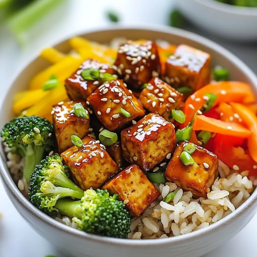 To make Teriyaki Tofu Rice Bowls, gather these key items: - 1 block (14 oz) firm tofu, pressed and cubed - 1 cup brown rice - 2 cups vegetable broth (or water) - 1 cup broccoli florets - 1 bell pepper, sliced (any color) - 1 carrot, julienned - 2 tablespoons vegetable oil - 1 tablespoon sesame oil - 4 tablespoons soy sauce - 2 tablespoons mirin (or substitute with additional honey or agave syrup) - 2 tablespoons honey (or agave syrup for vegan option) - 1 teaspoon grated fresh ginger - 1 garlic clove, minced - 1 tablespoon sesame seeds - Green onions, chopped for garnish These ingredients create a perfect balance of flavors and textures. Measuring your ingredients helps keep the dish tasty and balanced. Use a liquid measuring cup for the vegetable broth and a dry one for the rice. Make sure to press the tofu well. This step removes excess water and helps the tofu absorb flavor. Each ingredient plays a role. The rice serves as a hearty base, while the tofu adds protein and richness. The vegetables bring color and crunch. You can customize your Teriyaki Tofu Rice Bowls easily. If you want a different grain, use quinoa or jasmine rice instead of brown rice. For the tofu, try tempeh for a unique flavor. If you need a soy-free option, coconut aminos works well in place of soy sauce. You can also swap out vegetables based on your tastes. Snow peas, zucchini, or mushrooms make great alternatives. Just remember, keep the cooking times similar for best results. {{ingredient_image_1}} To start, rinse 1 cup of brown rice under cold water. This helps remove excess starch. Next, combine the rinsed rice and 2 cups of vegetable broth or water in a pot. Bring this mixture to a boil. Once boiling, reduce the heat to low. Cover the pot and let it simmer for about 45 minutes. The rice is ready when all the liquid is absorbed. Fluff the rice with a fork and set it aside. While the rice cooks, you can whip up the teriyaki sauce. In a small bowl, mix together 4 tablespoons of soy sauce, 2 tablespoons of mirin, and 2 tablespoons of honey. Add in 1 teaspoon of grated fresh ginger and 1 minced garlic clove. Whisk it all together until smooth. Set this tasty sauce aside for later. Now, let’s turn to the tofu. Heat 2 tablespoons of vegetable oil in a large skillet over medium-high heat. Once hot, add 1 block of pressed and cubed tofu. Cook the tofu for about 5 to 7 minutes. You want it to be golden brown on all sides. This step adds great flavor and texture. After browning, pour the teriyaki sauce over the tofu. Let it simmer for 2 to 3 minutes so the sauce thickens a bit. In another skillet, heat 1 tablespoon of sesame oil over medium heat. Add 1 cup of broccoli florets, 1 sliced bell pepper, and 1 julienned carrot. Stir-fry these veggies for about 5 minutes. You want them to be tender but still crisp. This adds a nice crunch to your bowls. Now it’s time to put it all together! Start with a generous scoop of the brown rice at the bottom of each bowl. Top it with the glazed tofu and the stir-fried vegetables. For a finishing touch, sprinkle sesame seeds on top and add chopped green onions for color and flavor. Enjoy your Teriyaki Tofu Rice Bowls! Tofu holds water, which makes it less tasty. Pressing removes this water. Wrap the tofu in a clean towel. Place a heavy object on top, like a skillet or canned goods. Let it sit for at least 15 to 30 minutes. This step helps the tofu absorb flavors better. A good teriyaki sauce is key. Start with soy sauce for saltiness. Mirin adds sweetness and a hint of tang. Honey or agave syrup can enhance this sweetness too. Fresh ginger brings warmth, and garlic adds depth. Mix all these ingredients well, and let them sit a few minutes. This lets the flavors blend and grow strong. Timing is crucial for cooking vegetables. Heat your skillet well before adding oil. Use medium heat for even cooking. Add the broccoli, bell pepper, and carrot together. Stir-fry them for about 5 minutes. You want them tender but still crisp. This keeps their bright colors and nutrients intact. Enjoy the fresh taste they bring to your bowl. Pro Tips Press Tofu Well: Make sure to press the tofu for at least 30 minutes to remove excess moisture. This helps it absorb more flavor and achieve a crispy texture when cooked. Customize Vegetables: Feel free to swap in your favorite vegetables based on what you have on hand or what’s in season. Zucchini, snap peas, or bok choy can work beautifully in this dish. Make Extra Sauce: If you love a saucy bowl, consider doubling the teriyaki sauce ingredients. You can drizzle more over the assembled bowls for added flavor. Garnish Generously: Don’t skip the garnishes! Fresh green onions and sesame seeds add not only flavor but also a lovely visual appeal to your rice bowls. {{image_2}} You can easily make this dish vegan. Just use agave syrup instead of honey. For a gluten-free option, choose gluten-free soy sauce. Many brands offer this. This way, you still enjoy the sweet and savory taste of teriyaki. Feel free to mix in other veggies. Snow peas, snap peas, or zucchini work well. You can also add mushrooms for a meaty texture. These changes keep your bowl fresh and exciting. Each vegetable adds unique flavors and colors. You can boost flavor with spices and herbs. Try adding red pepper flakes for heat. A sprinkle of Chinese five-spice adds depth. Fresh cilantro or basil can brighten the dish. Experiment with what you love. Each addition makes your rice bowl special. To keep your Teriyaki Tofu Rice Bowls fresh, store them in airtight containers. Let the bowls cool down before sealing them. This helps prevent moisture buildup. You can keep them in the fridge for up to three days. If you want to enjoy them later, portion them out. This makes reheating easier. When it's time to eat your leftovers, reheating is key. Use the microwave for quick meals. Place your rice bowl in a microwave-safe dish. Add a splash of water to keep the rice moist. Cover it with a lid or microwave-safe wrap. Heat for about 2-3 minutes. Stir halfway through for even heating. If you want crispy tofu again, reheat it in a skillet. Warm it over medium heat for 5-7 minutes. Freezing is a great way to save your Teriyaki Tofu Rice Bowls. Make sure to cool the bowls completely. Then, divide them into single portions. Use freezer-safe containers or bags. Label them with the date. They can last for about three months in the freezer. To reheat, let them thaw in the fridge overnight. Then, use the microwave or skillet as mentioned above. Enjoy your tasty meal anytime! You can easily make Teriyaki Tofu Rice Bowls vegan. Just replace honey with agave syrup. This simple swap keeps the sweetness. All other ingredients in the recipe are already vegan. Tofu, rice, and veggies are all plant-based. Yes, you can use different types of rice. White rice, jasmine rice, or even quinoa works well. Each type of rice gives a unique taste and texture. Just adjust the cooking time as needed. For example, white rice cooks faster than brown rice. You can pair many things with Teriyaki Tofu Rice Bowls. Try adding edamame for protein. You can also serve with a side salad for freshness. Pickled vegetables or seaweed salad adds extra flavor. These sides will make your meal more exciting! You can store leftovers in the fridge for about three to four days. Make sure to keep them in an airtight container. This helps maintain freshness and flavor. When you're ready to enjoy them, simply reheat in the microwave or on the stove. Teriyaki tofu rice bowls are easy to make and fun to enjoy. We covered the key ingredients, cooking steps, and tips to perfect your dish. You can try different veggies and flavors, too, to make it your own. Store your leftovers right for the best taste later. Now you have everything to create a tasty meal at home. Enjoy the process and savor every bite!